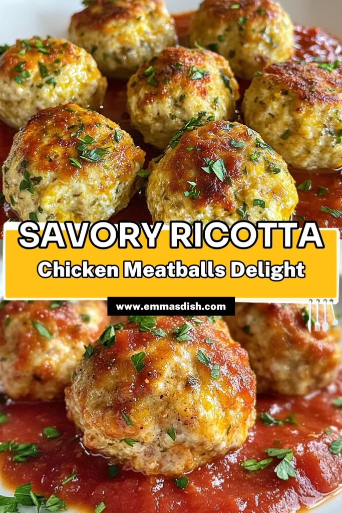 Discover the delicious and healthy ricotta chicken meatballs that will elevate your dinner game! This easy chicken meatball dinner features ground chicken blended with creamy ricotta and seasoned to perfection. Baked meatballs with marinara sauce make for a satisfying meal that everyone will love. Perfect for busy nights, this healthy meatball recipe is a must-try. Save this recipe for a flavorful twist on classic meatballs! #RicottaChickenMeatballs #GroundChickenRecipes #HealthyMeatballRecipe #EasyChickenDinner