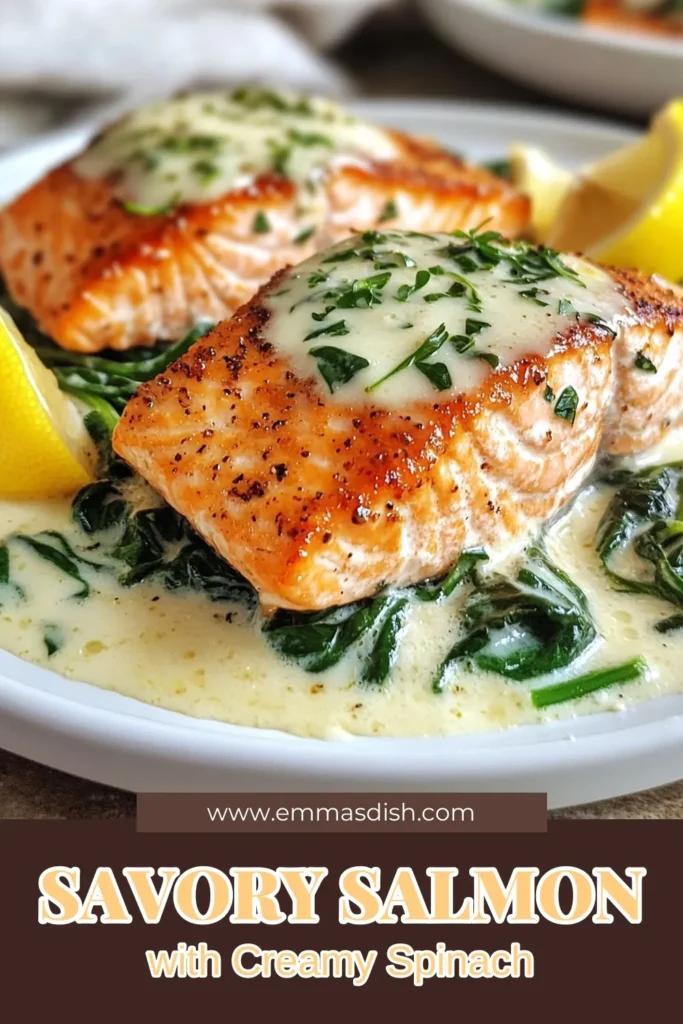Indulge in this Savory Salmon Florentine, a creamy salmon recipe that combines fresh spinach and perfectly baked salmon fillets for a healthy salmon dinner. This Parmesan salmon bake is easy to make and perfect for weeknight meals. Impress your family with this delicious dish in just 30 minutes! Ready to make your dinner extraordinary? Try this recipe now! #SalmonFlorentine #HealthyRecipes #CreamySalmon #DinnerIdeas
