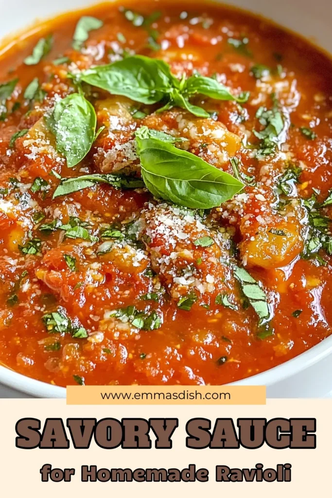 Elevate your pasta night with this easy homemade ravioli sauce that’s perfect for every occasion. This savory pasta sauce recipe combines fresh ingredients to create a delicious tomato sauce for ravioli in just 35 minutes. Whip up a quick Italian sauce that’s vegetarian-friendly and bursting with flavor! Try it today and transform your meal! Save this recipe for a delightful dining experience. #HomemadeRavioliSauce #PastaRecipe #ItalianCooking #VegetarianDelight
