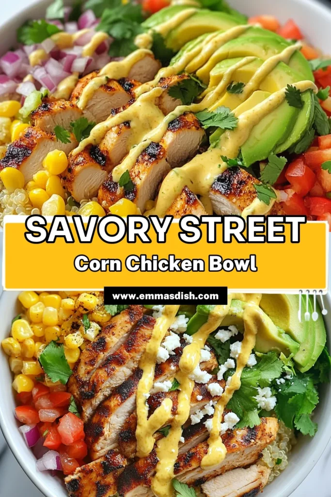 Get ready to enjoy a delicious Street Corn Chicken Bowl that's packed with flavor and nutrition! This Quinoa Chicken Bowl Recipe combines grilled chicken, vibrant corn, and fresh veggies, making it a perfect Easy Chicken Bowl Recipe for any weeknight dinner. Indulge in the festive taste of a Mexican Street Corn Bowl that your family will love. Click for the full recipe, and don’t forget to save it for later! #StreetCornChickenBowl #EasyChickenBowls #GrilledChicken #QuinoaRecipes