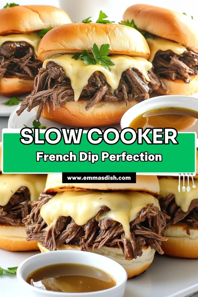 Indulge in the ultimate comfort food with this Savory Slow Cooker French Dip Delight! This mouthwatering recipe features tender beef chuck roast, aromatic herbs, and cheesy hoagie rolls, all made effortlessly in your slow cooker. Perfect for busy days, your family will love these delicious sandwiches served with rich beef broth for dipping. Click through to discover the full recipe and bring this tasty dish to your table today! #SlowCookerRecipes #FrenchDip #ComfortFood #FamilyMeals