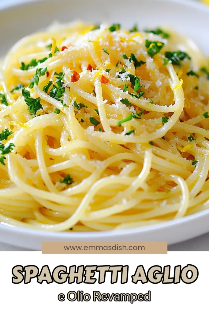Discover the delightful Spaghetti Aglio e Olio recipe, a quick Italian pasta meal that’s bursting with flavor. This olive oil pasta dish features garlic, red pepper flakes, and a zing of lemon for a refreshing twist. Perfect for busy weeknights, this easy spaghetti recipe takes just 25 minutes. Try this lemon garlic spaghetti today and elevate your dinner game! Save this recipe now! #SpaghettiAglioEOlio #ItalianCuisine #PastaRecipes #QuickMeals