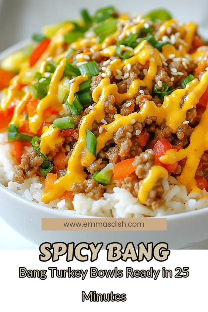 Looking for a delicious and healthy dinner option? Try these Bang Bang Turkey Bowls! This easy ground turkey recipe combines savory turkey, vibrant veggies, and a creamy sriracha sauce for a meal that's bursting with flavor. Perfect for busy weeknights, these healthy turkey bowls are quick to prepare and sure to impress. Don&rsquo;t miss out! Save this recipe for your next meal inspiration. #BangBangTurkeyBowls #GroundTurkeyRecipe #EasyDinnerRecipe #HealthyTurkeyBowl