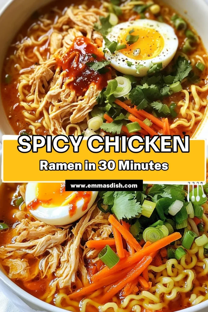 Craving a bowl of heat? Try this Fiery Chicken Ramen! This spicy ramen recipe combines tender chicken thighs, gochujang, and fresh veggies for a delicious meal ready in just 30 minutes. Perfect for a weeknight dinner or a cozy night in, this easy chicken ramen with chicken will surely satisfy your cravings. Don't miss out—save this Instant Ramen with Chicken recipe for your next cooking adventure! #FieryChickenRamen #SpicyRamenRecipe #GochujangChickenRamen #EasyChickenRamen