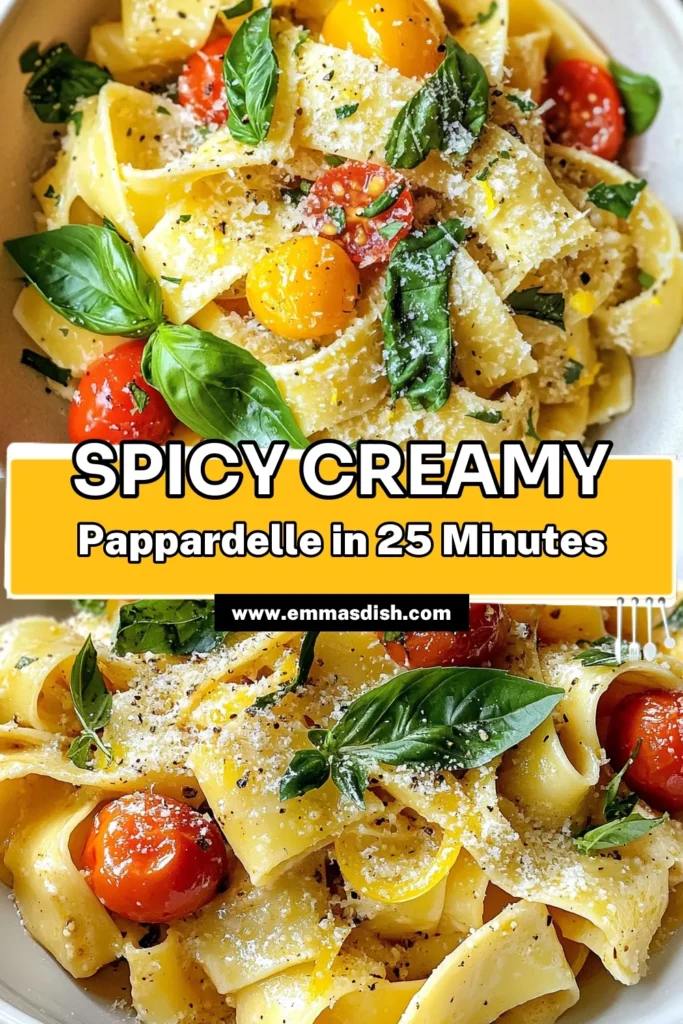 Indulge in this spicy creamy pappardelle, a quick and easy spicy pasta recipe that will tantalize your taste buds! This creamy pasta dish combines tender pappardelle pasta, fresh cherry tomatoes, and a rich cream sauce with a kick of red pepper flakes. Perfect for busy weeknights, this pappardelle pasta recipe is ready in just 25 minutes. Save this delicious recipe and bring some spice to your dinner table! #SpicyPasta #PastaRecipe #CreamyPasta #EasyDinnerIdeas