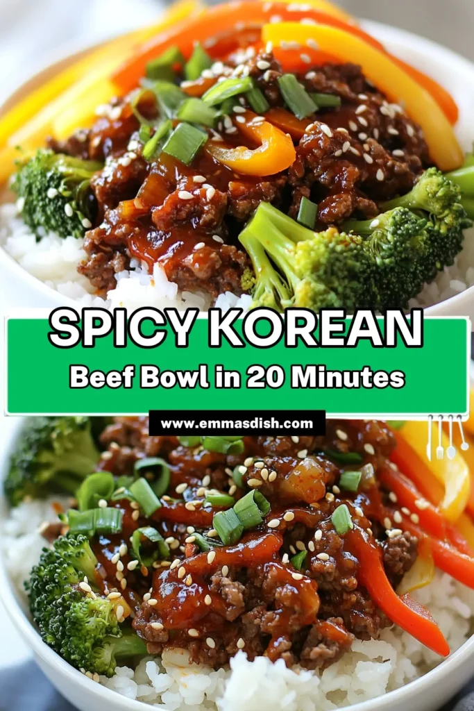 Looking for a delicious and quick dinner? Try this Spicy Korean Beef Bowls recipe! Packed with flavor from gochujang and fresh vegetables, this easy Korean dinner will delight your taste buds. Our spicy beef bowl recipe combines juicy ground beef with vibrant broccoli, carrots, and bell peppers, all served over rice. Perfect for busy weeknights! Save this beef and vegetable bowl recipe to your meal plan today! #KoreanBeefBowls #GochujangRecipes #EasyDinner #SpicyBeefBowl