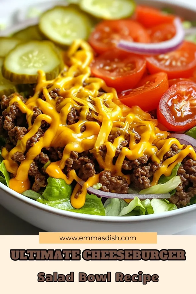 Looking for a delicious and filling meal? Try this easy cheeseburger salad bowl! Packed with healthy ingredients like ground beef, fresh romaine lettuce, and colorful veggies, this healthy salad recipe is perfect for busy weeknights. It's a fantastic low-carb salad option that satisfies your burger cravings without the bun. Make it tonight for a quick dinner that everyone will love! Save this recipe for later! #CheeseburgerSalad #HealthySaladRecipes #GroundBeefSalad #EasyDinnerRecipes