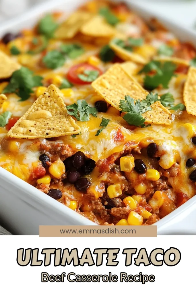 Satisfy your cravings with this Loaded Taco Beef Casserole! This easy beef casserole blends the flavors of a classic taco into a creamy, cheesy delight. Our taco casserole recipe features ground beef, black beans, corn, and lots of cheese, all baked to perfection. Perfect for family dinners, this cheesy taco casserole is sure to impress. Try it today and enjoy a delicious one-pan meal! Save this recipe for later! #TacoCasserole #BeefDinner #DinnerIdeas #CasseroleRecipes
