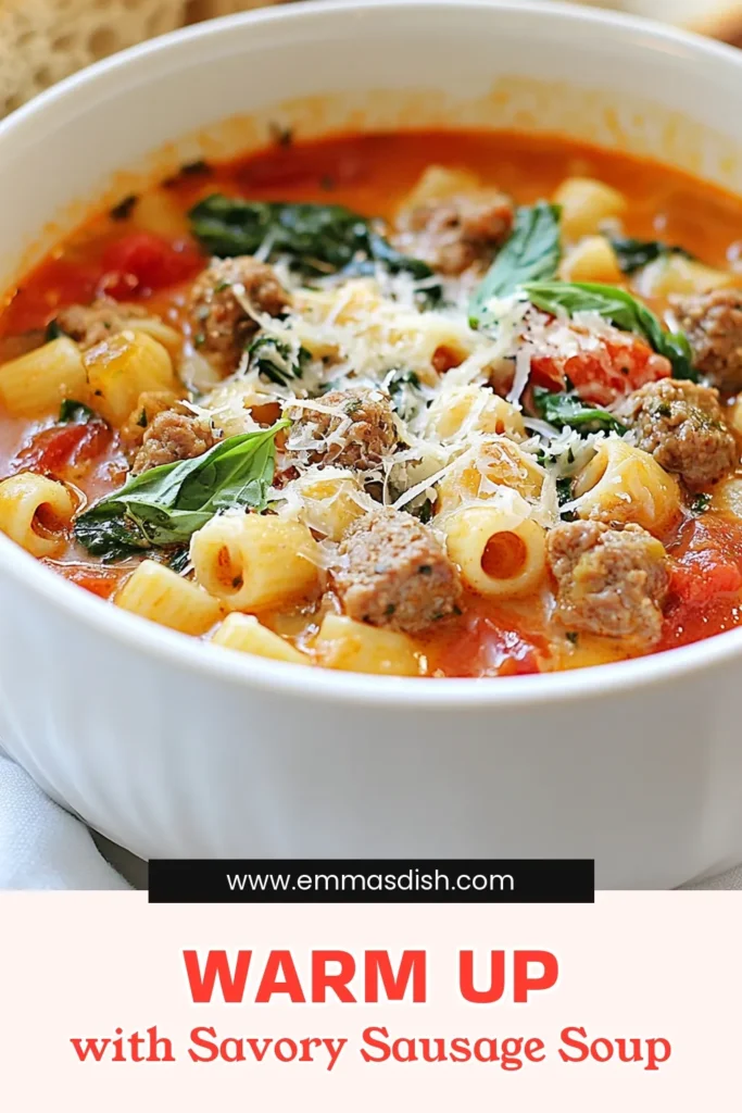Warm up with our hearty Parmesan ditalini soup with sausage, a comforting Italian sausage soup recipe perfect for chilly days. This creamy ditalini pasta soup combines savory Italian sausage, fresh spinach, and rich chicken broth for a delicious meal. Ready in just 30 minutes, it's an easy weeknight dinner that everyone will love. Try this flavorful soup today and enjoy! #ParmesanDitaliniSoup #ItalianSausageSoup #CreamyDitalini #HeartySoup