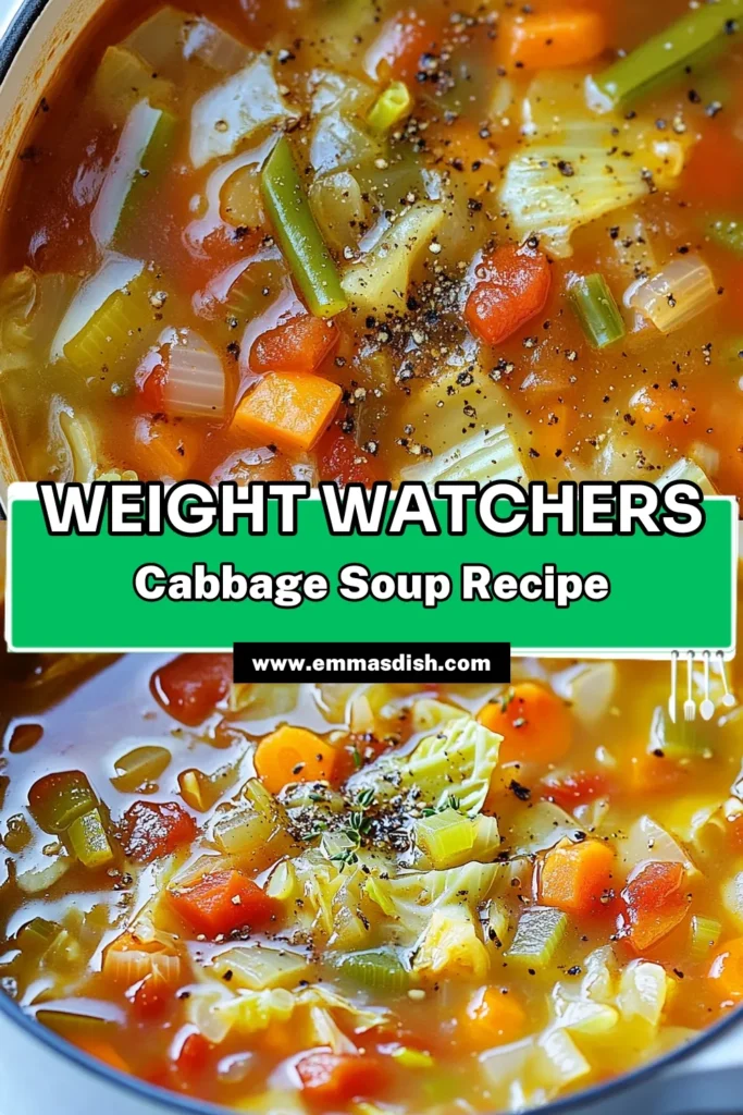 Discover the ultimate Weight Watchers Cabbage Soup recipe, perfect for those seeking low-calorie vegetable soup options! This healthy soup recipe is packed with nutritious veggies and flavored with aromatic herbs, making it a satisfying addition to your Weight Watchers recipes collection. Try this delicious cabbage soup diet recipe today and enjoy a guilt-free bowl of goodness. Save this recipe for a tasty, weight-loss friendly meal! #WeightWatchers #HealthyEating #CabbageSoup #LowCalorieRecipes