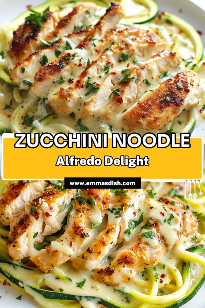 Discover the deliciously creamy Zucchini Noodle Chicken Alfredo, a healthy chicken alfredo recipe that combines tender spiralized zucchini with a rich, low carb alfredo sauce! Perfect for a quick dinner, this easy zucchini noodle dish is a flavorful twist on a classic favorite. Make mealtime healthier without sacrificing taste. Try it tonight and save this recipe for your next meal! #ZucchiniNoodleChickenAlfredo #HealthyChickenAlfredo #SpiralizedZucchiniRecipes #LowCarbAlfredoSauce