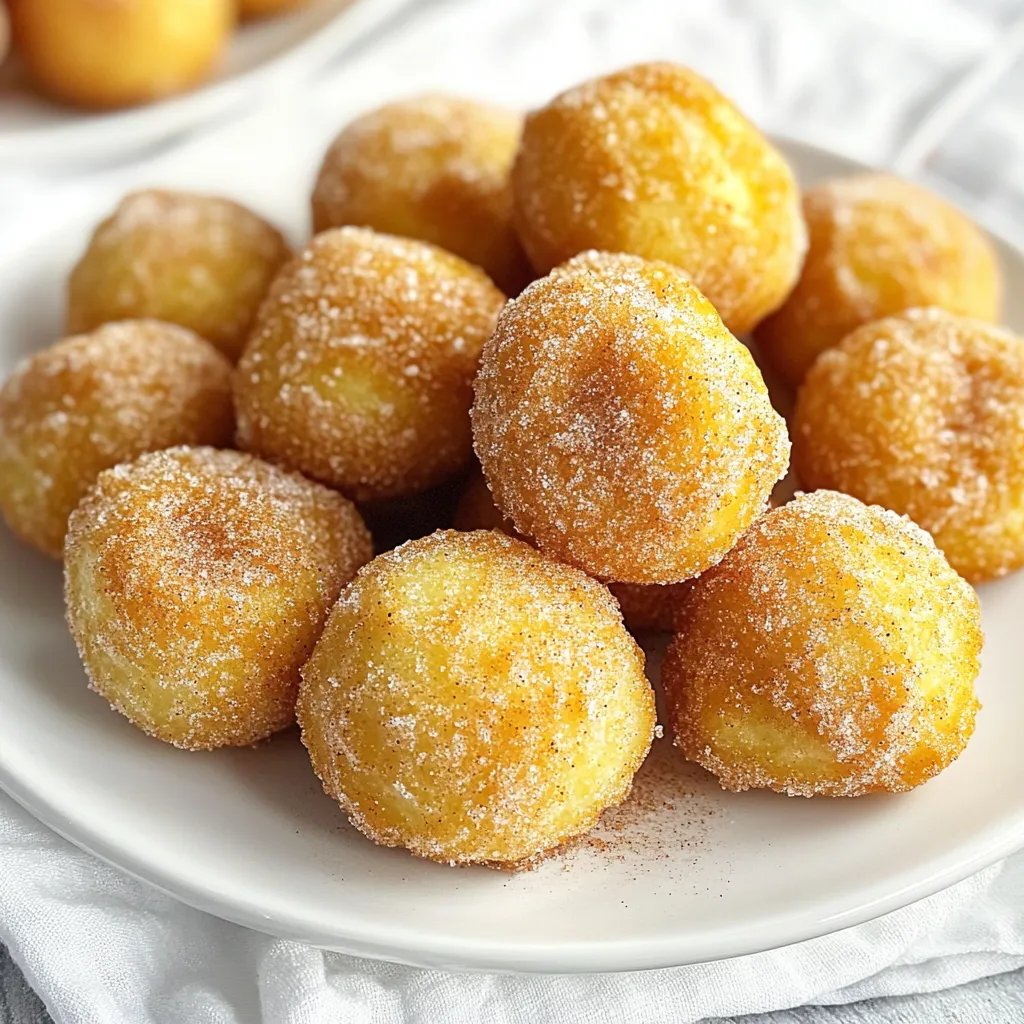 To make churro donut holes, gather these simple ingredients: - 1 cup all-purpose flour - 1/2 cup milk - 1/4 cup granulated sugar - 2 teaspoons baking powder - 1/4 teaspoon salt - 1/4 cup unsalted butter, melted - 1 large egg - 1 teaspoon vanilla extract - 1/2 cup granulated sugar (for coating) - 2 teaspoons ground cinnamon (for coating) - Oil for frying For added flavor, you can consider these options: - A pinch of nutmeg for warmth - A splash of almond extract for a nutty taste - A few drops of orange zest for brightness If you need substitutions, here are a few ideas: - Use whole wheat flour instead of all-purpose flour for more fiber. - Swap almond milk for regular milk to make it dairy-free. - Replace granulated sugar with coconut sugar for a lower glycemic index. - Use margarine instead of butter if you want a vegan option. To make churro donut holes, start by mixing the dry ingredients. In a bowl, add 1 cup of all-purpose flour, 2 teaspoons of baking powder, and 1/4 teaspoon of salt. Use a whisk to blend them well. Next, mix the wet ingredients in a separate bowl. Combine 1/2 cup of milk, 1/4 cup of melted unsalted butter, 1 large egg, 1 teaspoon of vanilla extract, and 1/4 cup of granulated sugar. Stir until the mixture is smooth. Now, slowly add the wet mix to the dry mix. Stir gently until just combined. The batter should feel thick but not dry. Heat oil in a deep pan until it reaches 350°F (175°C). Use a thermometer to check the temperature. This step is key for getting crispy donut holes. When the oil is hot, use a small cookie scoop or your hands to form small balls of dough, about 1 inch wide. Carefully drop a few into the hot oil. Do not overcrowd the pan; this can lower the oil's temperature. Fry each donut hole for about 2-3 minutes. They should turn golden brown. Once they are done, remove them and let them drain on a paper towel-lined plate. This helps remove excess oil and keeps them light. While the donut holes are still warm, prepare to coat them. In a shallow bowl, mix 1/2 cup of granulated sugar with 2 teaspoons of ground cinnamon. Gently roll each warm donut hole in the cinnamon-sugar mixture. Make sure they are well coated. This adds a sweet touch that makes them irresistible. Enjoy your churro donut holes warm for the best taste! Frying churro donut holes can seem tricky, but I have some tips to help. First, use a deep pan for even heat. Fill the pan with oil to at least two inches deep. Heat the oil to 350°F (175°C) before frying. Use a thermometer to check the temperature. If the oil is too cool, the donut holes will absorb too much oil. If it’s too hot, they will burn. When dropping the dough into the oil, do it in small batches. This way, they have room to float. Fry for about 2-3 minutes on each side. Look for a golden brown color. Use a slotted spoon to remove them, and place them on paper towels to drain excess oil. To keep your churro donut holes fresh, store them in an airtight container at room temperature. They taste best the same day, but you can keep them for up to two days. If they become a bit hard, pop them in the microwave for a few seconds. This will soften them up again. If you want to keep them longer, consider freezing them. Place the cooled donut holes in a single layer on a baking sheet. Freeze them for a few hours, then transfer them to a freezer bag. They can last for up to three months. When you’re ready to enjoy them, thaw and reheat in the oven. Churro donut holes are delicious on their own, but you can make them even better! Serve them warm, rolled in cinnamon-sugar, for a sweet treat. Pair them with dipping sauces like chocolate or caramel. You can also serve them with a cup of coffee or hot chocolate for a cozy moment. For fun, try adding toppings like sprinkles or a drizzle of icing. This adds a colorful touch. You can even serve them at parties or gatherings. Everyone will love these tasty bites! {{image_2}} You can change the taste of churro donut holes with fun flavors. For a chocolate twist, add cocoa powder to the dry mix. Try 1/4 cup of cocoa for a rich flavor. For a fall treat, use pumpkin spice. Just mix 1 teaspoon of pumpkin spice into the dry ingredients. You can also add a splash of almond extract for a nutty taste. The options are endless! Want to make these donut holes gluten-free? Swap the all-purpose flour for a gluten-free blend. Choose a blend that works well for baking. Most brands will give similar results in taste and texture. You might need to adjust the liquid. Add a little more milk if the dough feels too thick. Serve churro donut holes with fun dips! Chocolate sauce is a classic choice. You can also use caramel sauce or sweet cream cheese. For a fruity twist, try a berry sauce. To make it more exciting, serve with a sprinkle of sea salt on top. This adds a nice contrast to the sweet flavors. You can even create a donut hole bar! Let guests choose their favorite dips and toppings. To keep your churro donut holes fresh, store them in an airtight container. Make sure they cool completely before sealing. This helps prevent sogginess. They stay good for up to two days at room temperature. If you want them to last longer, consider refrigerating them. They can stay fresh in the fridge for about one week. When you want to enjoy your churro donut holes again, reheating is easy. You can use a microwave or an oven. For the microwave, heat them for about 10-15 seconds. This warms them up but might make them a bit soft. If you prefer a crispy texture, use the oven. Preheat it to 350°F (175°C). Place the donut holes on a baking sheet and heat them for about 5-7 minutes. Freezing churro donut holes is a great way to save them for later. First, let them cool completely. Then, place them in a single layer on a baking sheet. Freeze them for about one hour. After they are firm, transfer them to a freezer bag. Be sure to remove as much air as possible. They can stay in the freezer for up to three months. When you're ready to eat, thaw them in the fridge overnight and reheat as mentioned above. Yes, you can make churro donut holes in advance. You can prepare the dough and store it in the fridge for up to 24 hours. This way, you can fry them fresh when you are ready to eat. Just remember to let the dough sit at room temperature for about 15 minutes before frying. This helps the donut holes cook evenly. For frying churro donut holes, use oils with a high smoke point. Good options include vegetable oil, canola oil, or peanut oil. These oils help fry the dough without burning. Make sure to heat the oil to 350°F (175°C) for the best results. The right temperature ensures that the donut holes cook evenly and get that nice golden color. You can tell that the donut holes are done when they turn a golden brown color. This usually takes about 2-3 minutes on each side. If you want to be extra sure, you can use a kitchen thermometer. The inside should reach about 190°F (88°C) when they are fully cooked. Another way is to poke one with a toothpick. If it comes out clean, they are ready! Churro donut holes are fun and tasty treats. We covered their ingredients, ways to make them, and tips. You learned how to fry them perfectly and keep them fresh. You can also explore unique flavors and serving ideas. With proper storage, these treats can last longer. Enjoy making churro donut holes and share them with friends. They'll love these sweet bites just as much as you do!