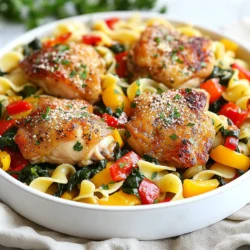 - 4 boneless, skinless chicken thighs - 150g egg noodles or your favorite pasta - 2 tablespoons olive oil - 1 tablespoon unsalted butter - 2 cloves garlic, minced - 1 small onion, finely chopped - 1 cup spinach leaves - 1 bell pepper (red or yellow), sliced - 1 teaspoon dried oregano - 1 teaspoon salt (to taste) - 1/2 teaspoon black pepper - 1/2 cup chicken broth or low-sodium stock - 2 tablespoons grated Parmesan cheese (optional) - Fresh parsley, chopped (for garnish) When I cook this dish, I love using boneless chicken thighs. They stay juicy and tender. For the noodles, I often choose egg noodles since they cook quickly and soak up flavors well. A good olive oil makes a difference too, as it helps the chicken brown nicely. Next, I add some flavor with garlic and onion. They make the kitchen smell amazing while cooking! Bell peppers give a nice crunch, and spinach adds color and nutrition. Don't forget the dried oregano; it ties everything together. Salt and black pepper bring out the best in all the ingredients. Finally, chicken broth gives the dish a rich taste. If you want to add a special touch, sprinkle some grated Parmesan cheese on top. Fresh parsley not only looks great but adds freshness to each bite. This mix of ingredients creates a comforting meal that's easy to make in one pan. {{ingredient_image_1}} First, we need to prep the chicken thighs. Pat them dry with a paper towel. This step helps the seasoning stick better. Next, season both sides with salt, black pepper, and dried oregano. This mix gives the chicken great flavor. Set the chicken aside for now. Now, heat 2 tablespoons of olive oil in a large skillet over medium-high heat. Once the oil is hot, add the seasoned chicken thighs. Cook them for about 5-7 minutes on each side. Look for a nice golden color. Use a meat thermometer to check if they are cooked through. The internal temperature should reach 165°F (75°C). When done, remove the chicken from the skillet and place it on a plate. In the same skillet, lower the heat to medium. Add the chopped onion and minced garlic. Sauté them for about 2 minutes. You want the onion to be translucent and fragrant. Next, add the sliced bell pepper and spinach. Cook for another 3-4 minutes. The spinach should wilt, and the bell pepper should soften. These veggies add depth to our dish. Now, it is time to cook the noodles. Stir in 150g of egg noodles and 1/2 cup of chicken broth. Bring this mixture to a simmer. Cook for about 5-7 minutes. Stir occasionally to prevent the noodles from sticking. Check for doneness by tasting a noodle. It should be al dente, meaning it is firm but not hard. Once the noodles are cooked, return the chicken thighs to the skillet. Add 1 tablespoon of unsalted butter. Toss everything together to mix the flavors. Make sure the butter melts evenly. If you like, sprinkle grated Parmesan cheese on top and toss again. Finally, garnish with fresh parsley. This adds a lovely pop of color and taste before serving. How to achieve juicy chicken every time To get juicy chicken, start with boneless, skinless thighs. These cook evenly and stay moist. Always pat the chicken dry before seasoning. This helps the spices stick better. Season with salt, pepper, and oregano. Let it sit for a few minutes. Cook on medium-high heat for 5-7 minutes per side. Look for a golden brown color. This shows the chicken is cooked properly. Tips for flavorful buttered noodles For tasty buttered noodles, cook them in chicken broth instead of plain water. This adds a rich flavor. Stir the noodles often while cooking. This keeps them from sticking together. Once cooked, add unsalted butter right away. Toss the noodles well to coat them evenly. If you like, sprinkle some grated Parmesan cheese on top before serving. This will enhance the flavor even more. Best skillet or pan for this recipe A large, non-stick skillet works best for this dish. It allows for even cooking and easy cleanup. Make sure it has a lid for simmering the noodles. If you have a cast iron skillet, it can add extra flavor. Just remember to preheat it well before adding the chicken. Essential kitchen tools for efficiency Use a sharp chef’s knife for chopping veggies. A cutting board will make prep easy. A wooden spoon is great for stirring without scratching your pan. If you have a pasta fork, it helps to serve the noodles. Lastly, keep a set of measuring spoons handy for precise seasoning. Pro Tips Use Fresh Ingredients: Fresh vegetables and herbs can elevate the flavor of this dish. Opt for fresh spinach and parsley for the best results. Don't Overcook the Noodles: Keep an eye on the noodles and taste them as they cook. They should be al dente to maintain a good texture in the dish. Customize Your Chicken: Feel free to marinate the chicken thighs in your favorite spices or sauces beforehand for added flavor. Add a Kick: For a bit of heat, consider adding red pepper flakes or a splash of hot sauce when sautéing the vegetables. {{image_2}} You can switch up the chicken in this dish. Try using chicken breasts or drumsticks. Each cut gives a distinct taste and texture. If you're looking for a meatless option, consider using tofu or chickpeas. Both options soak up flavors well and add protein. To boost flavor, add your favorite spices. A pinch of red pepper flakes adds heat. Fresh herbs like basil or thyme also work great. You can swap in seasonal veggies, too. Try zucchini in summer or butternut squash in fall for a fresh twist. If you need a gluten-free option, use rice noodles or quinoa. Both cook quickly and taste great. You can also replace noodles with grains like farro or barley. These options provide a hearty base for the chicken and veggies. To keep your one-pan chicken with buttered noodles fresh, follow these tips. First, let the dish cool down to room temperature. This helps prevent moisture build-up. Next, place the leftovers in an airtight container. Glass or plastic containers work well. Store in the fridge for up to three days. If you need to keep them longer, you can freeze the dish. Just make sure to use a freezer-safe container. Frozen meals can last up to three months while still tasting great. When it comes to reheating, you want to keep the chicken moist and the noodles tender. The best way is to use the stove. Place the leftovers in a pan over low heat. Add a splash of chicken broth to help with moisture. Stir gently until everything is warmed through. If using a microwave, cover the dish with a damp paper towel. This keeps the steam in, which helps prevent drying. Heat in short intervals, stirring in between, until it’s hot. Enjoy your meal just as tasty as before! It takes about 30 minutes to cook One-Pan Chicken with Buttered Noodles. This includes prep time and cooking time. You can enjoy a full meal in less than half an hour. Yes, you can use frozen chicken thighs. Just remember to thaw them first. You can thaw them overnight in the fridge or use the microwave. Make sure they are fully thawed before cooking. Egg noodles work best for this dish, but you can use any pasta you like. Fettuccine or penne also taste great. Choose what you enjoy most or have on hand! Yes, you can prepare parts of this meal ahead of time. You can chop the vegetables and season the chicken the night before. Just store everything in the fridge until you’re ready to cook. Yes, you can substitute fresh spinach with frozen spinach. Just make sure to thaw and drain the frozen spinach before adding it to the dish. This keeps the dish from getting watery. This blog post covered how to make One-Pan Chicken with Buttered Noodles. We explored key ingredients, preparation steps, and cooking tips to create a tasty meal. You can also try different proteins and noodle types to suit your taste. Storing leftovers and reheating properly ensures great flavor for days. I hope you feel confident to try this dish at home! Enjoy cooking and make it your own. After all, happy cooking leads to happy eating!