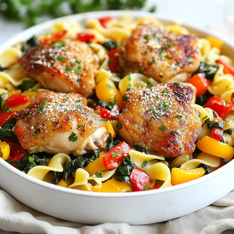 - 4 boneless, skinless chicken thighs - 150g egg noodles or your favorite pasta - 2 tablespoons olive oil - 1 tablespoon unsalted butter - 2 cloves garlic, minced - 1 small onion, finely chopped - 1 cup spinach leaves - 1 bell pepper (red or yellow), sliced - 1 teaspoon dried oregano - 1 teaspoon salt (to taste) - 1/2 teaspoon black pepper - 1/2 cup chicken broth or low-sodium stock - 2 tablespoons grated Parmesan cheese (optional) - Fresh parsley, chopped (for garnish) When I cook this dish, I love using boneless chicken thighs. They stay juicy and tender. For the noodles, I often choose egg noodles since they cook quickly and soak up flavors well. A good olive oil makes a difference too, as it helps the chicken brown nicely. Next, I add some flavor with garlic and onion. They make the kitchen smell amazing while cooking! Bell peppers give a nice crunch, and spinach adds color and nutrition. Don't forget the dried oregano; it ties everything together. Salt and black pepper bring out the best in all the ingredients. Finally, chicken broth gives the dish a rich taste. If you want to add a special touch, sprinkle some grated Parmesan cheese on top. Fresh parsley not only looks great but adds freshness to each bite. This mix of ingredients creates a comforting meal that's easy to make in one pan. {{ingredient_image_1}} First, we need to prep the chicken thighs. Pat them dry with a paper towel. This step helps the seasoning stick better. Next, season both sides with salt, black pepper, and dried oregano. This mix gives the chicken great flavor. Set the chicken aside for now. Now, heat 2 tablespoons of olive oil in a large skillet over medium-high heat. Once the oil is hot, add the seasoned chicken thighs. Cook them for about 5-7 minutes on each side. Look for a nice golden color. Use a meat thermometer to check if they are cooked through. The internal temperature should reach 165°F (75°C). When done, remove the chicken from the skillet and place it on a plate. In the same skillet, lower the heat to medium. Add the chopped onion and minced garlic. Sauté them for about 2 minutes. You want the onion to be translucent and fragrant. Next, add the sliced bell pepper and spinach. Cook for another 3-4 minutes. The spinach should wilt, and the bell pepper should soften. These veggies add depth to our dish. Now, it is time to cook the noodles. Stir in 150g of egg noodles and 1/2 cup of chicken broth. Bring this mixture to a simmer. Cook for about 5-7 minutes. Stir occasionally to prevent the noodles from sticking. Check for doneness by tasting a noodle. It should be al dente, meaning it is firm but not hard. Once the noodles are cooked, return the chicken thighs to the skillet. Add 1 tablespoon of unsalted butter. Toss everything together to mix the flavors. Make sure the butter melts evenly. If you like, sprinkle grated Parmesan cheese on top and toss again. Finally, garnish with fresh parsley. This adds a lovely pop of color and taste before serving. How to achieve juicy chicken every time To get juicy chicken, start with boneless, skinless thighs. These cook evenly and stay moist. Always pat the chicken dry before seasoning. This helps the spices stick better. Season with salt, pepper, and oregano. Let it sit for a few minutes. Cook on medium-high heat for 5-7 minutes per side. Look for a golden brown color. This shows the chicken is cooked properly. Tips for flavorful buttered noodles For tasty buttered noodles, cook them in chicken broth instead of plain water. This adds a rich flavor. Stir the noodles often while cooking. This keeps them from sticking together. Once cooked, add unsalted butter right away. Toss the noodles well to coat them evenly. If you like, sprinkle some grated Parmesan cheese on top before serving. This will enhance the flavor even more. Best skillet or pan for this recipe A large, non-stick skillet works best for this dish. It allows for even cooking and easy cleanup. Make sure it has a lid for simmering the noodles. If you have a cast iron skillet, it can add extra flavor. Just remember to preheat it well before adding the chicken. Essential kitchen tools for efficiency Use a sharp chef’s knife for chopping veggies. A cutting board will make prep easy. A wooden spoon is great for stirring without scratching your pan. If you have a pasta fork, it helps to serve the noodles. Lastly, keep a set of measuring spoons handy for precise seasoning. Pro Tips Use Fresh Ingredients: Fresh vegetables and herbs can elevate the flavor of this dish. Opt for fresh spinach and parsley for the best results. Don't Overcook the Noodles: Keep an eye on the noodles and taste them as they cook. They should be al dente to maintain a good texture in the dish. Customize Your Chicken: Feel free to marinate the chicken thighs in your favorite spices or sauces beforehand for added flavor. Add a Kick: For a bit of heat, consider adding red pepper flakes or a splash of hot sauce when sautéing the vegetables. {{image_2}} You can switch up the chicken in this dish. Try using chicken breasts or drumsticks. Each cut gives a distinct taste and texture. If you're looking for a meatless option, consider using tofu or chickpeas. Both options soak up flavors well and add protein. To boost flavor, add your favorite spices. A pinch of red pepper flakes adds heat. Fresh herbs like basil or thyme also work great. You can swap in seasonal veggies, too. Try zucchini in summer or butternut squash in fall for a fresh twist. If you need a gluten-free option, use rice noodles or quinoa. Both cook quickly and taste great. You can also replace noodles with grains like farro or barley. These options provide a hearty base for the chicken and veggies. To keep your one-pan chicken with buttered noodles fresh, follow these tips. First, let the dish cool down to room temperature. This helps prevent moisture build-up. Next, place the leftovers in an airtight container. Glass or plastic containers work well. Store in the fridge for up to three days. If you need to keep them longer, you can freeze the dish. Just make sure to use a freezer-safe container. Frozen meals can last up to three months while still tasting great. When it comes to reheating, you want to keep the chicken moist and the noodles tender. The best way is to use the stove. Place the leftovers in a pan over low heat. Add a splash of chicken broth to help with moisture. Stir gently until everything is warmed through. If using a microwave, cover the dish with a damp paper towel. This keeps the steam in, which helps prevent drying. Heat in short intervals, stirring in between, until it’s hot. Enjoy your meal just as tasty as before! It takes about 30 minutes to cook One-Pan Chicken with Buttered Noodles. This includes prep time and cooking time. You can enjoy a full meal in less than half an hour. Yes, you can use frozen chicken thighs. Just remember to thaw them first. You can thaw them overnight in the fridge or use the microwave. Make sure they are fully thawed before cooking. Egg noodles work best for this dish, but you can use any pasta you like. Fettuccine or penne also taste great. Choose what you enjoy most or have on hand! Yes, you can prepare parts of this meal ahead of time. You can chop the vegetables and season the chicken the night before. Just store everything in the fridge until you’re ready to cook. Yes, you can substitute fresh spinach with frozen spinach. Just make sure to thaw and drain the frozen spinach before adding it to the dish. This keeps the dish from getting watery. This blog post covered how to make One-Pan Chicken with Buttered Noodles. We explored key ingredients, preparation steps, and cooking tips to create a tasty meal. You can also try different proteins and noodle types to suit your taste. Storing leftovers and reheating properly ensures great flavor for days. I hope you feel confident to try this dish at home! Enjoy cooking and make it your own. After all, happy cooking leads to happy eating!