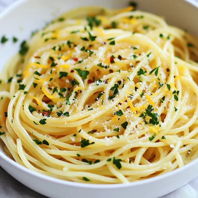 To make Garlic Olive Oil Spaghetti, you need a few simple items: - 200g spaghetti - 4 cloves garlic, thinly sliced - 60ml extra virgin olive oil - 1 teaspoon red pepper flakes (adjust to taste) - 1/4 cup fresh parsley, chopped - Zest of 1 lemon - Salt to taste - Freshly grated Parmesan cheese (optional) These ingredients come together to create a dish that bursts with flavor. The garlic and olive oil form the base, while the red pepper flakes add a nice kick. You can play with the recipe by adding some extras: - Cherry tomatoes, halved - Sliced olives - Fresh basil leaves - A sprinkle of toasted pine nuts These options can give your dish a fresh twist. They add color and extra taste, making each bite exciting. To cook this dish, you will need a few basic tools: - A large pot for boiling water - A large skillet for sautéing - A colander for draining spaghetti - A sharp knife for slicing garlic - A cutting board for prep Having the right tools makes cooking easier and more fun. You can whip up this meal in no time! {{ingredient_image_1}} Start by boiling water in a large pot. Add salt once it boils. Then, add 200g of spaghetti. Cook the spaghetti according to the package instructions. You want it to be al dente, which means it should still have a bite. After cooking, save 1/2 cup of pasta water. Drain the spaghetti and set it aside. In a large skillet, pour in 60ml of extra virgin olive oil. Heat it over medium heat. Once warm, add 4 cloves of thinly sliced garlic. Sprinkle in 1 teaspoon of red pepper flakes for some heat. Stir the mixture often for about 2 to 3 minutes. You want the garlic to turn golden and smell great, but don’t let it brown. This step builds the dish's flavor. Now, add the drained spaghetti into the skillet. Toss it well in the garlic oil until the pasta is well coated. If it feels dry, add a little of the reserved pasta water. Remove the skillet from heat. Stir in 1/4 cup of chopped fresh parsley and the zest of 1 lemon. Taste and add salt as needed. For extra flavor, you can add freshly grated Parmesan cheese on top. Serve the dish right away for the best taste. To cook spaghetti just right, follow these steps: - Use a large pot with plenty of water. - Add salt to the water. This helps flavor the pasta. - Bring the water to a rolling boil before adding spaghetti. - Stir the spaghetti right after adding it to the pot. This stops it from sticking. - Check the pasta package for cooking time. Aim for al dente, which means firm to the bite. - Reserve some pasta water before draining. This water can help if the sauce is too thick. To boost the dish's flavor, consider these tips: - Use high-quality extra virgin olive oil. It makes a big difference. - Slice the garlic thinly for even cooking. This helps it turn golden without burning. - Adjust red pepper flakes to your taste. More flakes add more heat. - Fresh parsley brings brightness. Chop it finely for a better mix. - Add lemon zest for a fresh, zesty kick. It elevates the dish's flavor. How you serve your dish matters! Here’s how: - Use a deep bowl for a beautiful look. - Garnish with extra parsley and a twist of lemon zest. This adds color and flair. - If using Parmesan cheese, sprinkle it on top right before serving. Fresh cheese looks and tastes great. - For an elegant touch, serve with a slice of lemon on the side. This allows guests to add more zest if they wish. Pro Tips Use Fresh Garlic: Fresh garlic adds a vibrant flavor to your dish. Avoid pre-minced garlic for the best results. Adjust Spice Level: Feel free to modify the amount of red pepper flakes based on your heat preference. Start with less if you're unsure. Reserve Pasta Water: Always save some pasta water before draining. It’s perfect for adjusting the sauce consistency. Garnish for Appeal: A sprinkle of extra parsley and a twist of lemon zest not only enhance the flavor but also make your dish visually appealing. {{image_2}} You can make Garlic Olive Oil Spaghetti heartier by adding protein. Chicken, shrimp, or even tofu work well. If you use chicken, grill it first and slice it. For shrimp, sauté them in the garlic oil for a few minutes until they turn pink. Tofu needs a little more love. Cube it, fry until golden, then toss it with the spaghetti. These options add flavor and make your meal more filling. To make this dish more veggie-friendly, consider adding seasonal vegetables. Zucchini, bell peppers, or spinach can brighten up your plate. Sauté your veggies in the garlic oil until soft, then mix them into the pasta. Another fun idea is to add some chickpeas for extra protein and fiber. They blend well with the flavors of garlic and olive oil, making your dish healthy and satisfying. If you need a gluten-free option, swap the spaghetti for gluten-free pasta. Many brands offer great taste and texture. Follow the same cooking steps as you would with regular pasta. You can also use spiralized veggies, like zucchini or carrots, as a base. They add a fresh taste and keep your dish light. Just remember to adjust your cooking time based on what you choose. To keep your garlic olive oil spaghetti fresh, store it in an airtight container. You can place it in the fridge. It will stay good for about three days. Make sure it cools down before you seal it. This helps keep the flavors intact. When it's time to heat up your leftovers, use a pan on low heat. Add a splash of olive oil or a bit of the reserved pasta water. This prevents the spaghetti from drying out. Stir often and heat until it's warm. You can also use the microwave. Just cover the bowl with a lid or parchment paper to keep moisture. You can freeze garlic olive oil spaghetti for later use. Let it cool completely before freezing. Use a freezer-safe bag or container. It can last up to two months in the freezer. When ready to eat, thaw it overnight in the fridge. Then, reheat as mentioned above. This keeps your meal easy and tasty! Garlic olive oil spaghetti has roots in Italian cooking. This dish showcases the simple yet bold flavors of Italy. It highlights the use of garlic and olive oil, both key in Italian cuisine. Many Italian families enjoy this dish as a quick meal. They often use fresh, local ingredients. It’s a staple in homes and restaurants alike. Yes, you can use other pasta shapes. Spaghetti is traditional, but you can try fettuccine or penne. Each type of pasta will change the dish's texture. Just remember to adjust cooking times based on the pasta you choose. The sauce will still cling well, no matter the shape. To add spice, increase the red pepper flakes. Start with an extra half teaspoon and taste as you go. You can also add fresh chili slices for more heat. Another option is to use spicy olive oil. Adjust it to fit your heat preference, and enjoy the extra kick! In this post, we explored how to make Garlic Olive Oil Spaghetti. We covered the key ingredients and tools needed for cooking. I shared step-by-step instructions to guide you through each part of the recipe. We also talked about tips for perfect spaghetti, flavor boosts, and ways to present your dish beautifully. Finally, I offered suggestions for variations and storage. Now you can enjoy a simple, tasty meal any time! Try different toppings and enjoy your unique creation.