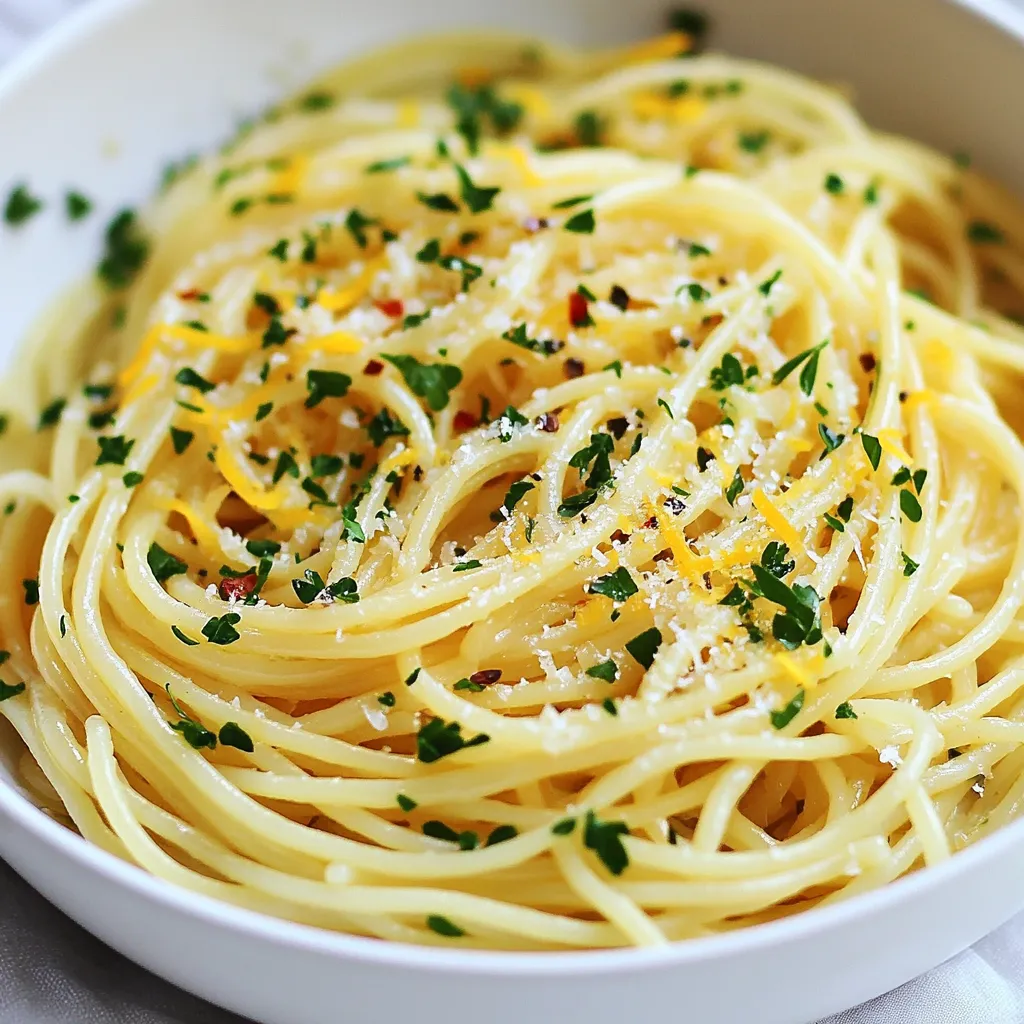 To make Garlic Olive Oil Spaghetti, you need a few simple items: - 200g spaghetti - 4 cloves garlic, thinly sliced - 60ml extra virgin olive oil - 1 teaspoon red pepper flakes (adjust to taste) - 1/4 cup fresh parsley, chopped - Zest of 1 lemon - Salt to taste - Freshly grated Parmesan cheese (optional) These ingredients come together to create a dish that bursts with flavor. The garlic and olive oil form the base, while the red pepper flakes add a nice kick. You can play with the recipe by adding some extras: - Cherry tomatoes, halved - Sliced olives - Fresh basil leaves - A sprinkle of toasted pine nuts These options can give your dish a fresh twist. They add color and extra taste, making each bite exciting. To cook this dish, you will need a few basic tools: - A large pot for boiling water - A large skillet for sautéing - A colander for draining spaghetti - A sharp knife for slicing garlic - A cutting board for prep Having the right tools makes cooking easier and more fun. You can whip up this meal in no time! {{ingredient_image_1}} Start by boiling water in a large pot. Add salt once it boils. Then, add 200g of spaghetti. Cook the spaghetti according to the package instructions. You want it to be al dente, which means it should still have a bite. After cooking, save 1/2 cup of pasta water. Drain the spaghetti and set it aside. In a large skillet, pour in 60ml of extra virgin olive oil. Heat it over medium heat. Once warm, add 4 cloves of thinly sliced garlic. Sprinkle in 1 teaspoon of red pepper flakes for some heat. Stir the mixture often for about 2 to 3 minutes. You want the garlic to turn golden and smell great, but don’t let it brown. This step builds the dish's flavor. Now, add the drained spaghetti into the skillet. Toss it well in the garlic oil until the pasta is well coated. If it feels dry, add a little of the reserved pasta water. Remove the skillet from heat. Stir in 1/4 cup of chopped fresh parsley and the zest of 1 lemon. Taste and add salt as needed. For extra flavor, you can add freshly grated Parmesan cheese on top. Serve the dish right away for the best taste. To cook spaghetti just right, follow these steps: - Use a large pot with plenty of water. - Add salt to the water. This helps flavor the pasta. - Bring the water to a rolling boil before adding spaghetti. - Stir the spaghetti right after adding it to the pot. This stops it from sticking. - Check the pasta package for cooking time. Aim for al dente, which means firm to the bite. - Reserve some pasta water before draining. This water can help if the sauce is too thick. To boost the dish's flavor, consider these tips: - Use high-quality extra virgin olive oil. It makes a big difference. - Slice the garlic thinly for even cooking. This helps it turn golden without burning. - Adjust red pepper flakes to your taste. More flakes add more heat. - Fresh parsley brings brightness. Chop it finely for a better mix. - Add lemon zest for a fresh, zesty kick. It elevates the dish's flavor. How you serve your dish matters! Here’s how: - Use a deep bowl for a beautiful look. - Garnish with extra parsley and a twist of lemon zest. This adds color and flair. - If using Parmesan cheese, sprinkle it on top right before serving. Fresh cheese looks and tastes great. - For an elegant touch, serve with a slice of lemon on the side. This allows guests to add more zest if they wish. Pro Tips Use Fresh Garlic: Fresh garlic adds a vibrant flavor to your dish. Avoid pre-minced garlic for the best results. Adjust Spice Level: Feel free to modify the amount of red pepper flakes based on your heat preference. Start with less if you're unsure. Reserve Pasta Water: Always save some pasta water before draining. It’s perfect for adjusting the sauce consistency. Garnish for Appeal: A sprinkle of extra parsley and a twist of lemon zest not only enhance the flavor but also make your dish visually appealing. {{image_2}} You can make Garlic Olive Oil Spaghetti heartier by adding protein. Chicken, shrimp, or even tofu work well. If you use chicken, grill it first and slice it. For shrimp, sauté them in the garlic oil for a few minutes until they turn pink. Tofu needs a little more love. Cube it, fry until golden, then toss it with the spaghetti. These options add flavor and make your meal more filling. To make this dish more veggie-friendly, consider adding seasonal vegetables. Zucchini, bell peppers, or spinach can brighten up your plate. Sauté your veggies in the garlic oil until soft, then mix them into the pasta. Another fun idea is to add some chickpeas for extra protein and fiber. They blend well with the flavors of garlic and olive oil, making your dish healthy and satisfying. If you need a gluten-free option, swap the spaghetti for gluten-free pasta. Many brands offer great taste and texture. Follow the same cooking steps as you would with regular pasta. You can also use spiralized veggies, like zucchini or carrots, as a base. They add a fresh taste and keep your dish light. Just remember to adjust your cooking time based on what you choose. To keep your garlic olive oil spaghetti fresh, store it in an airtight container. You can place it in the fridge. It will stay good for about three days. Make sure it cools down before you seal it. This helps keep the flavors intact. When it's time to heat up your leftovers, use a pan on low heat. Add a splash of olive oil or a bit of the reserved pasta water. This prevents the spaghetti from drying out. Stir often and heat until it's warm. You can also use the microwave. Just cover the bowl with a lid or parchment paper to keep moisture. You can freeze garlic olive oil spaghetti for later use. Let it cool completely before freezing. Use a freezer-safe bag or container. It can last up to two months in the freezer. When ready to eat, thaw it overnight in the fridge. Then, reheat as mentioned above. This keeps your meal easy and tasty! Garlic olive oil spaghetti has roots in Italian cooking. This dish showcases the simple yet bold flavors of Italy. It highlights the use of garlic and olive oil, both key in Italian cuisine. Many Italian families enjoy this dish as a quick meal. They often use fresh, local ingredients. It’s a staple in homes and restaurants alike. Yes, you can use other pasta shapes. Spaghetti is traditional, but you can try fettuccine or penne. Each type of pasta will change the dish's texture. Just remember to adjust cooking times based on the pasta you choose. The sauce will still cling well, no matter the shape. To add spice, increase the red pepper flakes. Start with an extra half teaspoon and taste as you go. You can also add fresh chili slices for more heat. Another option is to use spicy olive oil. Adjust it to fit your heat preference, and enjoy the extra kick! In this post, we explored how to make Garlic Olive Oil Spaghetti. We covered the key ingredients and tools needed for cooking. I shared step-by-step instructions to guide you through each part of the recipe. We also talked about tips for perfect spaghetti, flavor boosts, and ways to present your dish beautifully. Finally, I offered suggestions for variations and storage. Now you can enjoy a simple, tasty meal any time! Try different toppings and enjoy your unique creation.