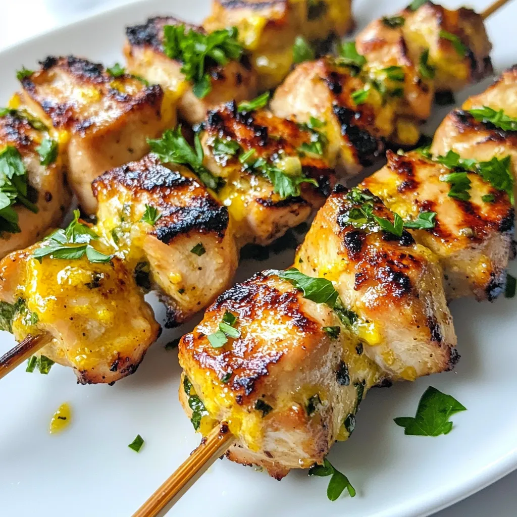 - 1 lb chicken breast, cut into 1-inch cubes - 4 tablespoons olive oil - 4 cloves garlic, minced - 1/2 cup grated Parmesan cheese The main ingredients of this dish are simple and easy to find. I use chicken breast cut into cubes. This ensures even cooking and tenderness. The olive oil adds richness, while minced garlic gives a strong flavor. Parmesan cheese adds a salty, nutty taste that complements the chicken well. - 1 teaspoon Italian seasoning - Salt and pepper to taste Seasoning brings life to our dish. I use Italian seasoning for an herb mix that adds depth. Salt and pepper enhance all the flavors. Adjust these to your taste for the best results. - Skewers (soaked in water if wooden) - Fresh parsley, chopped (for garnish) Don't forget the skewers! They hold the chicken pieces together. If you use wooden skewers, soak them in water first. This prevents burning on the grill. Fresh parsley adds a pop of color and freshness to the finished dish. It makes the skewers look appealing. {{ingredient_image_1}} To start, we need to make the marinade. In a large bowl, mix together: - 4 tablespoons olive oil - 4 cloves garlic, minced - 1/2 cup grated Parmesan cheese - 1 teaspoon Italian seasoning - Salt and pepper to taste Stir this mixture well. The garlic and cheese will create a rich flavor. Next, add the 1 lb chicken breast cut into 1-inch cubes. Toss the chicken in the marinade until every piece is coated. You want that flavor to soak in! Cover the bowl with plastic wrap. Place it in the fridge for at least 30 minutes. If you have time, let it marinate for up to 2 hours for an even bolder taste. Now it's time to get the chicken ready for the grill! Take your soaked skewers and start threading the marinated chicken cubes onto them. Leave a little space between each piece. This helps them cook evenly. If you want, you can add some veggies like bell peppers or zucchini for color and flavor. Before you grill, preheat your grill or grill pan over medium-high heat. This step is key! Once hot, place the skewers on the grill. Cook them for about 5-7 minutes on each side. You want the chicken to be fully cooked and have nice grill marks. Keep an eye on them to avoid burning. When done, take them off the grill and let them rest for a few minutes. This helps keep them juicy. Finally, sprinkle some fresh parsley on top for a pop of color and flavor. To get juicy chicken, cook at medium-high heat. This means a grill temperature of about 375°F to 450°F. Always check for doneness after grilling. The chicken should reach an internal temperature of 165°F. You can use a meat thermometer for this. If you don’t have one, cut into a piece. The meat should be white, with no pink inside. You can make these skewers even more tasty by adding spices. Consider smoked paprika or cayenne for a kick. Fresh herbs like rosemary or thyme can add a nice touch too. You can also try different marinades. A honey mustard blend or a spicy chipotle sauce can change the flavor profile. Let your taste buds guide you! Plating is key to making your meal look great. Arrange the skewers neatly on a platter. You can alternate the skewers with lemon wedges for color and flavor. For garnish, sprinkle fresh parsley on top. This adds a pop of green and makes the dish more appealing. These small steps will impress your guests! Pro Tips Marinate Longer for More Flavor: If you have the time, marinate the chicken for up to 2 hours. This allows the flavors to penetrate deeper into the meat, resulting in a more flavorful dish. Use Fresh Herbs: Adding fresh herbs like basil or thyme alongside the parsley can elevate the flavor profile of your skewers. Fresh herbs bring a brightness that dried herbs can't replicate. Check for Doneness: To ensure your chicken is cooked through, use a meat thermometer. The internal temperature should reach 165°F (75°C) for safe consumption. Serve with Dipping Sauce: Consider serving your skewers with a low-carb dipping sauce, such as a garlic aioli or a spicy mustard, to enhance the experience and add extra flavor. {{image_2}} You can swap chicken breast for other proteins like shrimp or beef. Shrimp cooks fast and adds a nice touch. Beef gives a hearty flavor. You can also add vegetables to the skewers. Bell peppers, zucchini, and cherry tomatoes work well. These add color and nutrition to your meal. Try using different cheeses to change the taste. Feta or mozzarella can give a twist. If you like heat, add chili flakes or hot sauce. This makes your skewers spicy and exciting. You can even marinate the chicken with herbs like rosemary or thyme. Serve your chicken skewers with keto-friendly sides. A fresh salad with avocado or a creamy coleslaw works great. You can also pair them with dipping sauces. Think fresh garlic sauce or a spicy mayo. These add flavor and keep your meal fun. To keep your Keto Chicken Skewers fresh, store any leftovers in the fridge. Place them in an airtight container. This helps lock in the flavors and keeps the chicken moist. Make sure to eat them within three days for the best taste. If you want to save some skewers for later, freezing is a great option. First, let the skewers cool down to room temperature. Then, wrap them tightly in plastic wrap and place them in a freezer bag. Be sure to squeeze out any extra air. These skewers can last up to three months in the freezer. When you're ready to eat, thaw them in the fridge overnight. For reheating, the grill or oven works best. Preheat your grill or oven to medium heat. Place the skewers on the grill or in a baking dish. Heat them for about 5 to 10 minutes, or until they are warmed through. This method keeps the chicken juicy and flavorful. Avoid using a microwave, as it can make the chicken rubbery. Enjoy your delicious skewers! Yes, you can use chicken thighs. They are juicier than breasts. This makes them less likely to dry out on the grill. Chicken thighs also have a richer flavor. However, they have more fat. This might not fit strict keto goals for some. If you like juicy meat, thighs are a great choice. For leaner meat, stick to chicken breasts. You can marinate the chicken for 30 minutes to 2 hours. A quick soak of 30 minutes gives a good flavor. For a deeper taste, marinate for 2 hours. Avoid marinating longer than this. The acid in the marinade can break down the meat too much. This might make it mushy. Keto Chicken Skewers pair well with many sides. Here are some tasty options: - Zucchini noodles - Cauliflower rice - Grilled asparagus - Spinach salad - Roasted Brussels sprouts These dishes keep your meal low in carbs while adding flavor. Enjoy mixing and matching! In this post, we covered how to make tasty chicken skewers. You learned about the main ingredients like chicken, olive oil, and garlic. We walked through marinating, skewering, and grilling the chicken. Plus, I shared tips for perfect grilling and options for flavor variations. Remember, you can switch proteins or add veggies for fun twists. Storing and reheating tips keep your skewers great later. Enjoy your grilling adventure!