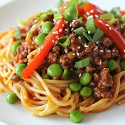 - 8 oz spaghetti noodles - 1 lb ground beef - 2 tablespoons soy sauce - 2 tablespoons oyster sauce - 1 tablespoon sesame oil - 1 tablespoon cornstarch - 1 red bell pepper, thinly sliced - 1 cup snap peas, trimmed - 3 green onions, chopped - 2 cloves garlic, minced - 1 teaspoon ginger, grated - 1 teaspoon chili paste (adjust to taste) - ½ cup beef broth - Salt and pepper to taste - Sesame seeds for garnish When you gather ingredients, quality matters. Fresh vegetables and good beef make a difference. Use whole, firm bell peppers and bright green snap peas. For ground beef, choose lean cuts for less grease. For dietary needs, swap the ground beef with ground turkey or tofu. You can use gluten-free spaghetti for a gluten-free meal. Make sure to get low-sodium soy sauce if you want to cut back on salt. Always adjust flavors to fit your taste. Enjoy the cooking journey! {{ingredient_image_1}} To cook spaghetti, use a large pot of boiling salted water. Salting the water is key. It helps the pasta gain flavor. Cook the spaghetti until al dente, which means it should be firm but not hard. This usually takes around 8-10 minutes. After cooking, drain the spaghetti well and set it aside. In a medium bowl, mix ground beef with soy sauce, oyster sauce, sesame oil, and cornstarch. Use your hands to mix it well. This helps ensure the beef gets coated evenly. Always wash your hands before and after handling raw meat. It’s important for food safety. Heat a tablespoon of oil in a large skillet over medium-high heat. Add minced garlic, grated ginger, and thinly sliced red bell pepper. Stir-fry for about 2 minutes. Watch the garlic and ginger closely. They can burn quickly and ruin the dish. Push the vegetables to the side of the skillet. Add the beef mixture next. Cook for 5-7 minutes. Use a spatula to break apart the meat as it cooks. Keep the heat at medium-high. This helps to brown the beef without overcooking it. After the beef is browned, stir in snap peas and beef broth. Add chili paste, salt, and pepper to taste. Let the mixture simmer for 3-4 minutes. This helps the snap peas become tender and the flavors meld. Taste your dish and adjust the seasoning if needed. You can add more soy sauce or chili paste to suit your taste. For serving, plate the spaghetti and garnish with chopped green onions and a sprinkle of sesame seeds. This adds color and crunch to your dish. To boost the taste of Asian Ground Beef Spaghetti, I suggest adding some great sauces and spices. Here are my favorites: - Soy Sauce: Adds umami and saltiness. - Oyster Sauce: Adds depth and sweetness. - Sesame Oil: Gives a nutty flavor. - Chili Paste: Adds heat; adjust to your taste. For marinating the beef, mix it with soy sauce, oyster sauce, and sesame oil. Let it sit for at least 15 minutes. This makes the beef tastier and more tender. Using the right pans makes cooking easier. I recommend a large skillet or wok for stir-frying. These pans distribute heat well. They help cook the beef and veggies evenly. For mixing and serving, use a spatula and a large spoon. A spatula helps break apart the beef, while a spoon makes serving easy. Prep your ingredients before cooking. This means slicing the bell pepper, trimming the snap peas, and chopping onions ahead of time. It saves you from rushing later. While the spaghetti cooks, you can prepare the beef mixture. This way, you use your time wisely. Multitasking like this makes dinner fast and fun! Pro Tips Use Fresh Ingredients: Fresh vegetables and high-quality ground beef enhance the flavors of this dish, making it more vibrant and delicious. Adjust Spice Levels: Feel free to modify the amount of chili paste to suit your taste. Start with a small amount and add more if you prefer a spicier dish. Cook Noodles Al Dente: Cooking spaghetti until al dente ensures that the noodles maintain their texture and don’t become mushy when mixed with the sauce. Garnish for Flavor: Adding sesame seeds and green onions not only makes the dish visually appealing but also adds a nice crunch and freshness to each bite. {{image_2}} You can easily swap out ground beef for plant-based options. Try using lentils, mushrooms, or chickpeas. These ingredients add great texture and flavor. For a delicious sauce, use hoisin or teriyaki sauce. They add sweetness and depth to the dish. Want more heat? Add extra chili paste or red pepper flakes. Start with a teaspoon and adjust to your taste. You can also use sriracha or sambal oelek for added spice. These chili sauces have bold flavors that enhance the dish. Feel free to add more veggies to your dish. Carrots, broccoli, or zucchini work well. They add color and crunch. You can also mix in tofu or shrimp for extra protein. These options keep the meal interesting and satisfying. To keep your Asian ground beef spaghetti fresh, store leftovers in airtight containers. This helps lock in moisture and flavor. Make sure the dish cools down first before sealing it. I recommend using glass containers with tight lids. They are great for reheating and do not stain. If you want to save some for later, freezing is a good option. Pack the spaghetti in a freezer-safe container, leaving some space at the top. This allows the dish to expand. For best results, freeze it in single servings. When you are ready to eat, thaw it overnight in the fridge. Reheat it in a skillet over medium heat. Add a splash of beef broth to keep the texture nice. In the fridge, your leftovers will last about 3-4 days. If frozen, they can stay good for up to 3 months. Always check for signs of spoilage. If the spaghetti smells off or has a strange texture, it’s best to discard it. This ensures you enjoy your meal at its best. Yes, you can swap out spaghetti for other pasta types. Pros: - Different shapes can change the dish's look and feel. - Whole wheat or other grains add more fiber. Cons: - Cooking time may vary with other pasta. - Some pasta types may not hold the sauce well. This dish is not gluten-free as it uses spaghetti. You can use gluten-free noodles instead. Rice noodles or quinoa pasta are great choices. You can prep the beef and veggies ahead of time. 1. Mix the beef with sauces and store in the fridge. 2. Cut veggies and keep them in a sealed bag. Tips for reheating: - Heat gently on low. - Add a splash of broth for moisture. - Stir often to prevent sticking. One key pitfall is overcooking the beef. Beef should be browned but not dry. Another mistake is under-seasoning. Always taste as you cook and adjust. If your sauce is too thin, add more cornstarch mixed with water. This helps thicken it up. This blog post covered all the essential steps to create a delicious spaghetti dish. We explored the right ingredients, from detailed measurements to smart substitutions. You learned how to cook spaghetti perfectly and prepare a flavorful beef mixture while ensuring safety. I shared useful tips to enhance flavor and manage your cooking time efficiently. With variations like vegetarian and spicy options, you have the flexibility to customize the dish. Finally, I provided smart storage and reheating methods to keep your leftovers fresh. Enjoy your cooking journey!