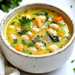 - 2 cups cooked white beans (cannellini or great northern) - 1 medium onion, chopped - 3 cloves garlic, minced - 2 carrots, diced - 2 celery stalks, diced - 4 cups vegetable broth - 1 teaspoon dried thyme - 1 teaspoon smoked paprika - 1 bay leaf - Salt and pepper to taste - 2 tablespoons olive oil - Crushed red pepper flakes for heat - Fresh parsley, chopped for garnish To make high protein white bean soup, gather these ingredients first. The white beans serve as the star. They bring protein and creaminess. My favorites are cannellini or great northern beans because they are soft and mild. Next, you will need a medium onion. Chop it finely to add flavor. Garlic is a must. Use three cloves, minced, for a rich taste. Diced carrots and celery add crunch. Using two of each gives great texture. For the broth, I recommend four cups of vegetable broth. It adds depth to the soup. The seasonings really bring it all together. Use one teaspoon of dried thyme and smoked paprika. They add warmth and flavor. Don’t forget the bay leaf, salt, and pepper. These simple touches make a big difference. You can customize the soup with optional additions too. If you want heat, add crushed red pepper flakes. Fresh parsley on top looks nice and adds freshness. Having all these ingredients ready helps you create a delicious and filling dish. Enjoy cooking! {{ingredient_image_1}} - Sauté the onion and garlic: Start by heating olive oil in a large pot over medium heat. Add the chopped onion and cook it until it turns translucent, about five minutes. Next, add the minced garlic and stir it for one minute until it smells great. - Add the carrots and celery: Now, toss in the diced carrots and celery. Cook this mix for about five to seven minutes. Stir it often until the veggies soften a bit. - Incorporate the white beans and broth: Next, add the cooked white beans and pour in the vegetable broth. Sprinkle in the dried thyme, smoked paprika, and toss in a bay leaf. Bring this mix to a boil. - Simmer to meld flavors: Once boiling, reduce the heat to low. Let it simmer for about 20 minutes. This step is key to bringing all the flavors together. - Blend for creaminess (optional): If you want a creamy soup, scoop out half of it into a blender. Blend until smooth, then return it to the pot. This adds a nice texture. - Stir in spinach and season: Finally, stir in the fresh spinach. Let it wilt for two to three minutes. Season with salt and pepper to taste. If you like some heat, sprinkle in crushed red pepper flakes. To sauté vegetables perfectly, heat olive oil in a pot. Add onion first. Cook it until it looks clear, about 5 minutes. Then, add garlic for one minute. This builds great flavor. Next, toss in diced carrots and celery. Cook them for 5 to 7 minutes. Stir often so they don’t stick. They should be soft but not mushy. For the best flavor, use fresh herbs like thyme. Smoked paprika adds a nice depth. Don't forget to season with salt and pepper. Taste as you go. This helps you adjust the flavors to your liking. Simmer the soup low and slow for at least 20 minutes. This allows all the tastes to blend well. You can serve high protein white bean soup in deep bowls. Drizzle some olive oil on top. This adds richness and flavor. A sprinkle of fresh parsley makes the dish look nice. Pair it with hearty whole-grain bread. This adds texture and makes the meal complete. You can also serve the soup with a side salad. A fresh green salad works well. It balances the meal and adds crunch. If you want something warm, grilled cheese makes a great choice too. To make the soup vegan, use vegetable broth. All the ingredients are plant-based. This keeps it healthy and flavorful. For gluten-free options, ensure your broth is gluten-free. If you want to add more protein, try cooked lentils or chickpeas. These will blend well with the white beans. You can also add some diced chicken or turkey if you eat meat. They will make the soup heartier and more filling. Pro Tips Use Fresh Ingredients: Fresh vegetables and herbs enhance the flavor of your soup significantly. Try to use seasonal produce for the best results. Adjust Consistency: If you prefer a thicker soup, blend more of the mixture. For a brothier texture, simply add more vegetable broth to your liking. Make It Ahead: This soup tastes even better the next day! Make a big batch and store it in the fridge for quick meals throughout the week. Experiment with Spices: Feel free to customize the seasoning! Adding different spices like cumin or coriander can change the flavor profile and keep things interesting. {{image_2}} You can change the beans you use. Try black beans or chickpeas for a twist. Different veggies work well too. Think about adding zucchini or bell peppers for more color. You can also switch up the broth. If you want more flavor, try chicken broth or mushroom broth. Herbs and spices can add great flavor. Consider adding fresh basil or oregano for freshness. A pinch of cumin gives it a warm taste. You can also add greens like kale or Swiss chard. They add nutrition and a nice color. Grains like quinoa or rice can make it heartier too. You can serve this as a soup or a stew. For a thicker stew, add less broth. If you want a soup, just add more broth. You can also use it as a dip. Serve it with crusty bread or crackers on the side. Top it with fresh herbs or a drizzle of olive oil for extra flavor. This soup lasts up to four days in the fridge. To store it correctly, let the soup cool. Use a large bowl to cool it faster. Once cool, transfer it to an airtight container. This will keep it fresh and tasty. For freezing, let the soup cool completely. Then, divide it into single servings. Use freezer-safe bags or containers. Remove as much air as possible to prevent freezer burn. The soup can freeze well for up to three months. To thaw, place it in the fridge overnight. You can also use the microwave if you need it fast. To reheat the soup, use a pot on low heat. Stir often to keep it from sticking. You can also use a microwave. Heat in short bursts and stir in between. This soup tastes best reheated slowly, keeping all the flavors intact. If it thickens too much, add a splash of broth to restore its creamy texture. To make this soup, follow these easy steps: 1. Sauté chopped onion in olive oil until clear. 2. Add minced garlic, diced carrots, and celery. Cook until soft. 3. Stir in cooked white beans, vegetable broth, thyme, smoked paprika, and bay leaf. 4. Bring to a boil, then let it simmer for 20 minutes. 5. For a creamy soup, blend half the mixture. Return it to the pot. 6. Add spinach and stir until it wilts. Season with salt and pepper. 7. Serve hot, garnished with parsley. White beans are a great source of protein and fiber. They help you feel full. They are low in fat and can support heart health. Here are key benefits: - High protein: Great for muscle repair and growth. - Rich in fiber: Aids digestion and keeps you full. - Vitamins and minerals: Contains iron, potassium, and folate. - Low in calories: Supports weight management. Yes, you can add meat for extra protein. Consider these options: - Chicken: Cooked and shredded chicken works well. - Turkey: Ground turkey adds a lean option. - Sausage: Crumbled sausage gives a nice spice. Add meat during the simmering step to blend flavors. This article covered how to make a tasty high protein white bean soup. We discussed key ingredients like cooked white beans, fresh veggies, and tasty seasonings. You learned step-by-step instructions to build flavor and texture. I shared helpful tips for cooking and serving, plus variations to try. Finally, we looked at storage options for keeping your soup fresh. Enjoy this simple, healthy dish that’s easy to customize!