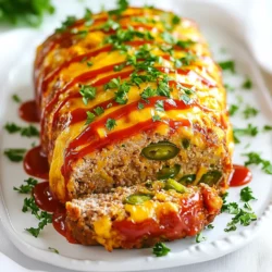 - 1 lb ground beef - 1 cup breadcrumbs - 2 large eggs - 1/2 cup cream cheese, softened - 1 cup shredded cheddar cheese - 1/2 cup jalapeños, chopped (fresh or pickled) - 1 small onion, finely chopped - 2 cloves garlic, minced - 1 tablespoon Worcestershire sauce - 1 teaspoon salt - 1/2 teaspoon black pepper - 1/2 teaspoon smoked paprika - 1/2 cup ketchup (for topping) Gather these ingredients to create a spicy and cheesy meatloaf. The ground beef forms the base. Breadcrumbs give it texture, while eggs hold it all together. Cream cheese adds creaminess, making every bite rich. To enhance flavor, mix in shredded cheddar cheese and chopped jalapeños. Use fresh or pickled jalapeños based on your taste. Finely chopped onion and minced garlic add depth. They bring out savory flavors and aromas as they cook. For seasonings, Worcestershire sauce, salt, black pepper, and smoked paprika bring the dish together. Worcestershire sauce adds umami, while smoked paprika gives a hint of smokiness. Ketchup tops off the meatloaf, creating a sweet and tangy glaze. This combination of ingredients creates a flavorful dinner delight. Enjoy the burst of flavors with every slice! {{ingredient_image_1}} - Preheat the oven to 350°F (175°C). - Grease a loaf pan with butter or cooking spray. - In a large bowl, combine 1 lb ground beef, 1 cup breadcrumbs, 2 large eggs, and 1/2 cup cream cheese. - Add half of the 1 cup shredded cheddar cheese and the chopped jalapeños, onion, garlic, Worcestershire sauce, salt, pepper, and smoked paprika. - Mix until just combined. This step is key to a good texture, so avoid overmixing. - Transfer the meatloaf mixture to the greased loaf pan. - Shape it into a loaf with your hands. - Spread 1/2 cup ketchup evenly over the top. - Sprinkle the remaining cheddar cheese over the ketchup layer for a cheesy crust. - Bake in the preheated oven for 55 to 65 minutes. Use a meat thermometer to check for a safe internal temperature of 160°F (70°C). - Let the meatloaf rest for 10 minutes before slicing. This helps keep it moist and flavorful. Mixing the meatloaf just until combined is key. Overmixing makes the meatloaf dense and tough. Use your hands or a spatula to mix gently. You want a good blend of flavors without breaking down the meat too much. Letting the meatloaf rest before slicing is vital. This step keeps the juices inside, making each bite tender. After baking, allow it to sit for about 10 minutes. This wait is worth it. You will enjoy a moist and flavorful meatloaf. Serve the meatloaf slices on a nice platter. Drizzle with extra ketchup or a spicy sauce for a fun touch. Add fresh parsley or sliced jalapeños for color. This simple garnish makes the dish look inviting and appetizing. Pro Tips Use Lean Meat: Choose lean ground beef to reduce excess grease in your meatloaf, ensuring a healthier dish. Add Extra Flavor: For added depth, consider mixing in some diced bell peppers or spices like cayenne pepper to your meat mixture. Rest Before Slicing: Allow the meatloaf to rest after baking. This helps retain moisture and makes slicing easier. Customize Your Toppings: Experiment with different toppings, like barbecue sauce or a cheese blend, for unique flavor variations. {{image_2}} You can switch up the meat in this dish. Turkey or chicken work great. They keep the loaf light and tasty. If you want a meat-free meal, use plant-based ground meat. It gives a nice texture. Adjust the cook time slightly, as these meats can cook faster. Want more heat? Add more jalapeños or a dash of hot sauce. Fresh jalapeños give a fresh kick. Pickled jalapeños add tang and flavor. Use your taste buds to find the right level. Start with a little, then add more if needed. Cheese makes this dish creamy and rich. You can try different cheeses for fun. Pepper jack adds spice, while mozzarella gives a mild taste. Gouda or feta can also work well. Each cheese changes the flavor profile. Experiment to find your favorite mix! To keep your jalapeño popper meatloaf fresh, refrigerate leftovers. Allow the meatloaf to cool first. Wrap it tightly in plastic wrap or aluminum foil. Place it in an airtight container. It will stay good in the fridge for about 3 to 4 days. When ready to eat, you can slice and enjoy it cold or warm. If you want to save your meatloaf for a longer time, try freezing it. First, let the meatloaf cool completely. Wrap it tightly in plastic wrap. Then, place it in a heavy-duty freezer bag. Squeeze out as much air as you can. You can freeze it for up to 3 months. When you’re ready to eat, just thaw it in the fridge overnight. To reheat your meatloaf, you have a few options for the best taste. The oven is great for even heating. Preheat your oven to 350°F (175°C). Place the meatloaf in a baking dish and cover it with foil. Heat for about 25-30 minutes until warm. You can also use a microwave. Slice the meatloaf and place it on a microwave-safe plate. Heat for 1 to 2 minutes, checking often. Enjoy your delicious meatloaf just like the first time! Jalapeño Popper Meatloaf is a tasty twist on classic meatloaf. This dish combines ground beef with creamy cheese and spicy jalapeños. The main ingredients include: - 1 lb ground beef - 1 cup breadcrumbs - 2 large eggs - 1/2 cup cream cheese, softened - 1 cup shredded cheddar cheese - 1/2 cup chopped jalapeños (fresh or pickled) - 1 small onion, finely chopped - 2 cloves garlic, minced - 1 tablespoon Worcestershire sauce - 1 teaspoon salt - 1/2 teaspoon black pepper - 1/2 teaspoon smoked paprika - 1/2 cup ketchup (for topping) The blend of flavors makes each bite exciting. The jalapeños add heat, while the cheeses give it a creamy texture. This dish is sure to impress your family and friends. Yes, you can make Jalapeño Popper Meatloaf ahead of time. This dish is great for meal prep. You can mix the ingredients and shape the meatloaf. Then, cover it and store it in the fridge for up to 24 hours. When you’re ready to cook, just pop it in the oven. You can also freeze it. Wrap the uncooked meatloaf tightly in plastic wrap or foil. It can last in the freezer for about three months. Just thaw it in the fridge overnight before baking. Jalapeño Popper Meatloaf pairs well with many sides. Here are some great options: - Mashed potatoes - Roasted vegetables - Green salad - Corn on the cob - Baked beans These sides complement the meatloaf's flavors and textures. They make your meal more balanced and satisfying. Enjoy mixing and matching your favorites! This article covered how to make a flavorful Jalapeño Popper Meatloaf. First, we looked at the main ingredients like beef, cheese, and jalapeños. Then, I shared step-by-step instructions for mixing, shaping, and baking. You learned tips to keep the meatloaf moist and ideas for storage. Finally, we explored variations to suit your taste. Now you can enjoy a tasty dish that's sure to impress. Try it out, and enjoy each bite!