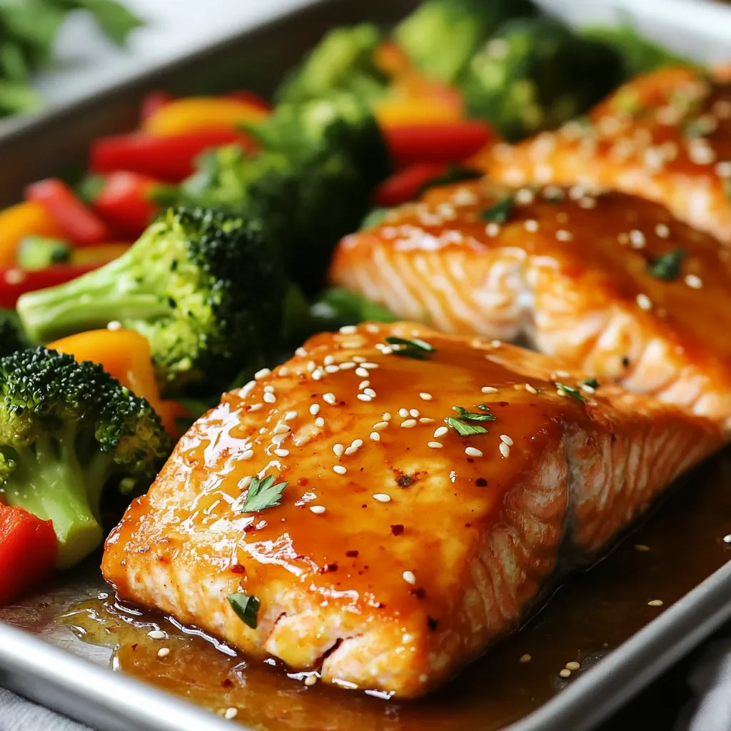 - 4 salmon fillets (about 6 oz each) - 1/4 cup honey - 4 cloves garlic, minced - 3 tablespoons soy sauce (or tamari for gluten-free) - 1 tablespoon fresh ginger, grated - 1 tablespoon olive oil - 2 cups broccoli florets - 1 red bell pepper, sliced - 1 tablespoon sesame seeds (optional) - Salt and pepper to taste - Fresh parsley or cilantro for garnish I love using fresh, vibrant ingredients for this dish. The salmon is the star here. Each fillet is tender and flaky. The honey gives a sweet touch, while garlic adds a punch of flavor. Soy sauce brings a nice umami taste, and ginger adds warmth. Next, we have our veggies. Broccoli florets are a great choice. They cook well and add a nice crunch. The red bell pepper brings color and sweetness, making your meal pop. For seasoning, sesame seeds add a fun crunch and nutty flavor. Fresh herbs like parsley or cilantro brighten the dish. Salt and pepper are must-haves to enhance all those great flavors. This simple list makes it easy to gather everything you need for a quick and tasty meal! {{ingredient_image_1}} - Preheat your oven to 400°F (200°C). - Line a large sheet pan with parchment paper for easy cleanup. - In a small bowl, whisk together: - 1/4 cup honey - 4 cloves garlic, minced - 3 tablespoons soy sauce - 1 tablespoon fresh ginger, grated - 1 tablespoon olive oil - Salt and pepper This honey garlic sauce will add flavor to your salmon and veggies. - Place 4 salmon fillets on one side of the prepared sheet pan. - Brush each fillet generously with the honey garlic sauce. Save some sauce for later. - On the other side of the sheet pan, arrange: - 2 cups broccoli florets - 1 red bell pepper, sliced - Drizzle the veggies with olive oil. Season with salt and pepper. Toss to coat. This sets up a colorful and tasty meal. - Bake the salmon and vegetables in the preheated oven for 15-18 minutes. - The salmon should reach an internal temperature of 145°F (63°C). - Halfway through baking, brush the salmon with more honey garlic sauce. This adds extra flavor and keeps the fish moist. How do I ensure the correct internal temperature? The salmon should reach 145°F (63°C). Use a meat thermometer for accuracy. Insert it into the thickest part of the fillet. This way, you’ll avoid overcooking and keep it juicy. What type of salmon should I choose? I prefer wild-caught salmon for flavor and health. However, farmed salmon can work too. Just look for bright color and firm texture. How do I choose and prep the vegetables? Pick fresh vegetables like broccoli and red bell pepper. They add great color and taste. Rinse them well and cut them into bite-sized pieces. This ensures even cooking. What are tips for even cooking and caramelization? Spread the veggies in a single layer on the pan. This allows hot air to circulate and cook them evenly. Drizzle with olive oil and season well. Toss them to coat before baking. How can I adjust the sweetness and spice level? Want it sweeter? Add more honey. For spice, add a pinch of red pepper flakes. Taste the sauce as you mix to find your perfect balance. What are some alternative sauce ingredients? You can swap soy sauce for coconut aminos for a lighter flavor. Also, try using maple syrup instead of honey for a different sweetness. Pro Tips Use Fresh Ingredients: Fresh salmon and vegetables will enhance the flavor and texture of your dish. Look for vibrant broccoli and firm salmon fillets for the best results. Customize Your Sauce: Feel free to adjust the sweetness or saltiness of the honey garlic sauce by adding more honey or soy sauce according to your taste preference. Watch Cooking Time: Salmon can overcook quickly, so keep an eye on it, especially if your fillets are thinner or thicker than average. Use a meat thermometer for accuracy. Serve with Rice: This dish pairs wonderfully with steamed rice or quinoa to soak up the delicious honey garlic sauce and create a more filling meal. {{image_2}} You can change up the veggies in this dish. Seasonal vegetables work great. Try asparagus or zucchini in spring. In fall, use carrots or Brussels sprouts. You can also mix in sweet potatoes for a tasty twist. When it comes to frozen vegetables, they are a good option too. They save time and are often just as nutritious. If using frozen, add them to the pan halfway through cooking. This way, they won’t become too mushy. If you want to switch proteins, chicken or tofu are great choices. For chicken, use boneless breasts or thighs. Cook them for about 20-25 minutes at 400°F. For tofu, press it first to remove water. Then cut it into cubes and bake for about 25-30 minutes. Both options soak up the honey garlic sauce well. This keeps the flavors rich and satisfying. For a gluten-free meal, swap the soy sauce with tamari. Tamari has a similar taste but with no gluten. You can also use coconut aminos as a tasty alternative. To complete your meal, add gluten-free sides. Quinoa or brown rice pairs nicely with salmon. You can also serve it with a fresh salad for crunch. To store leftover salmon and vegetables, place them in an airtight container. Make sure to keep the honey garlic sauce separate if possible. This helps the salmon stay moist. You can store leftovers in the fridge for up to three days. After that, the flavor and texture might change. The best way to reheat salmon is in the oven. Preheat your oven to 350°F (175°C). Place the salmon on a baking sheet and cover it with foil. Heat for about 10 minutes. This method keeps the fish juicy. You can also use a microwave, but it may dry out the salmon. For creative leftovers, try making salmon tacos or adding it to a salad. Yes, you can freeze honey garlic salmon! Wrap the salmon tightly in plastic wrap or foil. Place it in a freezer-safe bag. Be sure to remove as much air as possible. You can freeze it for up to three months. When ready to eat, thaw it in the fridge overnight. Then, reheat it as mentioned above. This keeps the flavor fresh and tasty. You should bake salmon at 400°F for about 15 to 18 minutes. The salmon is done when it flakes easily with a fork. You want the internal temperature to reach 145°F. To check doneness, use a meat thermometer. Insert it into the thickest part of the fillet. If it reads 145°F, your salmon is ready. Yes, you can use a different sauce. Try teriyaki sauce for a sweet twist. A lemon butter sauce adds a fresh taste. You can also mix soy sauce with chili paste for spice. Experimenting keeps the dish exciting. Great side dishes include steamed rice or quinoa. Roasted sweet potatoes pair well too. For veggies, serve with green beans or asparagus. A fresh salad adds crunch and freshness. These sides balance the sweet flavors of the salmon. This recipe offers a delicious honey garlic salmon that is easy to make. You learned about the main ingredients, preparation, and cooking steps. I shared tips for perfect salmon and veg, plus fun sauce variations. You can even try different proteins or veggies. Proper storage and reheating methods keep your leftovers tasty. Now, you can enjoy this dish anytime you want. Cooking should be fun and simple, and this recipe makes it just that. Enjoy your next meal!