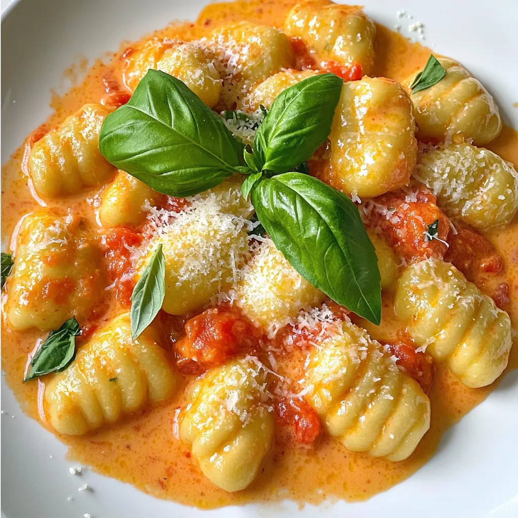 To make this Minute Creamy Tomato Gnocchi, gather these simple ingredients: - 1 package (16 oz) gnocchi - 2 tablespoons olive oil - 3 cloves garlic, minced - 1 can (14 oz) crushed tomatoes - 1 cup heavy cream - 1 teaspoon dried basil - 1 teaspoon dried oregano - 1/2 teaspoon red pepper flakes (optional) - Salt and pepper to taste - Fresh basil leaves for garnish - Grated Parmesan cheese for serving These ingredients come together to create a delicious meal in just 15 minutes. You can easily swap some ingredients based on what you have. If you want a lighter version, you can use half-and-half instead of heavy cream. For a dairy-free option, try coconut cream or a plant-based cream. If you don’t have fresh garlic, garlic powder works in a pinch. You can also use fresh tomatoes if you prefer; just dice them and cook a bit longer. For the herbs, fresh basil or oregano can replace dried ones. Each serving of Minute Creamy Tomato Gnocchi contains approximately: - Calories: 450 - Protein: 12g - Carbohydrates: 40g - Fat: 28g - Fiber: 2g - Sugar: 3g This meal is rich and filling, making it great for dinner. It provides a nice balance of carbs, fats, and some protein to keep you satisfied. First, grab a large skillet and heat the olive oil over medium heat. Add the minced garlic. Sauté this for about one minute until it smells great. Next, pour in the crushed tomatoes and stir them with the garlic. Let this cook for about three to four minutes. This time helps the flavors mix well. After that, stir in the heavy cream, dried basil, oregano, and red pepper flakes if you want some heat. Bring this mix to a gentle simmer. While the sauce simmers, fill a pot with salted water and bring it to a boil. Add the gnocchi to the boiling water. Cook them according to the package, which is usually around two to three minutes. You will know they are done when they float to the top. Use a slotted spoon to take them out and add them to the sauce. Gently toss the gnocchi, so they are coated well with the creamy sauce. - Heating olive oil and sautéing garlic: 1 minute - Cooking crushed tomatoes: 3-4 minutes - Simmering sauce with cream and herbs: about 2 minutes - Cooking gnocchi in boiling water: 2-3 minutes - Final simmer with gnocchi: 2 minutes This adds up to around 15 minutes total, making this dish super quick! To get the best texture, do not overcook the gnocchi. They should be soft but still hold their shape. Adding the gnocchi directly into the sauce while still warm helps them soak up flavor. If the sauce seems too thick, add a splash of pasta water to loosen it up. For a richer flavor, use fresh herbs if you have them on hand. Finally, serve right away for the best taste and texture. Enjoy your dish! To cook gnocchi well, start with boiling salted water. The salt adds flavor. When gnocchi floats, it's done. This usually takes about 2-3 minutes. Use a slotted spoon to transfer them directly into the sauce. This method adds starch, which helps thicken the sauce. To make your sauce pop, always sauté garlic first. It gives the base a rich flavor. Adding crushed tomatoes next lets them simmer and meld with the garlic. Use fresh herbs like basil for a bright taste. If you want heat, add red pepper flakes, but use them sparingly. A common mistake is overcooking gnocchi. They should be soft but not mushy. Another mistake is not seasoning enough. Taste your sauce before serving. If it's bland, add more salt and pepper. Lastly, don’t skip the garnish! Fresh basil and Parmesan cheese make the dish shine. {{image_2}} You can easily make this dish vegetarian by using vegetable broth instead of chicken broth. To make it vegan, swap the heavy cream for coconut milk or a plant-based cream. You can also use nutritional yeast instead of Parmesan cheese for a cheesy flavor without dairy. This way, you keep all the creamy goodness while catering to different diets. Feel free to add more veggies to your dish! Spinach, mushrooms, or zucchini work well. You can also try roasted red peppers for a smoky taste. For protein, consider adding cooked chicken, shrimp, or even some chickpeas. These add-ins boost nutrition and make the meal heartier, perfect for a family dinner. Enhance the flavors with different herbs and spices. Try fresh thyme or rosemary for a fragrant touch. A bit of smoked paprika can add depth, while fresh parsley can brighten the dish. If you enjoy heat, add more red pepper flakes or even sliced jalapeños. Experimenting is key to finding your favorite flavor combinations! After enjoying your Minute Creamy Tomato Gnocchi, let any leftovers cool. Place them in an airtight container. Store the container in the fridge. This keeps your dish fresh for up to three days. Avoid letting it sit out at room temperature for too long. To reheat your gnocchi, use a skillet. Heat it on low to medium. Add a splash of water or cream to prevent sticking. Stir often until warmed through. You can also use a microwave. Place the gnocchi in a microwave-safe bowl. Cover it with a damp paper towel. Heat in short bursts, stirring in between. If you want to freeze your gnocchi, start by cooling it first. Then, place it in a freezer-safe container or bag. Be sure to remove excess air to prevent freezer burn. You can freeze it for up to three months. When ready to eat, thaw it in the fridge overnight before reheating. It takes about 15 minutes to make creamy tomato gnocchi. You can prep ingredients in 5 minutes. Cooking the gnocchi and sauce takes about 10 minutes. This quick meal is perfect for busy nights. Yes, you can use store-bought gnocchi. In fact, it saves time! Most packaged gnocchi cooks in just 2-3 minutes. Look for fresh or frozen options for the best taste. Both work well in this creamy dish. Creamy tomato gnocchi pairs well with many sides. Try a fresh salad with greens. Garlic bread is another great choice. You can also serve it with steamed vegetables. For protein, grilled chicken or shrimp complements the meal perfectly. You now have all the tools to make creamy tomato gnocchi. We discussed the needed ingredients, tips, and variations. You can choose substitutes or add extra flavors to suit your taste. Follow the step-by-step instructions for perfect texture. Remember to store any leftovers properly, and reheating them is simple. Enjoy this dish, whether for a quick dinner or a special gathering. Experiment with what you love most and share it with friends. Cook with joy and make this meal your own.