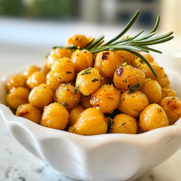 - 1 can (15 oz) chickpeas, drained and rinsed - 2 tablespoons olive oil - Zest of 1 lemon - 1 tablespoon fresh lemon juice - 2 teaspoons fresh rosemary, chopped (or 1 teaspoon dried rosemary) - 1 teaspoon garlic powder - 1/2 teaspoon smoked paprika - Salt and pepper to taste These main ingredients bring a bright and savory flavor to the roasted chickpeas. The lemon zest and juice add a fresh tang. The rosemary gives it a lovely herb taste. Garlic powder and smoked paprika add depth and warmth. - A pinch of cayenne pepper for heat - 1 tablespoon nutritional yeast for a cheesy flavor - A drizzle of balsamic glaze for sweetness - Other herbs, like thyme or oregano, for a twist These optional ingredients can elevate your chickpeas. Adding cayenne gives it a kick. Nutritional yeast brings a cheesy taste without dairy. Balsamic glaze adds a nice sweet touch. - Baking sheet - Parchment paper - Mixing bowl - Clean kitchen towel - Measuring spoons - Wooden spoon or spatula Having the right tools makes cooking easier. A baking sheet lined with parchment helps with cleanup. A mixing bowl is perfect for mixing flavors and coating chickpeas. Always keep a clean kitchen towel handy for drying chickpeas. {{ingredient_image_1}} First, you need to preheat your oven to 400°F (200°C). This step is key for getting those chickpeas nice and crispy. While the oven heats up, grab a baking sheet and line it with parchment paper. This makes cleanup easy and helps the chickpeas roast evenly. Next, take one can of chickpeas, which is about 15 ounces. Drain and rinse them well under cold water. This helps wash away any canning liquid. Spread the rinsed chickpeas on the baking sheet. Use a clean kitchen towel to pat them dry. Removing excess moisture is crucial for crispiness. In a large bowl, combine 2 tablespoons of olive oil, the zest of one lemon, and 1 tablespoon of fresh lemon juice. Add 2 teaspoons of chopped fresh rosemary, 1 teaspoon of garlic powder, and 1/2 teaspoon of smoked paprika. Season with salt and pepper to taste. Mix everything well to create a tasty marinade. Now, add the dried chickpeas to this bowl. Toss them around until every chickpea is coated in the marinade. Now it’s time to roast! Spread the chickpeas in a single layer on the baking sheet. Place them in the preheated oven and roast for 25-30 minutes. Make sure to stir them halfway through for even cooking. When they turn golden brown and crispy, they are done. Remove the baking sheet from the oven and let them cool slightly. They will get even crispier as they cool. Taste them and adjust the seasoning if needed. Enjoy your flavorful Lemon Rosemary Roasted Chickpeas! To get super crispy chickpeas, start with dry ones. After rinsing, pat them well with a towel. This helps remove extra moisture. The less moisture, the crispier your chickpeas will be. Spread them out in a single layer on your baking sheet. If they overlap, they will steam instead of roast. Stir them halfway through cooking to ensure even crisping. Use fresh herbs for the best taste. Fresh rosemary and lemon zest pack a punch. Garlic powder and smoked paprika add depth to the flavor. Adjust salt and pepper to your liking. You can also try adding a pinch of cayenne for heat. Mix your spices well before tossing them with the chickpeas. This ensures every bite is flavorful. Serve these roasted chickpeas as a snack, or add them to salads. They make a great crunchy topping. You can also pair them with hummus or yogurt dips. For a fun treat, try them in a wrap with fresh veggies. They are perfect for sharing at parties or for movie nights. Enjoy them warm or at room temperature for the best taste! Pro Tips Pat Them Dry: Ensuring that your chickpeas are completely dry before roasting will help them achieve that perfect crispy texture. Season Generously: Don't be shy with the seasoning! Adjust the salt, lemon juice, and spices to suit your taste for maximum flavor. Halfway Stir: Stirring the chickpeas halfway through cooking ensures they roast evenly and get crispy on all sides. Cool for Crunch: Let the chickpeas cool slightly after roasting; they will continue to crisp up as they cool down. {{image_2}} If you want to change up the flavor, try adding heat. For a spicy kick, mix in cayenne pepper or chili powder. Start with just a pinch, then adjust to your taste. If you prefer sweet flavors, add a touch of maple syrup or honey. This gives a nice caramelized finish when roasting. You can play with herbs and spices for new tastes. Instead of rosemary, try thyme or oregano for a different twist. For a Mediterranean vibe, add some cumin and coriander. Mixing in nutritional yeast can also give a cheesy flavor without dairy. Experiment with what you love! These roasted chickpeas are already vegan and gluten-free. This makes them a great snack choice for many diets. Ensure you use gluten-free spices to keep it safe for gluten-sensitive folks. You can also serve them over a salad or grain bowl for a complete meal that meets various dietary needs. After enjoying your Lemon Rosemary Roasted Chickpeas, store any leftovers in an airtight container. This keeps them fresh and tasty. Let them cool completely before sealing. If you do not have an airtight container, a resealable bag works fine too. Just squeeze out as much air as possible. To reheat roasted chickpeas, use an oven or an air fryer. Preheat your oven to 350°F (175°C). Spread the chickpeas on a baking sheet. Heat them for about 10 minutes, or until they feel warm and crispy. If using an air fryer, set it to 350°F (175°C) and cook for about 5 minutes. This way, they regain their crunch. Properly stored roasted chickpeas last about 3 to 5 days. Check for signs of spoilage before eating. Look for soft texture or off smells. If they feel chewy instead of crispy, toss them out. To keep them longer, consider freezing them. This can extend their shelf life up to 3 months. Just remember to thaw and reheat before enjoying again! Roast your chickpeas for 25-30 minutes at 400°F (200°C). Stir them halfway through. This ensures they cook evenly. Look for a golden brown color. The longer you roast, the crunchier they get. Just keep an eye on them to avoid burning. Yes, you can use dried chickpeas. Soak them overnight and cook until tender. This may take longer than using canned ones. After cooking, make sure to dry them well. If they are too wet, they won’t get crispy. These roasted chickpeas make a great snack on their own. You can add them to salads for crunch. They also work well as a topping for soups. Try them in grain bowls or as a side dish. Their lemony flavor brightens up many meals. Roasting chickpeas is simple and rewarding. We covered key ingredients, handy tools, and easy steps. With tips for extra crispiness and flavor, you'll impress anyone. There are many ways to customize your roasted chickpeas, too. Just remember to store them right for the best taste. Enjoy your new snack and be bold in trying new flavors. Happy roasting!