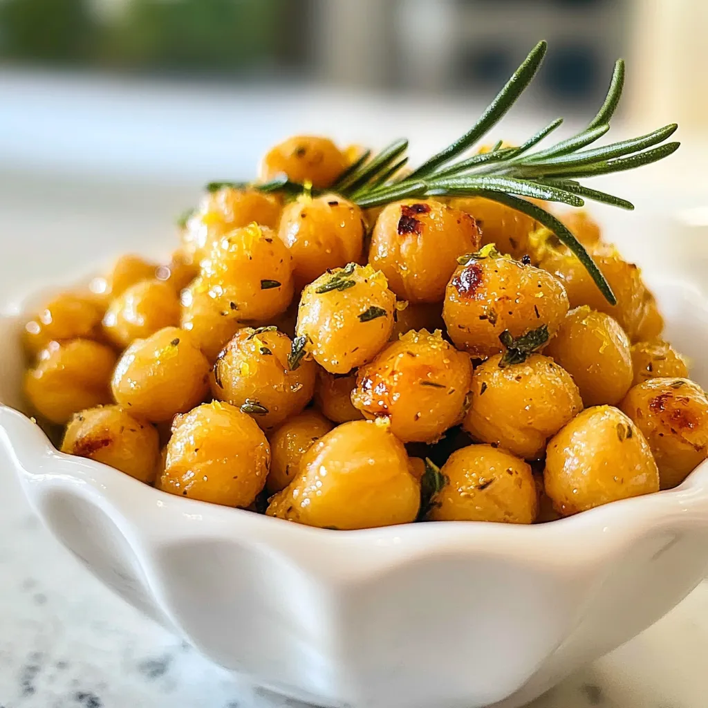 - 1 can (15 oz) chickpeas, drained and rinsed - 2 tablespoons olive oil - Zest of 1 lemon - 1 tablespoon fresh lemon juice - 2 teaspoons fresh rosemary, chopped (or 1 teaspoon dried rosemary) - 1 teaspoon garlic powder - 1/2 teaspoon smoked paprika - Salt and pepper to taste These main ingredients bring a bright and savory flavor to the roasted chickpeas. The lemon zest and juice add a fresh tang. The rosemary gives it a lovely herb taste. Garlic powder and smoked paprika add depth and warmth. - A pinch of cayenne pepper for heat - 1 tablespoon nutritional yeast for a cheesy flavor - A drizzle of balsamic glaze for sweetness - Other herbs, like thyme or oregano, for a twist These optional ingredients can elevate your chickpeas. Adding cayenne gives it a kick. Nutritional yeast brings a cheesy taste without dairy. Balsamic glaze adds a nice sweet touch. - Baking sheet - Parchment paper - Mixing bowl - Clean kitchen towel - Measuring spoons - Wooden spoon or spatula Having the right tools makes cooking easier. A baking sheet lined with parchment helps with cleanup. A mixing bowl is perfect for mixing flavors and coating chickpeas. Always keep a clean kitchen towel handy for drying chickpeas. {{ingredient_image_1}} First, you need to preheat your oven to 400°F (200°C). This step is key for getting those chickpeas nice and crispy. While the oven heats up, grab a baking sheet and line it with parchment paper. This makes cleanup easy and helps the chickpeas roast evenly. Next, take one can of chickpeas, which is about 15 ounces. Drain and rinse them well under cold water. This helps wash away any canning liquid. Spread the rinsed chickpeas on the baking sheet. Use a clean kitchen towel to pat them dry. Removing excess moisture is crucial for crispiness. In a large bowl, combine 2 tablespoons of olive oil, the zest of one lemon, and 1 tablespoon of fresh lemon juice. Add 2 teaspoons of chopped fresh rosemary, 1 teaspoon of garlic powder, and 1/2 teaspoon of smoked paprika. Season with salt and pepper to taste. Mix everything well to create a tasty marinade. Now, add the dried chickpeas to this bowl. Toss them around until every chickpea is coated in the marinade. Now it’s time to roast! Spread the chickpeas in a single layer on the baking sheet. Place them in the preheated oven and roast for 25-30 minutes. Make sure to stir them halfway through for even cooking. When they turn golden brown and crispy, they are done. Remove the baking sheet from the oven and let them cool slightly. They will get even crispier as they cool. Taste them and adjust the seasoning if needed. Enjoy your flavorful Lemon Rosemary Roasted Chickpeas! To get super crispy chickpeas, start with dry ones. After rinsing, pat them well with a towel. This helps remove extra moisture. The less moisture, the crispier your chickpeas will be. Spread them out in a single layer on your baking sheet. If they overlap, they will steam instead of roast. Stir them halfway through cooking to ensure even crisping. Use fresh herbs for the best taste. Fresh rosemary and lemon zest pack a punch. Garlic powder and smoked paprika add depth to the flavor. Adjust salt and pepper to your liking. You can also try adding a pinch of cayenne for heat. Mix your spices well before tossing them with the chickpeas. This ensures every bite is flavorful. Serve these roasted chickpeas as a snack, or add them to salads. They make a great crunchy topping. You can also pair them with hummus or yogurt dips. For a fun treat, try them in a wrap with fresh veggies. They are perfect for sharing at parties or for movie nights. Enjoy them warm or at room temperature for the best taste! Pro Tips Pat Them Dry: Ensuring that your chickpeas are completely dry before roasting will help them achieve that perfect crispy texture. Season Generously: Don't be shy with the seasoning! Adjust the salt, lemon juice, and spices to suit your taste for maximum flavor. Halfway Stir: Stirring the chickpeas halfway through cooking ensures they roast evenly and get crispy on all sides. Cool for Crunch: Let the chickpeas cool slightly after roasting; they will continue to crisp up as they cool down. {{image_2}} If you want to change up the flavor, try adding heat. For a spicy kick, mix in cayenne pepper or chili powder. Start with just a pinch, then adjust to your taste. If you prefer sweet flavors, add a touch of maple syrup or honey. This gives a nice caramelized finish when roasting. You can play with herbs and spices for new tastes. Instead of rosemary, try thyme or oregano for a different twist. For a Mediterranean vibe, add some cumin and coriander. Mixing in nutritional yeast can also give a cheesy flavor without dairy. Experiment with what you love! These roasted chickpeas are already vegan and gluten-free. This makes them a great snack choice for many diets. Ensure you use gluten-free spices to keep it safe for gluten-sensitive folks. You can also serve them over a salad or grain bowl for a complete meal that meets various dietary needs. After enjoying your Lemon Rosemary Roasted Chickpeas, store any leftovers in an airtight container. This keeps them fresh and tasty. Let them cool completely before sealing. If you do not have an airtight container, a resealable bag works fine too. Just squeeze out as much air as possible. To reheat roasted chickpeas, use an oven or an air fryer. Preheat your oven to 350°F (175°C). Spread the chickpeas on a baking sheet. Heat them for about 10 minutes, or until they feel warm and crispy. If using an air fryer, set it to 350°F (175°C) and cook for about 5 minutes. This way, they regain their crunch. Properly stored roasted chickpeas last about 3 to 5 days. Check for signs of spoilage before eating. Look for soft texture or off smells. If they feel chewy instead of crispy, toss them out. To keep them longer, consider freezing them. This can extend their shelf life up to 3 months. Just remember to thaw and reheat before enjoying again! Roast your chickpeas for 25-30 minutes at 400°F (200°C). Stir them halfway through. This ensures they cook evenly. Look for a golden brown color. The longer you roast, the crunchier they get. Just keep an eye on them to avoid burning. Yes, you can use dried chickpeas. Soak them overnight and cook until tender. This may take longer than using canned ones. After cooking, make sure to dry them well. If they are too wet, they won’t get crispy. These roasted chickpeas make a great snack on their own. You can add them to salads for crunch. They also work well as a topping for soups. Try them in grain bowls or as a side dish. Their lemony flavor brightens up many meals. Roasting chickpeas is simple and rewarding. We covered key ingredients, handy tools, and easy steps. With tips for extra crispiness and flavor, you'll impress anyone. There are many ways to customize your roasted chickpeas, too. Just remember to store them right for the best taste. Enjoy your new snack and be bold in trying new flavors. Happy roasting!