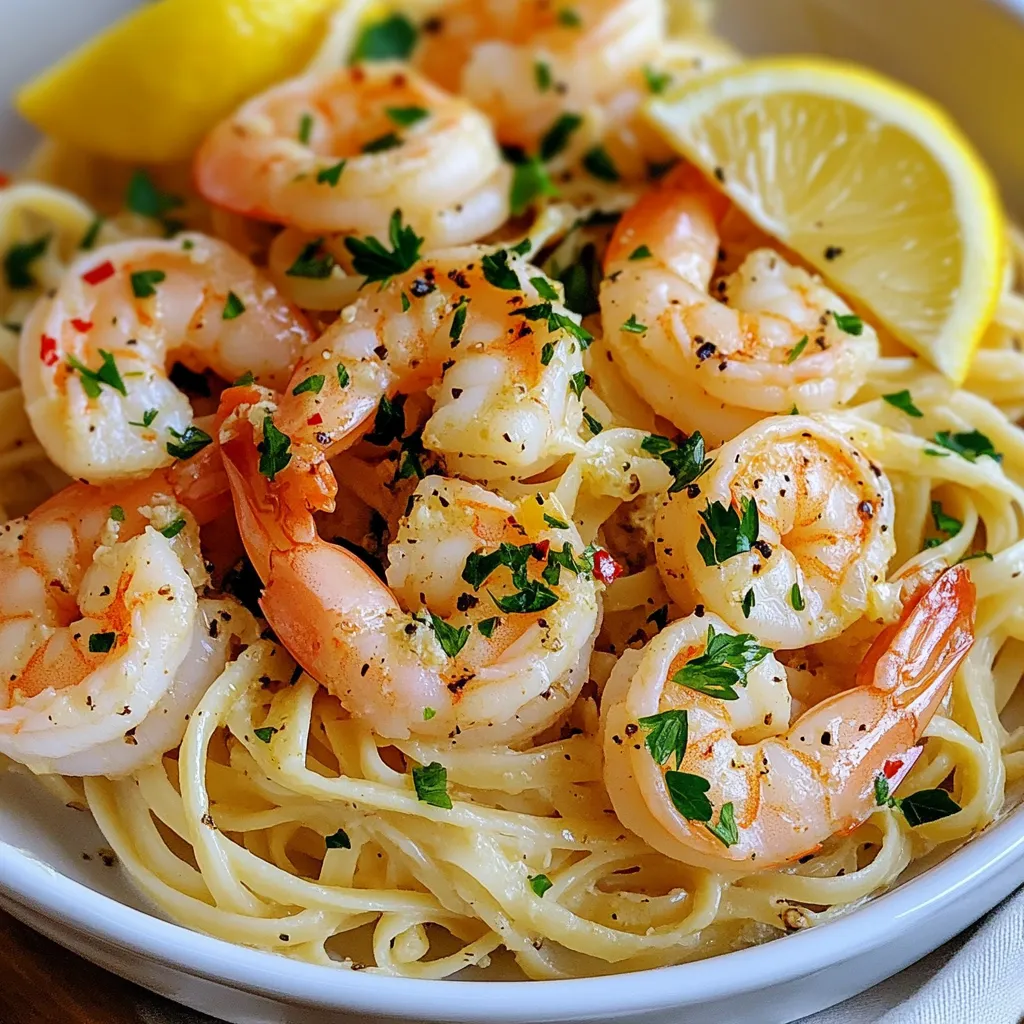 - Large shrimp (1 lb, peeled and deveined) - Linguine or spaghetti (8 oz) - Unsalted butter (4 tablespoons) - Minced garlic (4 cloves) - Red pepper flakes (1 teaspoon) - Lemon (1 for juicing and zesting) - Chicken broth (1/2 cup) - Fresh parsley (1/4 cup, chopped) - Salt and pepper (to taste) - Optional: Grated Parmesan cheese for serving To make Garlic Butter Shrimp Scampi, gather these fresh and tasty ingredients. Each one plays a key role in building flavor. The large shrimp are the star. They give the dish its protein and juicy bite. For the pasta, I suggest linguine or spaghetti. Their shapes hold the sauce well. Unsalted butter adds richness and creaminess. The minced garlic brings a punch of flavor. I love using four cloves, but you can adjust it to your taste. Red pepper flakes add a touch of heat. Squeeze in the juice of one lemon for brightness. The lemon zest gives even more flavor. Chicken broth helps create a savory sauce. Fresh parsley adds color and freshness. You can season with salt and pepper as needed. Lastly, if you want to elevate your dish, sprinkle some grated Parmesan cheese on top! {{ingredient_image_1}} To start, boil a large pot of salted water. This adds flavor to the pasta. Once the water is bubbling, add 8 ounces of linguine or spaghetti. Cook it according to the package directions. Aim for al dente, which means it should be firm but not hard. Check the pasta a minute or two before the time ends. This helps you avoid overcooking. When done, save 1 cup of pasta water. Drain the pasta and set it aside. Next, grab a large skillet. Set it over medium heat and add 2 tablespoons of unsalted butter. Let the butter melt. Then, add 4 cloves of minced garlic and 1 teaspoon of red pepper flakes. Sauté for about 1 minute. This time is crucial. You want the garlic to be fragrant but not burnt. If it burns, it will taste bitter. Now, add 1 pound of peeled and deveined shrimp to the skillet. Cook for 2 to 3 minutes. Watch for the shrimp to turn pink. Toss them often to cook evenly. Season with salt and pepper to taste. Next, pour in ½ cup of chicken broth, the juice of 1 lemon, and the zest from the lemon. Bring it to a gentle simmer. Let it cook for 2 to 3 minutes. This helps develop the flavors. Once the shrimp are ready, add the cooked pasta directly into the skillet. Toss everything together well. If the mixture feels dry, add some of that reserved pasta water. This helps adjust the consistency. Add it slowly until you reach your desired creaminess. Finally, take the skillet off the heat. Stir in the remaining 2 tablespoons of butter and ¼ cup of chopped parsley. This adds richness and freshness. For serving, plate the shrimp scampi in warmed bowls. Top each with extra parsley and, if you like, sprinkle some grated Parmesan cheese on top. This dish looks great and tastes even better! When making garlic butter shrimp scampi, the shrimp choice matters a lot. You can use fresh or frozen shrimp. Fresh shrimp has a sweet taste and firm texture. Frozen shrimp can be just as good if thawed properly. For the best results, choose large shrimp. They cook evenly and stay juicy. Look for shrimp that are 16/20 count per pound. This means there are 16 to 20 shrimp in one pound. They will give you the perfect bite in each forkful. Cooking pasta right makes a big difference. Start by using a large pot. Fill it with water and add a good amount of salt. The water should taste like the sea. This helps the pasta absorb flavor as it cooks. Cook the linguine or spaghetti until it is al dente. This means it should be firm but not hard. Follow the package instructions for timing. Remember, you will finish cooking it with the shrimp, so don’t overdo it! To boost the flavor of your dish, consider adding herbs and spices. Fresh basil or thyme can add depth. A bit of lemon zest will brighten the dish even more. For garnishing, sprinkle fresh parsley on top when serving. This adds color and freshness. You can also add grated Parmesan cheese. It melts slightly and gives a nice creamy touch to the dish. Pro Tips Perfectly Cooked Shrimp: Ensure your shrimp are cooked until they just turn pink and opaque. Overcooking can make them rubbery. Adjusting Spice Levels: Feel free to modify the amount of red pepper flakes based on your spice tolerance. Start with less and add more if desired. Fresh Ingredients: Use fresh garlic and parsley for the best flavor. Fresh herbs can elevate the dish significantly. Pasta Water Magic: The reserved pasta water contains starch that helps bind the sauce to the pasta. Add it gradually until you reach the desired consistency. {{image_2}} You can brighten up your garlic butter shrimp scampi with fresh veggies. Some great options include: - Cherry tomatoes - Spinach - Zucchini - Bell peppers To add them, slice your chosen vegetables into small pieces. Sauté them in the skillet for a few minutes before adding the shrimp. This way, they cook well and keep their flavor. While linguine is classic, you can switch up your pasta. Try these types for a new twist: - Fettuccine - Penne - Farfalle If you need gluten-free options, look for rice or quinoa pasta. They work well and absorb the flavors nicely. Want to kick up the taste? You can add some extra ingredients. Consider using: - A splash of white wine - Low-sodium chicken stock Add the wine after sautéing the garlic. Let it reduce for a minute before adding the broth. This step deepens the flavor and makes your dish even more delicious. To keep your garlic butter shrimp scampi fresh, store it right. Place the leftovers in an airtight container. This helps lock in the flavors and moisture. Make sure to cool the dish first before sealing it. Refrigerate the container within two hours of serving. It will last for about three days in the fridge. When it's time to enjoy the leftovers, reheat them gently. Use a skillet over low heat. Add a splash of chicken broth or water to keep the shrimp moist. Stir often to prevent overcooking. Shrimp cooks fast, and you don't want them rubbery. For serving, you can sprinkle some fresh parsley on top. A squeeze of lemon juice adds brightness to the dish. Enjoy your reheated garlic butter shrimp scampi just as much as the first time! Yes, you can make Garlic Butter Shrimp Scampi ahead of time. First, cook the pasta and shrimp as directed. Let them cool, then store them in separate airtight containers. You can refrigerate them for up to two days. To reheat, warm the shrimp in a skillet over low heat. Add a splash of chicken broth to keep them moist. Reheat the pasta gently in hot water or a microwave. Combine both before serving. Garlic Butter Shrimp Scampi pairs well with many sides. Here are some great options: - Garlic bread for a crunchy bite - A fresh green salad for crunch - Steamed veggies like broccoli or asparagus - Rice or quinoa to soak up the sauce These sides enhance the meal and add balance to the dish. To avoid overcooking shrimp, watch for color changes. Perfectly cooked shrimp turn bright pink. They should curl into a C shape. Cook them for about 2-3 minutes in the skillet. If you see them starting to curl tightly, they’re likely done. Remove them from heat right away. Monitoring them closely will help you get it just right. Yes, you can substitute some ingredients for Garlic Butter Shrimp Scampi. Here are some common swaps: - Use olive oil instead of butter for a lighter taste. - Swap chicken broth for vegetable broth for a veggie version. - Use lemon juice from a bottle if fresh lemon isn’t available. - You can replace parsley with basil for a different flavor. These swaps can change the taste but keep the dish tasty. This blog post covered a delicious garlic butter shrimp scampi recipe. We explored the essential ingredients, step-by-step cooking instructions, and tips for success. We also discussed variations, storage tips, and answered common questions. Cooking can be simple and enjoyable. Try this recipe for a quick, tasty meal. You can impress your family or friends without stress. Enjoy your shrimp scampi and get creative with flavors!