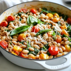 - 1 lb ground turkey - 1 can (15 oz) white beans (cannellini or great northern), drained and rinsed - 1 cup cherry tomatoes, halved In this dish, ground turkey brings a lean protein that cooks quickly. The white beans add creaminess and fiber, making it filling. Cherry tomatoes lend a sweet and juicy bite, balancing the savory notes of the skillet. - 1 medium onion, diced - 3 cloves garlic, minced - 1 teaspoon dried oregano - 1 teaspoon thyme - 1/2 teaspoon red pepper flakes (adjust to taste) - Salt and pepper to taste Onion and garlic are my go-to aromatic duo. They create a base full of flavor. Oregano and thyme add a classic Italian touch, while red pepper flakes bring a hint of heat. Season with salt and pepper to make each ingredient shine. - Fresh basil, for garnish - Grated Parmesan cheese, for serving (optional) Fresh basil adds a burst of color and a fresh taste. Grated Parmesan cheese melts slightly on top, adding richness. These garnishes elevate your dish, making it not only tasty but also beautiful. {{ingredient_image_1}} To start, heat a large skillet over medium heat. Add 1 tablespoon of olive oil. Once it’s hot, toss in 1 diced medium onion. Sauté it for about 4-5 minutes. You want the onion to turn soft and clear. Next, add 3 minced garlic cloves. Cook them for one more minute. You’re looking for that lovely garlic smell to fill the kitchen. Now, it's time to add the star of the dish: 1 pound of ground turkey. Use a spoon to break it up as it cooks. Cook it for 5-7 minutes until it’s browned and no longer pink. After the turkey is cooked, sprinkle in 1 teaspoon each of dried oregano and thyme, along with 1/2 teaspoon of red pepper flakes. Season with salt and pepper to your taste. Stir well to blend all the flavors. Once your base is ready, it’s time to add color and nutrition. Add 1 cup of halved cherry tomatoes to the skillet. Stir and cook them for about 3-4 minutes. You want them to soften a bit but not turn mushy. Next, add 1 can (15 oz) of drained and rinsed white beans. Then, toss in 1 packed cup of fresh spinach. Stir everything together. Cook for another 2-3 minutes. The spinach will wilt nicely, and everything will heat through. Now, taste your dish. Adjust the seasoning if you need to. You might want more salt, pepper, or red pepper flakes. Once it’s just right, serve it hot. For a beautiful finish, garnish it with fresh basil leaves. If you like cheese, sprinkle some grated Parmesan on top. This touch adds a creamy flavor that pairs perfectly with the dish. Enjoy your Tuscan White Bean Turkey Skillet! To ensure your turkey is fully cooked, use a meat thermometer. The internal temperature should reach 165°F. Break up the turkey well while cooking. This helps it brown evenly and cook through. If you want to prevent the dish from being too watery, drain the white beans well before adding them. You can also reduce the cherry tomatoes a bit longer to thicken the sauce. For more flavor, try adding smoked paprika or Italian seasoning. These spices boost the taste of your dish. You can also add more vegetables for nutrition. Bell peppers, zucchini, or carrots work well in this recipe. They add color and crunch, making your skillet more vibrant. Pair your Tuscan white bean turkey skillet with a simple side salad. A light salad of mixed greens and lemon vinaigrette complements the dish well. For wine, a light Pinot Grigio or a Chianti works perfectly. These wines match the flavors and enhance your meal experience. Pro Tips Use Fresh Herbs: Fresh basil can elevate the flavors significantly. Add it at the end of cooking for a vibrant taste. Customize Spice Level: Adjust the red pepper flakes according to your heat preference. Start with less if you're unsure. Beans for Texture: Consider using different types of beans like chickpeas for a unique texture and flavor in the dish. Meal Prep Friendly: This dish can be made in advance and stored in the refrigerator for up to 3 days, making it perfect for meal prep. {{image_2}} You can easily change the protein in this dish. Ground chicken or beef works well. Both offer a similar taste and texture. If you want a vegetarian option, try using mushrooms. They add a nice depth and earthy flavor. While white beans are classic, you can swap them for other types. Black beans or kidney beans can add a fun twist. You might also consider adding lentils. They provide great texture and boost the protein content. Experimenting with herbs can change the flavor profile. Try adding fresh rosemary or parsley for a new taste. A splash of lemon juice brightens the dish and adds a zesty kick. These small changes can make a big difference in your Tuscan White Bean Turkey Skillet. To store leftovers, let the dish cool first. Place it in an airtight container. You can keep the Tuscan White Bean Turkey Skillet in the fridge for up to four days. Make sure to eat it within this time for the best taste and safety. If you want to freeze portions, divide the dish into single servings. Use freezer-safe bags or containers. It can last in the freezer for up to three months. When you’re ready to enjoy it, thaw it in the fridge overnight. To reheat, warm it on the stove or in the microwave until hot. For best results, use glass or BPA-free plastic containers. These keep your food fresh and safe. Label each container with the date you stored it. This way, you will know when to eat it by. Proper storage helps maintain flavor and texture. You can pair this dish with many sides. Here are some great ideas: - Crusty bread: A nice loaf complements the skillet well. - Rice or quinoa: Both add a nice base for the meal. - Mixed greens salad: A fresh salad adds a crunchy bite. Garnish ideas include: - Fresh basil: It adds a pop of color and flavor. - Grated Parmesan cheese: This cheese makes the dish creamier and richer. Yes, you can make this dish ahead. Here are some storage tips: - Cool it down: Make sure to let it cool before storing. - Airtight containers: Use these to keep it fresh in the fridge. For reheating best practices: - Microwave: Heat in short bursts, stirring in between. - Stovetop: Warm it in a skillet over low heat, adding a splash of water if needed. Yes, you can easily make it vegetarian. Here are some alternatives: - Ground turkey swaps: Use mushrooms or lentils for texture. - Plant-based meat: You can also try veggie crumbles. For flavor adjustments: - Spices: Increase oregano and thyme for a stronger taste. - Add more veggies: Mix in bell peppers or zucchini for extra flavor and nutrition. This blog post covered a tasty Tuscan White Bean Turkey Skillet. We discussed the main ingredients like ground turkey, white beans, and cherry tomatoes. I shared tips for cooking and enhancing flavor with spices and herbs. You can try different proteins and bean options for variety. Don't forget how to store leftovers to enjoy later. In the end, this dish is not only easy but also flexible. You can tailor it to your taste and needs. Enjoy your cooking adventure!