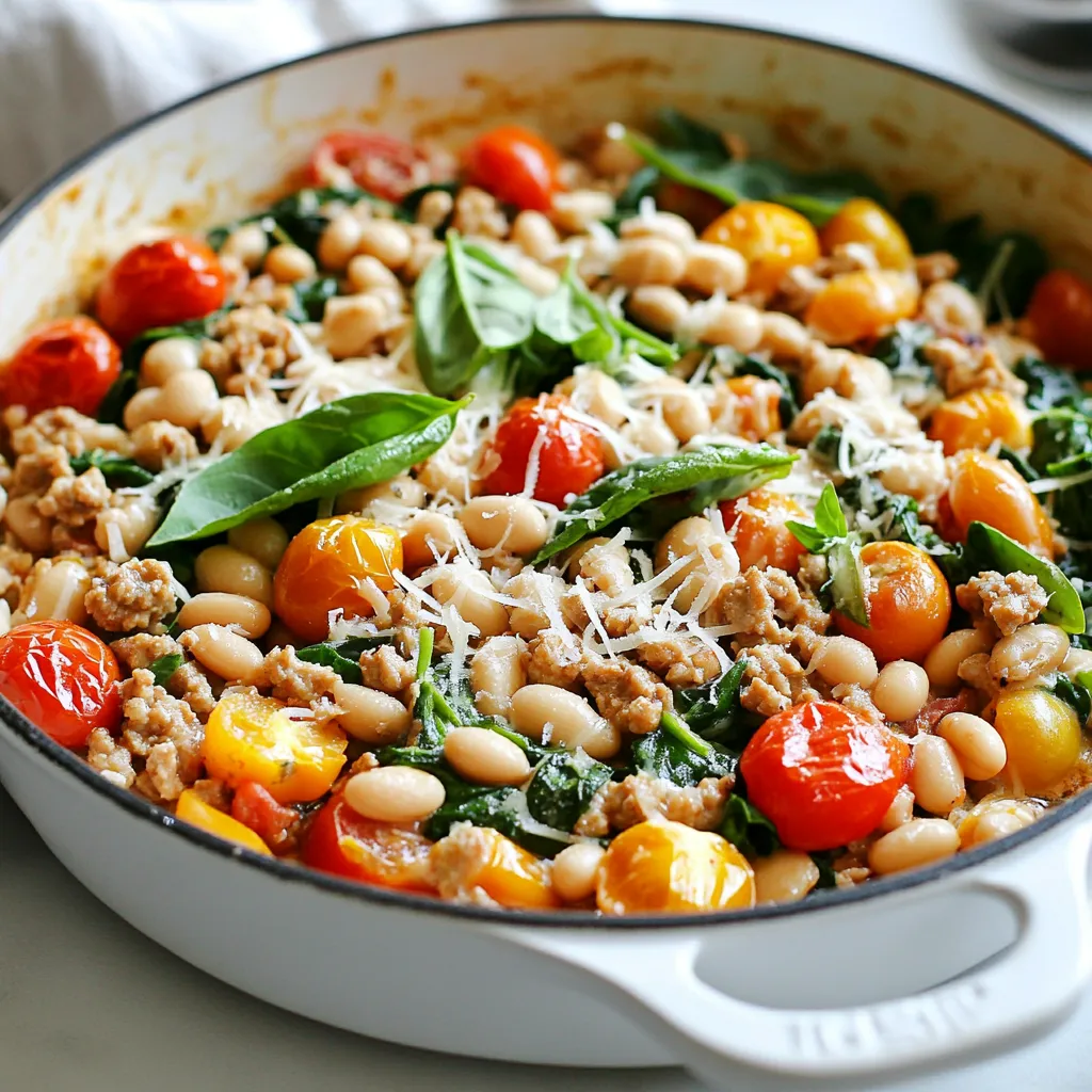 - 1 lb ground turkey - 1 can (15 oz) white beans (cannellini or great northern), drained and rinsed - 1 cup cherry tomatoes, halved In this dish, ground turkey brings a lean protein that cooks quickly. The white beans add creaminess and fiber, making it filling. Cherry tomatoes lend a sweet and juicy bite, balancing the savory notes of the skillet. - 1 medium onion, diced - 3 cloves garlic, minced - 1 teaspoon dried oregano - 1 teaspoon thyme - 1/2 teaspoon red pepper flakes (adjust to taste) - Salt and pepper to taste Onion and garlic are my go-to aromatic duo. They create a base full of flavor. Oregano and thyme add a classic Italian touch, while red pepper flakes bring a hint of heat. Season with salt and pepper to make each ingredient shine. - Fresh basil, for garnish - Grated Parmesan cheese, for serving (optional) Fresh basil adds a burst of color and a fresh taste. Grated Parmesan cheese melts slightly on top, adding richness. These garnishes elevate your dish, making it not only tasty but also beautiful. {{ingredient_image_1}} To start, heat a large skillet over medium heat. Add 1 tablespoon of olive oil. Once it&rsquo;s hot, toss in 1 diced medium onion. Saut&eacute; it for about 4-5 minutes. You want the onion to turn soft and clear. Next, add 3 minced garlic cloves. Cook them for one more minute. You&rsquo;re looking for that lovely garlic smell to fill the kitchen. Now, it's time to add the star of the dish: 1 pound of ground turkey. Use a spoon to break it up as it cooks. Cook it for 5-7 minutes until it&rsquo;s browned and no longer pink. After the turkey is cooked, sprinkle in 1 teaspoon each of dried oregano and thyme, along with 1/2 teaspoon of red pepper flakes. Season with salt and pepper to your taste. Stir well to blend all the flavors. Once your base is ready, it&rsquo;s time to add color and nutrition. Add 1 cup of halved cherry tomatoes to the skillet. Stir and cook them for about 3-4 minutes. You want them to soften a bit but not turn mushy. Next, add 1 can (15 oz) of drained and rinsed white beans. Then, toss in 1 packed cup of fresh spinach. Stir everything together. Cook for another 2-3 minutes. The spinach will wilt nicely, and everything will heat through. Now, taste your dish. Adjust the seasoning if you need to. You might want more salt, pepper, or red pepper flakes. Once it&rsquo;s just right, serve it hot. For a beautiful finish, garnish it with fresh basil leaves. If you like cheese, sprinkle some grated Parmesan on top. This touch adds a creamy flavor that pairs perfectly with the dish. Enjoy your Tuscan White Bean Turkey Skillet! To ensure your turkey is fully cooked, use a meat thermometer. The internal temperature should reach 165&deg;F. Break up the turkey well while cooking. This helps it brown evenly and cook through. If you want to prevent the dish from being too watery, drain the white beans well before adding them. You can also reduce the cherry tomatoes a bit longer to thicken the sauce. For more flavor, try adding smoked paprika or Italian seasoning. These spices boost the taste of your dish. You can also add more vegetables for nutrition. Bell peppers, zucchini, or carrots work well in this recipe. They add color and crunch, making your skillet more vibrant. Pair your Tuscan white bean turkey skillet with a simple side salad. A light salad of mixed greens and lemon vinaigrette complements the dish well. For wine, a light Pinot Grigio or a Chianti works perfectly. These wines match the flavors and enhance your meal experience. Pro Tips Use Fresh Herbs: Fresh basil can elevate the flavors significantly. Add it at the end of cooking for a vibrant taste. Customize Spice Level: Adjust the red pepper flakes according to your heat preference. Start with less if you're unsure. Beans for Texture: Consider using different types of beans like chickpeas for a unique texture and flavor in the dish. Meal Prep Friendly: This dish can be made in advance and stored in the refrigerator for up to 3 days, making it perfect for meal prep. {{image_2}} You can easily change the protein in this dish. Ground chicken or beef works well. Both offer a similar taste and texture. If you want a vegetarian option, try using mushrooms. They add a nice depth and earthy flavor. While white beans are classic, you can swap them for other types. Black beans or kidney beans can add a fun twist. You might also consider adding lentils. They provide great texture and boost the protein content. Experimenting with herbs can change the flavor profile. Try adding fresh rosemary or parsley for a new taste. A splash of lemon juice brightens the dish and adds a zesty kick. These small changes can make a big difference in your Tuscan White Bean Turkey Skillet. To store leftovers, let the dish cool first. Place it in an airtight container. You can keep the Tuscan White Bean Turkey Skillet in the fridge for up to four days. Make sure to eat it within this time for the best taste and safety. If you want to freeze portions, divide the dish into single servings. Use freezer-safe bags or containers. It can last in the freezer for up to three months. When you&rsquo;re ready to enjoy it, thaw it in the fridge overnight. To reheat, warm it on the stove or in the microwave until hot. For best results, use glass or BPA-free plastic containers. These keep your food fresh and safe. Label each container with the date you stored it. This way, you will know when to eat it by. Proper storage helps maintain flavor and texture. You can pair this dish with many sides. Here are some great ideas: - Crusty bread: A nice loaf complements the skillet well. - Rice or quinoa: Both add a nice base for the meal. - Mixed greens salad: A fresh salad adds a crunchy bite. Garnish ideas include: - Fresh basil: It adds a pop of color and flavor. - Grated Parmesan cheese: This cheese makes the dish creamier and richer. Yes, you can make this dish ahead. Here are some storage tips: - Cool it down: Make sure to let it cool before storing. - Airtight containers: Use these to keep it fresh in the fridge. For reheating best practices: - Microwave: Heat in short bursts, stirring in between. - Stovetop: Warm it in a skillet over low heat, adding a splash of water if needed. Yes, you can easily make it vegetarian. Here are some alternatives: - Ground turkey swaps: Use mushrooms or lentils for texture. - Plant-based meat: You can also try veggie crumbles. For flavor adjustments: - Spices: Increase oregano and thyme for a stronger taste. - Add more veggies: Mix in bell peppers or zucchini for extra flavor and nutrition. This blog post covered a tasty Tuscan White Bean Turkey Skillet. We discussed the main ingredients like ground turkey, white beans, and cherry tomatoes. I shared tips for cooking and enhancing flavor with spices and herbs. You can try different proteins and bean options for variety. Don't forget how to store leftovers to enjoy later. In the end, this dish is not only easy but also flexible. You can tailor it to your taste and needs. Enjoy your cooking adventure!