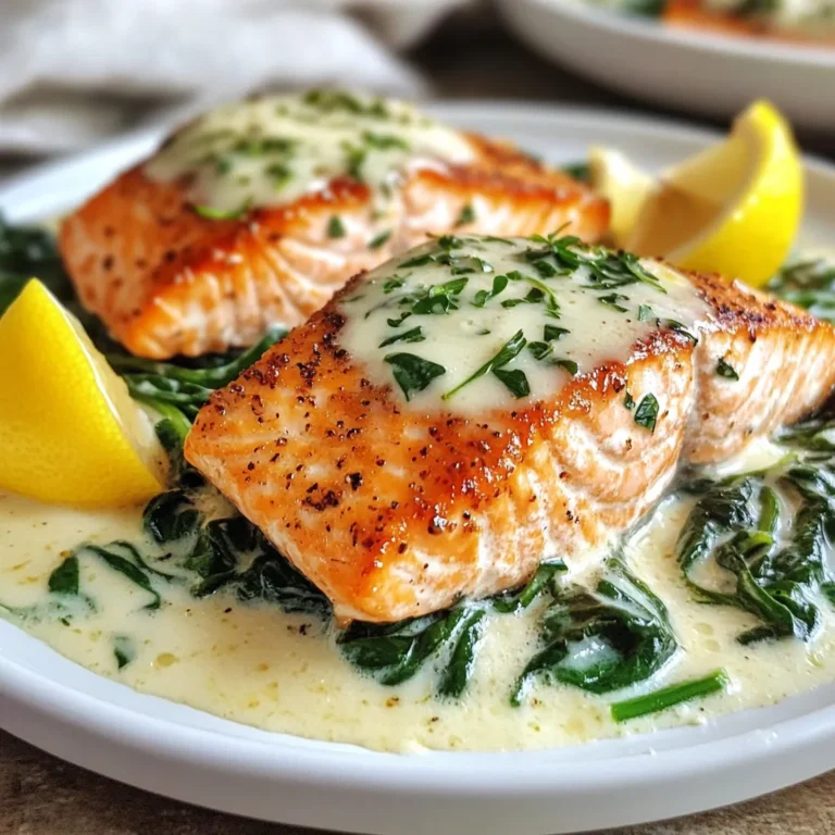 For this tasty Salmon Florentine, you will need: - 4 salmon fillets - 2 cups fresh spinach - 1 cup heavy cream - 1/2 cup grated Parmesan cheese - 1 tablespoon garlic, minced - 1 tablespoon olive oil - 1/2 teaspoon nutmeg - Salt and pepper to taste - Lemon wedges for garnish If you need to swap some ingredients, here are my top picks: - Salmon fillets: You can use trout or cod. Both work well. - Heavy cream: Substitute with half-and-half or a non-dairy cream. - Parmesan cheese: Grana Padano or Pecorino Romano will do the trick. - Fresh spinach: Try kale or Swiss chard for a different taste. - Olive oil: Avocado oil or butter can replace olive oil. Each serving of Salmon Florentine contains: - Calories: 450 - Protein: 35g - Carbohydrates: 7g - Fat: 32g - Fiber: 1g - Sodium: 500mg This dish packs a punch of protein and healthy fats, making it a satisfying option for any meal. Enjoy the rich flavors while keeping your meals nutritious! {{ingredient_image_1}} 1. First, preheat your oven to 375°F (190°C). This step is key for even cooking. 2. In a large skillet, add 1 tablespoon of olive oil. Heat it over medium heat. 3. Mince 1 tablespoon of garlic and add it to the skillet. Sauté it for about 1 minute. 4. Next, add 2 cups of fresh spinach to the skillet. Cook until it wilts, around 3-4 minutes. 5. Remove the skillet from heat and set the spinach aside. 1. In a separate saucepan, combine 1 cup of heavy cream and 1/2 cup of grated Parmesan cheese. 2. Heat this mixture over low heat, stirring often. Wait until the cheese melts completely. 3. Season the sauce with 1/2 teaspoon of nutmeg, salt, and pepper. This adds depth of flavor. 4. In a baking dish, lay down 4 salmon fillets skin-side down. Make sure they fit snugly. 1. Spoon the wilted spinach evenly over each salmon fillet. This adds color and taste. 2. Pour the creamy Parmesan sauce over the salmon and spinach. Ensure each fillet is well covered. 3. Place the baking dish in the preheated oven. Bake for 15-20 minutes. 4. Check the salmon after 15 minutes. It should flake easily with a fork when done. 5. Once cooked, remove the dish from the oven. Let it cool for a few minutes. 6. Serve the salmon hot, garnished with lemon wedges for added zest. To make your Salmon Florentine shine, pay attention to the cooking time. Overcooking salmon makes it dry. Bake it for 15 to 20 minutes. Check often to see if it flakes easily with a fork. This means it is done. Use fresh spinach for the best flavor and texture. Cook it just until it wilts, about 3-4 minutes. This keeps it bright and tasty. One mistake is using frozen salmon. Fresh salmon gives a better taste. Don't skip the nutmeg; it adds warmth to the sauce. Another mistake is not seasoning well. Always taste your sauce before pouring it over the salmon. Add salt and pepper as needed. Lastly, avoid rushing the cooking process. Good food takes time, so let each step shine. Want to kick up the flavor? Try adding fresh herbs like dill or parsley. These herbs pair well with salmon and spinach. You can also squeeze fresh lemon juice on top right before serving. This adds a bright, zesty touch. For a little extra richness, toss in some cream cheese when making the sauce. It makes it creamy and delicious. Enjoy experimenting! Pro Tips Fresh Spinach Matters: Always use fresh spinach for the best flavor and texture. Frozen spinach can be watery and affect the sauce consistency. Perfectly Cooked Salmon: To ensure your salmon is cooked perfectly, use a meat thermometer; it should reach an internal temperature of 145°F (63°C). Customize the Cream Sauce: Feel free to add fresh herbs like dill or basil to the cream sauce for an extra layer of flavor! Serving Suggestions: Serve with a side of roasted vegetables or a light salad to complement the richness of the dish. {{image_2}} You can easily swap ingredients in Salmon Florentine to fit your diet. For a lighter option, use Greek yogurt instead of heavy cream. If you want a dairy-free version, try coconut cream or cashew cream. You can use nutritional yeast instead of Parmesan cheese for a vegan take. If you're gluten-free, check that your cheese and cream are certified gluten-free. You don’t have to bake Salmon Florentine to enjoy it. You can grill salmon fillets for a smoky flavor. Just season them and place them on a hot grill for about 5-7 minutes per side. If you prefer the stovetop, use a skillet. Sauté the salmon in olive oil and then cover it to steam with the creamy sauce. Both methods keep the dish delicious and tender. Change up the flavors in Salmon Florentine with different herbs and spices. Add fresh dill or basil for a fresh twist. You can also try a pinch of cayenne pepper for heat. If you love lemon, add some lemon zest to the cream sauce for brightness. Feel free to experiment with flavors like sun-dried tomatoes or olives for a Mediterranean touch. To store leftovers, let the salmon cool down first. Place it in an airtight container. Add any remaining sauce and spinach on top. Store it in the fridge for up to three days. This keeps the salmon fresh and tasty for your next meal. When you want to reheat, preheat your oven to 350°F (175°C). Place the salmon in a baking dish. Cover it with foil to keep it moist. Heat for about 15 minutes or until warm. You can also use the microwave. Just heat it in short bursts to avoid overcooking. If you want to freeze Salmon Florentine, wrap each piece well in plastic wrap. Then, put the wrapped salmon in a freezer bag. This helps keep out air and prevents freezer burn. You can freeze it for up to two months. When ready to eat, thaw it in the fridge overnight before reheating it. Salmon Florentine is a tasty dish that features salmon and spinach. The salmon fillets bake in a creamy sauce made with heavy cream and Parmesan cheese. You add sautéed spinach for a fresh taste. The nutmeg gives it a warm flavor. This dish is both rich and satisfying. Yes, you can prepare Salmon Florentine ahead of time. Cook the spinach and sauce, then store them in the fridge. You can also season the salmon fillets in advance. When ready to eat, just layer everything in the baking dish and bake. This makes for a quick meal. Several sides work great with Salmon Florentine. Here are some ideas: - Garlic bread for a nice crunch. - Steamed vegetables like broccoli or green beans. - A light salad with a lemon vinaigrette. - Rice or quinoa to soak up the sauce. Yes, Salmon Florentine is a healthy choice. Salmon is rich in omega-3 fatty acids, which are good for your heart. Spinach adds vitamins and minerals. The heavy cream and cheese do add some fat, but using them in moderation keeps it balanced. Enjoy it as part of a healthy diet. In this blog post, we explored how to make Salmon Florentine. We covered the complete ingredient list, including substitutes and nutritional information. You learned clear, step-by-step cooking instructions and key tips to avoid mistakes. We also discussed how to store leftovers and variations for different diets. Salmon Florentine is not just tasty; it’s also flexible. With these tips, you can boost flavor and impress anyone at your table. Enjoy creating your own version of this dish!