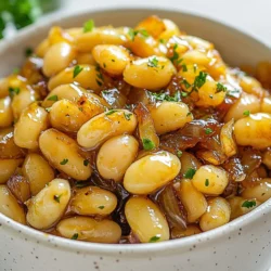 - 1 can of butter beans, drained and rinsed - 2 large onions, thinly sliced - 3 tablespoons olive oil - 2 cloves garlic, minced - 1 tablespoon balsamic vinegar - 1 teaspoon dried thyme - Salt and pepper to taste - Fresh parsley, chopped Let’s dive into the ingredients that make up this dish. First, butter beans are creamy and soft. They add a nice texture. You can find them canned, which saves time. Next, we have onions. Slicing them thin helps them caramelize well. The olive oil gives a rich flavor and helps cook the onions slowly. Garlic adds a lovely aroma and taste. Balsamic vinegar gives a sweet tang. Thyme brings earthiness to the dish. Finally, salt and pepper enhance all the flavors. For the garnish, fresh parsley adds color and freshness. It brightens the dish and makes it look nice. Each ingredient plays a role in creating a warm and tasty meal. {{ingredient_image_1}} - First, heat the olive oil over medium-low heat in a large skillet. - Next, add the sliced onions along with a pinch of salt. - Cook the onions gently for about 15-20 minutes. Stir them occasionally. - Watch for them to turn soft and deeply caramelized. If they stick, add a splash of water. - Once the onions are caramelized, stir in the minced garlic. - Cook for an additional 1-2 minutes until the garlic smells good. - Now, add the drained butter beans to the skillet. - Gently fold the beans into the onion mixture. - Next, pour in the balsamic vinegar and mix well. - Sprinkle in the dried thyme, salt, and pepper to taste. - Stir everything together and cook for another 5 minutes. - Heat until everything is warm, then taste and adjust the seasoning if needed. - Finally, serve warm, and finish it off with fresh chopped parsley on top. To get those sweet, golden onions, cook them low and slow. Aim for 15-20 minutes over medium-low heat. Stir them often. This helps them cook evenly. If they stick to the pan, splash in a bit of water. It keeps them from burning and adds a nice flavor. When you heat butter beans, do it gently. Add them to the pan after the onions. Stir them carefully to coat with the onion mixture. This ensures they heat evenly. To boost flavor, sprinkle a bit of salt and pepper or add fresh herbs right before serving. It makes a big difference. Caramelized onion butter beans pair well with rice or crusty bread. They can also top a salad for extra flavor. For a fun twist, serve them in a bowl with a drizzle of balsamic glaze. You can even use them as a filling for tacos or wraps. The options are endless! Pro Tips Use Sweet Onions: Opt for sweet onions like Vidalia or Walla Walla for a richer flavor that enhances the sweetness of the caramelization. Low and Slow: Cook the onions over low heat to ensure they caramelize evenly without burning, allowing their natural sugars to develop fully. Experiment with Seasonings: Feel free to add other herbs such as rosemary or oregano for additional layers of flavor that complement the dish beautifully. Serve with Bread: For a heartier meal, serve the caramelized onion butter beans on toasted bread or alongside crusty baguette slices. {{image_2}} You can switch up the beans in this dish. Use white beans or chickpeas instead of butter beans. Both options add a different taste and texture. Mixing different beans can create a fun experience. Each bean offers unique flavors, which can make your meal more interesting. You can spice things up by adding herbs or spices. Think about thyme, rosemary, or even a dash of cayenne for heat. Adding other vegetables, like bell peppers or spinach, can boost the meal's nutrition. These additions make your dish colorful and flavorful. If you want a vegan dish, swap in different oils or vinegars. Olive oil works well, but avocado oil is a great choice too. For garnishes, use nut-based cheese or seeds to keep it dairy-free. This way, everyone can enjoy this tasty meal, no matter their diet. To keep your caramelized onion butter beans fresh, store them in the fridge. Use an airtight container. This keeps moisture in and prevents odors from mixing. Make sure to cool the beans to room temperature before sealing. They can last up to three days in the fridge. When it’s time to enjoy your leftovers, reheating is key. The best method is to use a skillet. Heat it over medium heat and add a splash of olive oil. This helps keep the beans moist. Stir gently for about five minutes until they warm through. You can also use the microwave. Just cover the bowl with a damp paper towel. Heat in 30-second bursts, stirring in between, to keep the texture nice. Yes, you can freeze caramelized onion butter beans! They freeze well for up to three months. To freeze, let them cool completely. Then, place them in a freezer-safe container. Leave some space at the top for expansion. When you’re ready to eat, simply thaw them overnight in the fridge. Reheat them as mentioned above for the best flavor. Butter beans are large, creamy beans. They have a smooth texture and a rich flavor. Unlike other beans, they are softer and cook faster. Butter beans are great in soups, stews, or salads. They add a nice creaminess that many other beans do not have. Yes, you can make caramelized onion butter beans in advance. Prepare the dish and let it cool. Store it in an airtight container in the fridge. It will stay fresh for about three days. When you’re ready to eat, just reheat it on the stove or in the microwave. To add heat, you can include red pepper flakes or diced jalapeños. You can stir these in with the garlic. Another option is to use spicy olive oil or add a dash of hot sauce. Start with a little, then taste and adjust as needed. Caramelized onion butter beans pair well with rustic bread or crusty rolls. They also go nicely with grilled meats or roasted vegetables. A fresh green salad can balance the dish's richness, too. If your onions are overcooked, try adding a splash of water or broth. This can help soften their texture. You can also add a bit of sugar to balance bitterness. If they are too burnt, it may be best to start over and cook them slowly again. This recipe for caramelized onion butter beans skillfully combines simple ingredients for a tasty dish. You learned how to caramelize onions and blend them with butter beans and spices. I shared tips to perfect your cooking and variations to keep things fresh. Remember to store and reheat leftovers well for the best experience. This dish is easy and comforting, making it perfect for any meal. Try it out, and enjoy the rich flavors and textures even more!