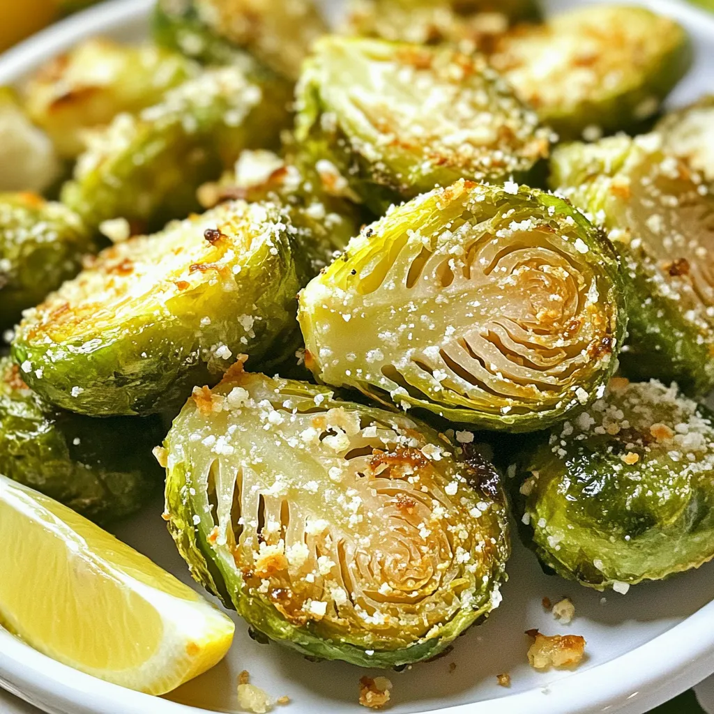 - 1 pound Brussels sprouts, halved - 3 tablespoons olive oil - 4 cloves garlic, minced - 1/2 cup grated Parmesan cheese - 1 teaspoon garlic powder - 1 teaspoon onion powder - 1/2 teaspoon crushed red pepper flakes (optional for heat) - Salt and pepper to taste - Lemon wedges for serving - Herbs (e.g., thyme or rosemary) - Balsamic glaze The right ingredients make all the difference in your dish. For this recipe, I choose one pound of Brussels sprouts. Halving them helps cook them evenly. I use three tablespoons of olive oil to keep them moist and add flavor. Four cloves of minced garlic give a strong punch of taste. Next, I add half a cup of grated Parmesan cheese. This cheese turns golden and crispy in the air fryer. One teaspoon of garlic powder and one teaspoon of onion powder add depth. If you like heat, add half a teaspoon of crushed red pepper flakes. Don’t forget salt and pepper to taste! For a fresh twist, serve with lemon wedges. A squeeze of lemon brightens the dish. You can also mix in some herbs like thyme or rosemary for extra flair. A drizzle of balsamic glaze adds a sweet note. These options can really boost the flavor! Preheat your air fryer to 375°F (190°C). This step takes about 5 minutes. Preheating helps achieve a crispy texture. In a large bowl, add the halved Brussels sprouts. Pour in 3 tablespoons of olive oil. Add 4 cloves of minced garlic, 1 teaspoon of garlic powder, and 1 teaspoon of onion powder. If you like heat, sprinkle in 1/2 teaspoon of crushed red pepper flakes. Season with salt and pepper to taste. Toss everything together until the Brussels sprouts are evenly coated. Now, add 1/2 cup of grated Parmesan cheese. Gently toss again so the cheese sticks to the sprouts. This cheese adds a rich flavor that pairs perfectly with the garlic. Place the seasoned Brussels sprouts in the air fryer basket. Lay them in a single layer to ensure even cooking. You may need to cook in batches if your air fryer is small. Air fry the Brussels sprouts for 15-20 minutes. Shake the basket halfway through. This helps them crisp up nicely. When they turn golden brown, they are ready to serve. Carefully remove the Brussels sprouts from the air fryer. Transfer them to a serving dish. Enjoy them fresh with lemon wedges on the side for a bright finish. To get the best crispiness, cook the Brussels sprouts in a single layer. This step helps hot air circulate around each piece. If the sprouts overlap, they will steam instead of fry. Always check your air fryer’s basket size. You may need to work in batches for the best results. To prepare your Brussels sprouts, start by trimming the stem ends. Then, slice each sprout in half from top to bottom. This method ensures even cooking and makes them easier to coat with the seasoning. Make sure to wash them well before cutting. Clean sprouts will taste better and be more enjoyable. Feel free to adjust the seasonings to match your taste. If you enjoy spice, add more crushed red pepper flakes. For a more robust flavor, try adding fresh herbs like thyme or rosemary. You can also drizzle balsamic glaze over the cooked sprouts for a sweet touch. Experimenting with flavors keeps the recipe exciting and personalized. {{image_2}} To make your Brussels sprouts spicier, add more crushed red pepper flakes. Start with an extra half teaspoon, and adjust to your taste. The heat from the flakes pairs well with the garlic and cheese. This kick adds depth and makes these sprouts a tasty side dish. You can also try adding hot sauce for more heat. Experiment until you find your favorite balance. If you want a vegan version, simply swap out the Parmesan cheese for nutritional yeast. Nutritional yeast gives a cheesy flavor without dairy. Use half a cup, just like the cheese. It’s a great way to enjoy these sprouts while keeping them plant-based. Plus, nutritional yeast is packed with nutrients, making this option even better. You can mix Brussels sprouts with other air fryer-friendly vegetables. Try adding carrots, bell peppers, or zucchini. Cut them into similar sizes to ensure even cooking. Toss them with the same garlic and oil mix for great flavor. This not only boosts nutrition but also adds color to your dish. Have fun experimenting with different combinations! To keep your Brussels sprouts fresh, place them in an airtight container. Store them in the fridge for up to three days. Make sure they are completely cool before sealing the container. This helps to prevent moisture buildup. If you notice any sogginess, a paper towel can help absorb excess moisture. When it’s time to eat the leftovers, reheat them in the air fryer. Set the air fryer to 350°F (175°C) for about 5 to 7 minutes. This method helps keep them crispy. Shake the basket halfway through to ensure even heating. Avoid using the microwave, as it can make them soggy. Yes, you can freeze cooked Brussels sprouts! Allow them to cool completely, then place them in a freezer bag. Remove as much air as possible before sealing. They can stay fresh for up to three months in the freezer. To use them later, thaw them in the fridge overnight before reheating. You can tell Brussels sprouts are done when they turn golden brown and crispy. They should take about 15 to 20 minutes to cook. Shake the basket halfway through to help them cook evenly. Test a sprout by piercing it with a fork. It should be tender inside. Yes, you can use frozen Brussels sprouts. However, they may need a longer cooking time. Make sure to thaw and drain them first. This will help avoid excess moisture. Toss them with olive oil and spices just like fresh sprouts. These Brussels sprouts pair well with many dishes. Here are some great options: - Grilled chicken - Baked salmon - Pasta with olive oil - Quinoa salad - Steak or pork chops You can prep the Brussels sprouts ahead of time. Toss them in oil and spices, then store them in the fridge. Cook them fresh when you are ready to serve. This keeps them crispy and delicious. This blog post guided you through making Air Fryer Garlic Parmesan Brussels Sprouts. We covered key ingredients, step-by-step cooking instructions, and tips for the best results. You learned how to achieve maximum crispiness and even flavor. Also, we explored variations like spicy options and vegan alternatives. Enjoy trying out the recipe and making it your own. Trust me, these Brussels sprouts will impress everyone!