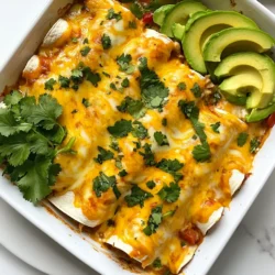 - 2 cups cooked chicken, shredded - 1 cup shredded cheese (gruyere or Monterey Jack work beautifully) - 1 cup enchilada sauce (store-bought or homemade) The base of cheesy chicken enchiladas is simple yet delicious. I love using cooked chicken because it makes the dish quick to prepare. You can use rotisserie chicken for an even faster meal. The cheese adds richness. Gruyere gives a nutty taste, while Monterey Jack melts well for that gooey texture we crave. The enchilada sauce, whether store-bought or homemade, brings a zesty kick that ties everything together. - ½ cup red bell pepper, diced - ½ cup onion, finely chopped - 1 tablespoon olive oil - 1 teaspoon ground cumin - 1 teaspoon garlic powder - Salt and pepper to taste Adding vegetables makes these enchiladas even better. Red bell peppers add sweetness and color. Onions provide a nice flavor base. Sautéing them in olive oil enhances their natural flavors. Ground cumin and garlic powder add warmth and depth. A pinch of salt and pepper brings all the flavors to life. - Fresh cilantro - Avocado slices Garnishes are the final touch. Fresh cilantro adds brightness and a herby taste. Avocado slices bring creaminess and balance out the spice. You can mix and match your toppings, but these two always work well. Enjoy your cheesy chicken enchiladas with these extras for a full-flavored meal! {{ingredient_image_1}} 1. Preheat the oven: Start by preheating your oven to 375°F (190°C). This step is key for a nice bake. 2. Sauté the veggies: In a skillet, heat 1 tablespoon of olive oil over medium heat. Add ½ cup of diced red bell pepper and ½ cup of finely chopped onion. Sauté these until they soften, about 5 minutes. This brings out the flavors. 3. Combine filling ingredients: In a large bowl, mix 2 cups of shredded chicken, the sautéed veggies, half of the cheese (1 cup), 1 teaspoon of ground cumin, 1 teaspoon of garlic powder, and salt and pepper to taste. Stir until everything is well blended. 4. Prepare tortillas: Warm 8 small corn tortillas in the microwave for about 20 seconds. This makes them easy to roll without breaking. 5. How to assemble the enchiladas: Spread a thin layer of enchilada sauce in the bottom of a baking dish. Take one tortilla, add a generous spoonful of the chicken mixture, then roll it tightly. Place it seam side down in the dish. Repeat this for all tortillas. 6. Adding sauce and cheese before baking: Once all enchiladas are in the baking dish, pour the rest of the enchilada sauce over the top. Then, sprinkle the remaining cheese evenly across the dish. This cheese will melt beautifully during baking. 7. Baking process and tips for perfect cheese melt: Cover the dish with foil and bake in the preheated oven for 20 minutes. After that, remove the foil and bake for an additional 10 minutes. Look for bubbling cheese that is slightly golden. 8. Cooling and garnishing before serving: Once baked, take the dish out and let it cool for a few minutes. Serve the enchiladas garnished with fresh cilantro and slices of avocado. This adds color and a fresh taste. Enjoy your meal! To make shredding chicken easy, use two forks. Hold one fork in each hand. Grab the chicken and pull it apart. You’ll get nice shreds fast. If you have a stand mixer, use it! Place the chicken in the bowl and mix on low. It shreds quickly and evenly. When warming tortillas, heat them in the microwave. Place them on a plate, cover with a damp paper towel, and heat for 20 seconds. This softens them, making them easy to roll without tearing. You can also warm them in a dry skillet for 30 seconds on each side. For the best flavor, mix cumin and garlic powder into the chicken. These add depth and warmth. You can also try adding a pinch of chili powder for some heat. Want more texture? Add black beans or corn to the filling. They boost flavor and add fiber. Mix them in with the chicken and veggies. If you want to try a slow cooker, it's easy! Combine all filling ingredients in the slow cooker. Cook on low for 4 hours. Then, when ready, assemble the enchiladas as usual. For oven settings, preheat to 375°F. Bake covered for 20 minutes. This keeps the enchiladas moist. Remove the foil and bake for another 10 minutes. This gives you a nice, bubbly cheese topping. Pro Tips Warm Tortillas: Warming the tortillas before filling them prevents them from cracking when you roll them up. Customize Your Filling: Feel free to add other ingredients like black beans, corn, or different spices to the chicken mixture for an extra flavor boost. Use a Mix of Cheeses: Combining different types of cheese can elevate the flavor profile. Try adding some pepper jack for a spicy kick! Let Them Rest: After baking, let the enchiladas sit for a few minutes before serving. This helps them hold their shape better when you plate them. {{image_2}} You can change the protein in this recipe easily. Use beef or ground turkey for a twist. If you want a vegetarian option, try black beans or lentils instead of chicken. Both options are tasty and fill you up! For cheese, if you're dairy-free, there are great alternatives. Look for brands that melt well. Some use cashews or soy, and they taste great in enchiladas. If you want to make your own enchilada sauce, it’s simple! Just blend tomatoes, chili powder, cumin, and garlic. This sauce gives your enchiladas a fresh taste. If you like heat, add jalapeños or cayenne pepper to the mix. You can also use store-bought spicy sauces for a quick fix. They add a kick that makes every bite exciting. Enchiladas pair well with sides like rice or a fresh salad. Try serving them with Mexican rice for a full meal. A simple green salad can add crunch and freshness to your plate. For toppings, go beyond avocado. Consider adding sour cream, diced tomatoes, or jalapeños. Fresh cilantro adds a burst of flavor too. These toppings will make your enchiladas even more fun to eat! To store leftovers properly, let the enchiladas cool down first. Place them in an airtight container. This helps keep them fresh and prevents drying out. You can store them in the fridge for up to three days. You can freeze enchiladas before or after baking. To freeze before baking, wrap each enchilada in plastic wrap. Place them in a freezer-safe bag, removing as much air as possible. For freezing after baking, let them cool completely. Then, cover them tightly with foil. Enchiladas can last up to three months in the freezer. To reheat, let them thaw overnight in the fridge. This keeps them from getting soggy. For the best results, reheat in the oven. Preheat the oven to 350°F. Place the enchiladas in a baking dish and cover with foil. Bake for about 20 minutes. This ensures even heating and keeps the texture nice. If you use a microwave, heat in short intervals. Try 1 to 2 minutes at a time. Check the enchiladas often to avoid overheating. This method helps maintain their flavor and texture. Can I use leftover rotisserie chicken? Yes, you can use leftover rotisserie chicken. It saves time and adds flavor. Just shred it into bite-sized pieces. This option is quick, and you can enjoy the enchiladas even faster. How can I make enchiladas vegetarian? To make vegetarian enchiladas, swap the chicken for black beans or lentils. You can also add veggies like zucchini or mushrooms. This change keeps the dish hearty and tasty while being meat-free. What should I do if my enchiladas are dry? If your enchiladas turn out dry, try adding more sauce before baking. You can also cover them with foil while baking to keep moisture in. Don’t forget to serve them with a side of sauce for extra flavor. How do I ensure my tortillas don't tear when assembling? Warm your tortillas before using them. A quick 20-second blast in the microwave makes them bendy. This warmth helps prevent tears, making assembly much easier. Are cheesy chicken enchiladas healthy? Cheesy chicken enchiladas can be healthy. They offer protein from chicken and nutrients from veggies. However, watch the cheese and sauce portions for lower calories. How can I make them healthier? To make them healthier, use whole-grain tortillas and less cheese. You can also load up on veggies and use low-sodium enchilada sauce. These changes keep the flavor while adding more nutrition. This blog post covers everything you need to know to make cheesy chicken enchiladas. We discussed key ingredients, step-by-step instructions, and helpful tips to perfect your dish. You learned about delicious variations and proper storage methods, too. By following these guidelines, you can create a meal that you and your loved ones will enjoy. Make your enchiladas tasty and easy to personalize. With practice, you'll have a go-to recipe for gatherings or cozy nights at home. Enjoy your cooking journey!