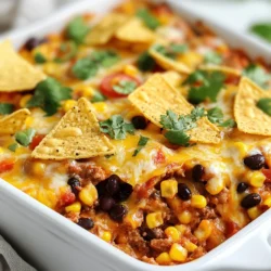 Loaded Taco Beef Casserole is all about bold flavors and easy prep. Here is what you need: - Ground beef and aromatics - 1 pound ground beef - 1 small onion, diced - 2 cloves garlic, minced - Canned ingredients and taco essentials - 1 packet taco seasoning - 1 can (15 oz) black beans, rinsed and drained - 1 can (15 oz) corn, drained - 1 can (10 oz) diced tomatoes with green chilies - 1 cup cooked rice (white or brown) - Toppings and garnishes - 2 cups shredded cheddar cheese - 1 cup crushed tortilla chips - 1 cup sour cream - 1/4 cup sliced jalape&ntilde;os (optional) - Fresh cilantro, for garnish Each ingredient plays a key role in creating layers of flavor. The ground beef gives a hearty base. Onions and garlic add a sweet touch. Taco seasoning brings the zest, while beans and corn provide texture. The rice binds it all together. Toppings like cheese and chips make it fun and crunchy. Jalape&ntilde;os can add heat, and cilantro gives freshness. This combo makes for a tasty family dinner. {{ingredient_image_1}} 1. Preheat your oven to 350&deg;F (175&deg;C). This step warms up your oven for a perfect bake. 2. Brown the meat in a large skillet over medium heat. Add 1 pound of ground beef. Cook it until it's well done. Remember to drain any fat that collects. 3. Add aromatics next. Toss in 1 small diced onion and 2 minced garlic cloves. Cook these for about 3-4 minutes. Wait until the onion turns translucent. 4. Mix in the flavors. Stir in 1 packet of taco seasoning, 1 can of black beans (15 oz), 1 can of corn (15 oz), and 1 can of diced tomatoes with green chilies (10 oz). Cook this for 5 minutes. This helps all the flavors blend nicely. 5. Combine with rice. Remove the skillet from heat and mix in 1 cup of cooked rice. This gives the casserole its heartiness. 6. Layer your dish. Grease a 9x13 inch baking dish. Spread half of the beef mixture on the bottom. Then sprinkle 1 cup of shredded cheddar cheese over it. 7. Add more layers. On top of the cheese, place the remaining beef mixture. Dollop 1 cup of sour cream over this layer. 8. Finish with cheese and chips. Top with the rest of the cheddar cheese. Finally, sprinkle 1 cup of crushed tortilla chips on top for that crunch. 9. Add jalape&ntilde;os if you want. Sliced jalape&ntilde;os (1/4 cup) can give your dish an extra kick. 10. Bake the casserole. Place it in the oven and bake for 25-30 minutes. Look for melted and bubbly cheese&mdash;that's when it's ready! 11. Garnish and serve. Let it cool for a few minutes after taking it out. Add some fresh cilantro on top before serving. Enjoy your tasty family dinner! How to avoid a soggy bottom To keep your casserole from getting soggy, use the right amount of liquid. Make sure to drain canned ingredients like corn and black beans well. Also, cook your rice until it&rsquo;s just right. Overcooked rice adds too much moisture. Best types of cheese to use I love using sharp cheddar cheese for its strong flavor. You can also mix in Monterey Jack for a creamier texture. If you want a little kick, try pepper jack cheese. Each cheese melts well and adds richness. Adjusting spice levels Spice levels can make or break a dish. If you like heat, add more jalape&ntilde;os or use spicy taco seasoning. If you prefer mild flavors, stick to regular taco seasoning and skip the jalape&ntilde;os. You control the spice! Experiment with these tips to make your Loaded Taco Beef Casserole just right for your family. Enjoy the process and have fun in the kitchen! Pro Tips Use lean beef: Opt for lean ground beef (90% lean or higher) to reduce fat content and make the dish healthier without sacrificing flavor. Customize your toppings: Feel free to add your favorite toppings like guacamole, diced tomatoes, or green onions to give each serving a personal touch. Make it ahead: Prepare the casserole a day in advance, cover it, and refrigerate. Just bake it when you're ready to serve for an easy meal. Spice it up: If you love heat, add more diced jalape&ntilde;os or a dash of hot sauce to the beef mixture for an extra kick. {{image_2}} You can easily switch up this recipe for fun. Vegetarian alternatives To make a vegetarian version, swap the ground beef for lentils or black beans. You can use a mix of veggies too, like bell peppers and zucchini. This adds color and flavor. Ingredient substitutions You can change many ingredients. Instead of rice, try quinoa for a nutty taste. Use any cheese you like, such as Monterey Jack or pepper jack. If you're out of sour cream, Greek yogurt works well, too. Serving suggestions for different occasions This casserole fits many occasions. For a casual dinner, serve it with a side salad. For a party, make mini portions in ramekins. You can add toppings like guacamole or pico de gallo for extra fun. To keep your Loaded Taco Beef Casserole fresh, use a few simple steps. First, let the casserole cool to room temperature. This helps avoid steam build-up, which can make it soggy. Once cooled, cover the dish tightly with plastic wrap or foil. You can also transfer leftovers to an airtight container for better storage. For reheating, the best method is using an oven. Preheat it to 350&deg;F (175&deg;C). Place the casserole in an oven-safe dish. Cover it with foil to prevent drying out. Heat for about 20 minutes or until it&rsquo;s warm all the way through. If you prefer the microwave, use a microwave-safe plate. Heat in short bursts of one to two minutes, checking often. If you want to store the casserole for a long time, freezing is a great option. Cut the casserole into portions before freezing. Wrap each portion in plastic wrap, then place it in a freezer bag. Label the bag with the date and contents. It can stay fresh in the freezer for up to three months. When ready to eat, thaw it in the fridge overnight before reheating. This method helps maintain its taste and texture. Can I make this casserole ahead of time? Yes, you can make this casserole ahead. Prepare the beef mixture and layer it in the dish. Cover it and store it in the fridge. Bake it the next day for a quick meal. What can I serve with Loaded Taco Beef Casserole? You can serve this casserole with a green salad. It pairs well with guacamole and salsa too. For a crunchy touch, add some tortilla chips on the side. How do I make it spicier or milder? To make it spicier, add more jalape&ntilde;os or some hot sauce. You can also choose spicy taco seasoning. For a milder dish, leave out the jalape&ntilde;os and use mild seasoning. Adjust to fit your taste! This article covered everything you need to know about making a loaded taco beef casserole. We explored the ingredients, preparation steps, and helpful tips for the perfect dish. You learned variations and how to store leftovers, plus we answered common questions. In closing, making this casserole can bring joy to any meal. Use your favorite toppings and savor each bite. Enjoy experimenting with flavors and sharing this tasty dish with friends and family!