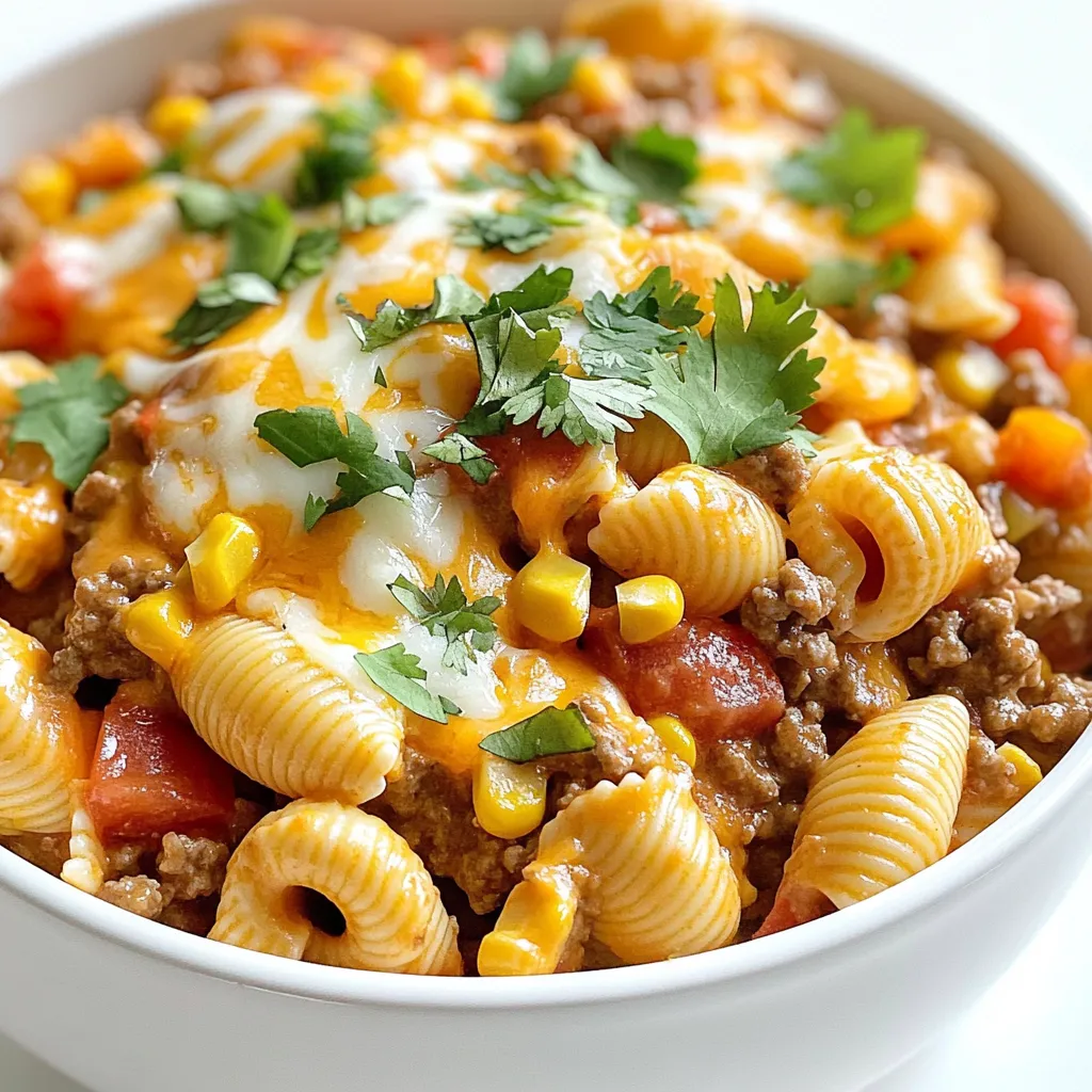 - 12 oz (340 g) pasta (shells or rotini work well) - 1 lb (450 g) ground beef (or turkey) - 1 small onion, diced - 2 cloves garlic, minced - 1 packet taco seasoning - 1 can (15 oz) diced tomatoes with green chilies - 4 cups chicken or vegetable broth - 1 cup corn (frozen or canned) - 1 cup shredded cheddar cheese - 1 cup shredded Monterey Jack cheese - 1 tablespoon olive oil - Salt and pepper to taste - Fresh cilantro, chopped for garnish (optional) I love using simple ingredients to make this dish come alive. For the pasta, I often pick shells or rotini. They hold the cheesy sauce so well. Ground beef is my go-to meat, but turkey works too if you want a lighter option. For veggies, I always add a small diced onion and two cloves of minced garlic. They add great flavor. The canned diced tomatoes with green chilies give a nice kick. You can use chicken or vegetable broth for a rich base. Taco seasoning is key. It brings all the flavors together. I also like to toss in a cup of corn for sweetness. Now, let’s get cheesy! I use both cheddar and Monterey Jack cheese. They melt beautifully and make the dish creamy. Don’t forget the olive oil to sauté the onion. A little salt and pepper helps too. If you like, you can garnish with fresh cilantro. It adds color and freshness to the dish. Enjoy these ingredients to create a tasty, one-pot meal! - Sautéing the onion First, heat olive oil in a large pot over medium heat. Add the diced onion and sauté it for about 4-5 minutes. You want the onion to be soft and translucent. This step builds a great base flavor. - Cooking the garlic Next, add the minced garlic to the pot. Cook it for about one minute. You will know it's ready when it smells fragrant. Garlic adds depth to the dish. - Browning the ground meat Now, add the ground beef or turkey. Cook the meat until it is browned and no longer pink, which should take about 5-7 minutes. Make sure to break up any large pieces. If needed, drain excess fat to keep it lean. - Adding in the seasoning Sprinkle in the taco seasoning. Stir well to coat the meat evenly. This step gives your dish that classic taco flavor. - Incorporating liquid ingredients Pour in the can of diced tomatoes and the chicken or vegetable broth. Add the corn as well. Stir everything together until mixed. - Adding uncooked pasta Bring the mixture to a boil. Once boiling, add the uncooked pasta. Stir again to combine, then reduce the heat to low. - Simmering and stirring Cover the pot and let it simmer for about 12-15 minutes. Stir occasionally. You want the pasta to be al dente and most of the liquid absorbed. - Melting the cheeses Remove the pot from heat. Stir in the shredded cheddar and Monterey Jack cheeses. Mix until the cheeses melt and become creamy. - Seasoning and garnishing Taste your dish and season with salt and pepper as needed. If you want, add chopped cilantro for a fresh touch. - Recommended resting time before serving Let the pasta sit for a few minutes. This helps the dish thicken slightly. Now, it's ready to serve! - Choosing the right pasta: I often use shells or rotini. They hold sauce well and add a fun twist to each bite. - Adjusting seasoning to taste: Start with the taco seasoning packet. Then, taste and add more salt or pepper as needed. Your palate is the best guide! - How to avoid sticky pasta: Stir the pasta while it cooks. This helps separate the pieces and keeps them from clumping together. - Techniques for browning meat: Use medium heat and break the meat into small pieces. This helps it brown evenly and cook faster. - Effective ways to simmer pasta: Once you add the pasta, keep the pot covered. This traps steam and cooks the pasta perfectly. Stir occasionally to avoid sticking. - Tips for cheese melting: Add cheese at the end and stir until it melts. Reduce the heat to low to keep it creamy without burning. - Garnishing ideas with cilantro: Sprinkle chopped cilantro on top just before serving. This adds freshness and a pop of color. - Serving styles and dishware: Use a large bowl for a family-style meal. It makes serving easy and fun. - Accompanying side dishes: Pair your pasta with a simple salad or tortilla chips for crunch. This creates a well-rounded meal. {{image_2}} You can easily change up this dish to suit your needs. Here are some ideas: - Vegetarian alternatives: Use black beans or lentils instead of meat. This adds protein and fiber. - Different protein options: Ground turkey, chicken, or even tofu work well. Just adjust cooking times as needed. - Cheese substitutions: Try pepper jack for a spicy kick or a dairy-free cheese if you need it. Boost the taste of your One Pot Cheesy Taco Pasta with these simple tweaks: - Adding spices for extra heat: Toss in some cayenne pepper or jalapeños for a spicy twist. - Incorporating vegetables: Bell peppers, zucchini, or spinach make great additions. They add color and nutrients. - Using different broth types: Swap chicken broth for vegetable broth or even beef broth for a richer flavor. How you serve your dish can make it even better: - Pairing with toppings like sour cream: A dollop of sour cream adds creaminess and balances the spice. - Options for incorporating avocado: Sliced or mashed avocado brings a fresh taste and creamy texture. - Serving with tortilla chips: Crunchy chips add a fun texture. Use them to scoop up your cheesy pasta! To store leftover pasta, wait until it cools. Use a large bowl or container. I recommend glass or plastic containers with lids. They keep the pasta fresh. Store in the fridge for up to three days. To freeze the dish, let it cool completely. Then, transfer it to a freezer-safe container. You can also use freezer bags. Make sure to remove as much air as possible. This helps prevent freezer burn. You can freeze for about three months. The best method for reheating is in a pot on low heat. Stir in a splash of broth or milk. This helps keep the pasta creamy. You can also use a microwave. Heat in short bursts, stirring often. This keeps it from drying out. Can I make One Pot Cheesy Taco Pasta ahead of time? Yes, you can make this dish ahead. Cook it, then let it cool. Store it in the fridge for up to three days. Reheat it on the stove or in the microwave. What can I serve with One Pot Cheesy Taco Pasta? You can serve this pasta with a simple side salad. Tortilla chips or garlic bread also work well. Consider adding sliced avocados for a fresh touch. How do I make this recipe spicy? To spice it up, add diced jalapeños or a pinch of cayenne pepper. You can also use spicy taco seasoning for more heat. Is it possible to make this dish gluten-free? Yes, simply swap regular pasta for gluten-free pasta. Check the broth and seasoning packets for gluten as well. Can I use dairy-free cheese in this recipe? Absolutely! Substitute regular cheese with your favorite dairy-free cheese. It will still melt nicely and taste great. This blog post covered the key ingredients and steps to make One Pot Cheesy Taco Pasta. You learned about the meat and veggie choices, along with tips for perfecting your dish. Remember, you can customize it with different flavors or ingredients. Store leftovers properly to keep them fresh. Make it your own by trying new variations. Enjoy this easy and tasty meal again and again. Cooking can be fun and creative!