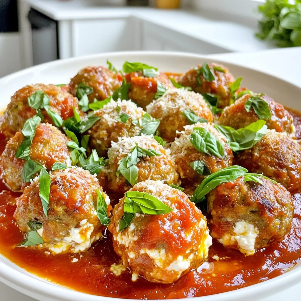 - 1 pound ground beef - 1 cup ricotta cheese - 1/2 cup grated Parmesan cheese - 1 tablespoon chopped fresh basil - 1 tablespoon chopped fresh parsley - 2 cloves garlic, minced - 1/4 teaspoon red pepper flakes - 1 jar (24 oz) marinara sauce For these ricotta meatballs, we want fresh flavors and good texture. The ground beef gives a nice base. I love using ricotta cheese for its creamy taste. It makes the meatballs moist and soft. A sprinkle of grated Parmesan adds a salty kick, making them even more tasty. Next, we add fresh herbs like basil and parsley. They brighten the dish. The garlic brings a strong, savory flavor. For a bit of heat, you can toss in red pepper flakes. This is optional, but I think it adds a nice touch. Finally, marinara sauce is great for serving. It adds moisture and flavor, making the meatballs even better. All these ingredients come together to create a warm, comforting meal your family will love. Mixing ingredients Start by taking a large mixing bowl. Add 1 pound of ground beef. Then, mix in 1 cup of ricotta cheese. Next, add 1/2 cup of grated Parmesan cheese and 1/2 cup of breadcrumbs. Crack in 1 large egg, then toss in 2 cloves of minced garlic. Add 1 tablespoon of chopped fresh basil and 1 tablespoon of chopped fresh parsley for flavor. Season with 1 teaspoon of salt, 1/2 teaspoon of black pepper, and 1/4 teaspoon of red pepper flakes if you like a bit of heat. Mix everything well, but do not over-mix. This helps keep the meatballs tender. Forming meatballs Once your mixture is ready, scoop out portions to form meatballs. Aim for about 1 to 1.5 inches in diameter. You should get around 20 meatballs from this mix. Place them on a plate as you go. Browning meatballs Now, heat a large skillet over medium heat. Add a few tablespoons of olive oil. When the oil is hot, carefully add the meatballs. Do not overcrowd the pan. Brown the meatballs on all sides for about 5 minutes. This step adds depth to the flavor. Baking meatballs After browning, transfer the meatballs to a baking dish. Pour 1 jar of marinara sauce over them, making sure they are well coated. Cover the dish with aluminum foil. Bake in your preheated oven at 375°F (190°C) for 20-25 minutes. Check that the internal temperature reaches 160°F (71°C). After that, remove the foil and bake for another 5-10 minutes. This caramelizes the sauce just right. Garnishing options Once done, serve the meatballs hot. You can garnish them with freshly chopped herbs and extra Parmesan cheese for a nice touch. Pairing with sides These meatballs go great with spaghetti or a fresh salad. You can also serve them in a sub roll for a delicious meatball sandwich. Enjoy your flavorsome meal! To make sure your meatballs are tender, avoid over-mixing the ingredients. Mix just until combined. This keeps them light and fluffy. Also, use the right meatball size. Aim for 1 to 1.5 inches. This size cooks evenly and stays juicy. For frying, olive oil is the best choice. It adds flavor and helps brown the meatballs nicely. Heat the oil over medium heat. This helps to prevent burning. If you prefer baking, preheat your oven to 375°F. Bake for 20-25 minutes, covered with foil, then remove it to caramelize the sauce. You can boost the flavor with extra herbs and spices. Try adding oregano or thyme for a new twist. Using homemade marinara can also elevate the dish. It brings freshness and richness that jarred sauces may lack. This makes your meal even more special. {{image_2}} You can easily change the meat for your meatballs. Ground turkey works well as a lean option. It has less fat but still gives great taste. Just follow the same steps in the recipe. If you want a plant-based choice, try using lentils or chickpeas. Mash them up, and mix with the other ingredients. This makes a tasty and healthy meal. Ricotta makes these meatballs special, but you can switch it out. Cottage cheese is a great substitute. It adds creaminess and protein, too. Just blend it well with the other ingredients. Another option is feta cheese. It brings a nice tangy flavor. Crumble it into the mix for a fun twist. Adding vegetables is a smart way to boost flavor and nutrition. Chopped spinach or diced bell peppers can make a big difference. Just mix them into the meatball mixture. You can also try different sauces. Instead of marinara, use pesto or a creamy alfredo. This can give your meatballs a whole new taste. Experiment and find your favorite! To store leftovers, place your ricotta meatballs in an airtight container. Make sure to cover them with marinara sauce to keep them moist. You can also use plastic wrap if you don’t have a container. The shelf life in the fridge is about three to four days. Always label the container with the date to know when to eat them. You can freeze both uncooked and cooked meatballs. For uncooked meatballs, freeze them on a baking sheet first, then transfer them to a freezer bag. This keeps them from sticking together. For cooked meatballs, let them cool down before freezing. Thawing instructions are easy: place the meatballs in the fridge overnight. If you need them fast, you can thaw them in the microwave for a few minutes on low. The best methods for reheating your meatballs are in the oven or on the stovetop. If using the oven, preheat it to 350°F (175°C) and bake for about 15-20 minutes. On the stovetop, simmer them in marinara sauce for about 10 minutes. To prevent dryness, always add a little extra sauce when reheating. This keeps them juicy and flavorful. Yes, you can use other meats with ricotta. Ground turkey is a popular choice. It makes a lighter meatball. You can also try ground chicken for a different taste. If you prefer beef, mix in pork for more flavor. Each meat brings its own unique taste. Feel free to experiment! To check if the meatballs are done, use a meat thermometer. The safe internal temperature is 160°F (71°C). Insert it into the center of a meatball. If it reads 160°F, they are ready. Another way is to slice one open. The meat should be brown and no pink should show. Ricotta meatballs go well with many sides. You can serve them over pasta or with crusty bread. A fresh salad adds a nice crunch. If you want comfort food, pair them with mashed potatoes. For a lighter option, serve with steamed veggies or a side of roasted zucchini. Enjoy the meal! In this guide, we explored making delicious ricotta meatballs. We covered the main ingredients like ground beef, ricotta, and Parmesan. You learned how to mix and cook the meatballs for perfect flavor and texture. I shared tips for tender meatballs and fun variations with different proteins and cheeses. Remember to store leftovers properly to keep them fresh. Experiment with sides and sauces for tasty meals. Enjoy creating this dish that brings people together around the table. You can make it your own with different flavors. Happy cooking!