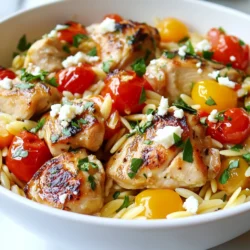 - 1 lb boneless, skinless chicken thighs, diced - 1 cup orzo pasta - 2 tablespoons olive oil - 1 medium onion, diced - 2 cloves garlic, minced - 1 red bell pepper, diced - 2 cups chicken broth - 1 cup cherry tomatoes, halved - 1 teaspoon dried oregano - 1 teaspoon paprika - Salt and pepper to taste - Fresh parsley, chopped (for garnish) - ½ cup feta cheese, crumbled (optional) These ingredients make a delightful one-pan meal. Each item plays a key role. The chicken provides the protein, while orzo adds heartiness. Olive oil brings richness, and vegetables add flavor and color. If you can’t find orzo, use another small pasta like couscous or ditalini. For chicken, try turkey or even firm tofu for a meatless option. If you’re out of chicken broth, vegetable broth works well. You can swap fresh cherry tomatoes for canned diced tomatoes if needed. Garnish with fresh parsley for a pop of color. Feta cheese adds creaminess and tang. You can also use grated parmesan for a different taste. A sprinkle of red pepper flakes will add heat for those who enjoy a spicy kick. {{ingredient_image_1}} First, heat 2 tablespoons of olive oil in a large skillet over medium heat. Add 1 pound of diced chicken thighs. Season the chicken with salt, pepper, dried oregano, and paprika. Cook the chicken for about 6 to 8 minutes. It should be browned and cooked through. Once done, remove the chicken from the skillet and set it aside. In the same skillet, add 1 medium diced onion and 2 minced garlic cloves. Sauté them for about 2 to 3 minutes. You want the onion to become soft and translucent. Next, add 1 diced red bell pepper. Cook this for another 3 minutes. The peppers should be bright and tender. Now it’s time to add the main ingredient: 1 cup of orzo pasta. Stir it in well among the veggies. Then pour in 2 cups of chicken broth. Bring this mixture to a gentle boil. Reduce the heat to low and cover the skillet. Let it simmer for about 10 minutes. Stir occasionally to prevent the orzo from sticking. After 10 minutes, add in 1 cup of halved cherry tomatoes and the cooked chicken. Cook for an additional 5 minutes. The orzo should be tender and have absorbed most of the broth. Remove the skillet from heat. Fluff the orzo with a fork and taste for seasoning. Serve warm, garnished with chopped fresh parsley and crumbled feta cheese if you like. To cook chicken just right, start with good heat. Use a large skillet and set it to medium. This helps the chicken brown nicely. I like using boneless, skinless chicken thighs. They stay juicy and tender. Dice them into small pieces to cook evenly. Season them with salt, pepper, dried oregano, and paprika. This adds great flavor. Sauté the chicken for about 6-8 minutes. When it turns golden brown, it’s ready to come off the heat. Cooking orzo is simple, but timing is key. First, add it to the skillet with the veggies. Stir it well so it mixes in. Pour in the chicken broth next. This broth gives the orzo a rich taste. Bring the mix to a gentle boil. Then, reduce the heat and cover the skillet. Let it simmer for about 10 minutes. Stir occasionally to stop it from sticking. When the orzo is tender and most of the liquid is gone, it’s done. To boost the flavor, consider adding fresh herbs like parsley. Chopped parsley adds a fresh taste and bright color. For a creamy touch, crumbled feta cheese works well. It adds a salty kick. You can also try adding a squeeze of lemon juice for brightness. If you love heat, a pinch of red pepper flakes can spice things up. Taste your dish before serving to adjust the seasoning. Make it just right for your palate! Pro Tips Choose the Right Chicken: Opt for boneless, skinless chicken thighs for a juicier and more flavorful dish compared to chicken breasts. Add More Veggies: Feel free to toss in other vegetables like zucchini or spinach for added nutrition and color. Perfect Orzo Cooking: Stir the orzo occasionally while it simmers to prevent it from sticking to the bottom of the skillet. Enhance Flavor: For a deeper taste, consider adding a splash of white wine after sautéing the onions and garlic before adding the orzo. {{image_2}} You can easily make a vegetarian version of skillet chicken orzo. Instead of chicken, use 1 can of chickpeas or 1 block of firm tofu. Drain and rinse the chickpeas or press the tofu to remove excess water. Dice the tofu into small pieces. Cook the chickpeas or tofu in the pan until golden brown. Follow the same steps for the rest of the recipe. This swap keeps the dish hearty and satisfying. If you want a different protein, you can try shrimp or sausage. For shrimp, use about 1 pound, peeled and deveined. Add the shrimp after cooking the vegetables. Cook until they turn pink, then remove them before adding the orzo. For sausage, use 1 pound of your favorite type. Slice it and cook it with the chicken for extra flavor. These options give you new tastes while keeping the meal quick. To change the flavor, consider adding different herbs or spices. Try thyme or basil for a fresh twist. You can also add a splash of lemon juice for brightness. If you like spice, add red pepper flakes or a pinch of cayenne. For a creamy touch, stir in some cream or more feta cheese. These small changes can make a big difference in taste and keep the dish exciting. You can store leftover skillet chicken orzo in the fridge. Place it in an airtight container. This keeps your meal fresh for up to three days. When you’re ready to eat, check for any odd smells or changes in color. To freeze, let the dish cool completely. Then, transfer it to a freezer-safe bag or container. Squeeze out as much air as possible. This helps prevent freezer burn. You can freeze it for up to three months. Label the bag with the date, so you know when to use it. When you're ready to reheat, you have a few options. You can use the microwave or the stovetop. For the microwave, place a portion in a bowl. Heat it for one to two minutes, stirring halfway through. If using the stovetop, add a splash of chicken broth to a pan and heat over low. Stir often until warmed through. Make sure it’s hot all the way to the center before serving. Yes, you can use different types of pasta. While orzo gives a nice texture, you can try small shapes like ditalini or even couscous. Just keep in mind that cooking times may change. Always check the package for the best instructions. You can make this dish ahead of time easily. Prepare the chicken and veggies as stated. Cook the orzo but stop before it's fully tender. Store everything in the fridge. When ready to serve, heat it up and add a splash of broth to finish cooking the orzo. Skillet chicken orzo goes well with many sides. A fresh salad adds crunch and color. Garlic bread is also a great choice for dipping. You might even like some roasted veggies on the side for extra flavor. No, this recipe is not gluten-free due to orzo. Orzo is a type of pasta made from wheat. If you need a gluten-free option, use gluten-free pasta or rice instead. Just adjust the cooking time as needed. This blog post covered how to make a tasty skillet chicken orzo dish. We discussed key ingredients, substitutions, and optional garnishes. You learned step-by-step cooking methods for chicken and veggies. I shared tips for cooking techniques, perfect orzo, and flavor boosts. We explored variations for different diets and provided storage tips for leftovers. Remember, cooking is fun! Feel free to experiment with ingredients and flavors. Keep this guide handy for a delicious meal anytime. Happy cooking!