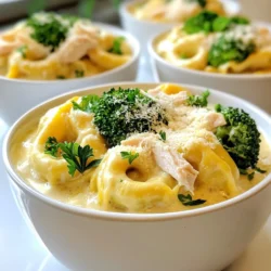 For this tasty dish, you will need: - 8 oz cheese tortellini - 2 cups broccoli florets - 1 cup cooked, shredded chicken - 2 cups chicken broth - 1 cup heavy cream - 1 teaspoon garlic powder - 1 teaspoon onion powder - 1 cup shredded mozzarella cheese - 1/2 cup grated Parmesan cheese - 2 tablespoons olive oil - Salt and pepper to taste - Fresh parsley for garnish These main ingredients create a creamy and filling meal that is easy to make. The tortellini adds a cheesy bite, while the chicken gives it a nice protein boost. The broccoli not only adds color but also brings in a healthy crunch. To enhance the flavor and texture, consider using: - Fresh garlic cloves, minced - Chopped fresh herbs like basil or thyme - Red pepper flakes for a bit of heat These extra ingredients can provide a burst of flavor that can take your dish to the next level. Fresh garlic will make the sauce aromatic, while herbs can add freshness. Feel free to explore these optional ingredients: - Spinach or peas for added greens - Sun-dried tomatoes for a sweet touch - Additional cheese varieties like cheddar - Lemon zest for brightness Garnishing with fresh parsley not only adds a pop of color but also a fresh taste. A sprinkle of extra cheese on top makes the dish look inviting and delicious. Enjoy playing with these ingredients to make this dish your own! {{ingredient_image_1}} To start, boil salted water in a large pot. Once it bubbles, add 8 oz cheese tortellini. Cook according to the package. Aim for al dente texture; it should be firm yet tender. After cooking, drain the tortellini and set it aside. This step is key for a perfect bite. Next, grab a separate pot and bring water to a boil. Add 2 cups of broccoli florets. Cook for about 2-3 minutes. The broccoli should turn bright green but remain crisp. Drain it well, then rinse under cold water. This halts the cooking and keeps the color vivid. Now, heat 2 tablespoons of olive oil in a large skillet over medium heat. Add 1 cup of cooked, shredded chicken and sauté for about 2 minutes. Next, pour in 2 cups of chicken broth and 1 cup of heavy cream. Stir in 1 teaspoon each of garlic powder and onion powder, along with salt and pepper. Let this mixture simmer gently for a few minutes. The sauce will begin to thicken and smell amazing. Once your sauce is ready, it’s time to unite the flavors. Add the drained tortellini and blanched broccoli into the skillet. Gently stir everything together, ensuring each piece is coated in that creamy goodness. For a beautiful presentation, scoop the Chicken Tortellini Delight into shallow bowls. Top with 1 cup of shredded mozzarella and 1/2 cup of grated Parmesan cheese. As the cheese melts, it adds a lovely texture. Finish with a sprinkle of fresh parsley for color. Serve it warm, and enjoy your delightful dish! To cook tortellini just right, start with boiling water. Add a pinch of salt for flavor. Toss in the tortellini and stir gently. Follow the package instructions, usually about 3-5 minutes. Look for the tortellini to float. This shows they are done. Drain them well and set aside. To keep broccoli crisp, blanch it briefly. Boil water in a pot and add florets for 2-3 minutes. This brightens the color and softens slightly. After that, rinse the broccoli in cold water. This stops the cooking and locks in the crunch. You want that nice bite in your dish. For a creamy sauce, start with heavy cream. Heat it slowly with chicken broth. Stir in garlic and onion powder for flavor. Keep the sauce on low heat until it simmers. Add cheese gradually, and stir until it melts. If it gets too thick, add a bit more broth. The best cheeses for this dish are mozzarella and Parmesan. Mozzarella gives great meltiness. Parmesan adds a sharp flavor that enhances the dish. You can mix in other cheeses too, like Gouda or Fontina, for fun twists. Just remember to shred them for easy melting. Pro Tips Use Fresh Ingredients: For the best flavor, use fresh broccoli and high-quality chicken. Fresh ingredients enhance the overall taste of the dish. Customize the Cheese: Feel free to mix different types of cheeses, like cheddar or gouda, to create a unique flavor profile that suits your taste. Make It Ahead: You can prepare this dish in advance and reheat it when ready to serve. Just be sure to add a splash of cream to loosen the sauce when reheating. Garnish for Color: Adding fresh parsley not only brightens the dish visually but also adds a fresh flavor that complements the creamy sauce. {{image_2}} You can make this dish vegetarian by using different proteins. Tofu works well as a meat substitute. It absorbs flavors nicely and adds protein. Just sauté the tofu until golden before adding it to the sauce. You can also try chickpeas or lentils for a hearty twist. These options offer great taste without meat. To enhance the flavor, consider adding spices and herbs. A pinch of red pepper flakes adds heat. Dried oregano or thyme can add an earthy taste. Fresh herbs like basil or thyme can elevate the dish even more. Mixing in some lemon juice brightens the flavors, making the dish more vibrant. Experiment with these additions to find your perfect flavor. If you need a gluten-free option, look for gluten-free tortellini. Many brands offer rice or corn-based versions. You can also use gluten-free pasta shapes like fusilli or penne. Just cook them according to package directions. This way, everyone can enjoy the creamy goodness without gluten. To store leftovers, let the dish cool down. Transfer it into an airtight container. Make sure to seal it tightly. This keeps the flavors fresh and prevents spills. Place it in the fridge. Chicken Tortellini Delight can last up to three days in the refrigerator. When you are ready to enjoy your leftovers, scoop out what you want. Place it in a microwave-safe bowl. Add a splash of chicken broth or cream to keep it moist. Cover the bowl with a lid or microwave-safe wrap. Heat for about 1-2 minutes, stirring halfway through. You can also reheat it on the stove. Just warm it over low heat, stirring gently until hot. If you want to freeze the dish, let it cool completely first. Then, portion it into freezer-safe bags or containers. Remove as much air as you can. Label each bag with the date. This helps you track how long it’s been frozen. Chicken Tortellini Delight can stay fresh in the freezer for about three months. To thaw, place it in the fridge overnight before reheating. Yes, you can make this dish ahead. Prepare it fully and store it in the fridge. Reheat before serving. This helps the flavors blend and taste even better. You can use milk mixed with butter as a lighter option. Another choice is coconut cream for a dairy-free version. Both will give a nice creamy texture. The Chicken Tortellini Delight will last about three to four days in the fridge. Store it in an airtight container for best results. Yes, you can use fresh chicken. Just cook it fully before adding it to the sauce. Cut it into pieces to help it cook faster. To add spice, include red pepper flakes or a dash of hot sauce. You can also use spicy sausage instead of chicken for more heat. Great side dishes include a fresh salad or garlic bread. You can also serve it with steamed vegetables for a healthy touch. To make Chicken Tortellini Broccoli, we covered key ingredients and detailed steps. You learned how to prepare tortellini, blanch broccoli, and create a creamy sauce. I shared tips for perfecting each element, including healthy variations and proper storage methods. In conclusion, this dish is tasty and easy to prepare. Enjoy experimenting with flavors and options to make it your own. Happy cooking!