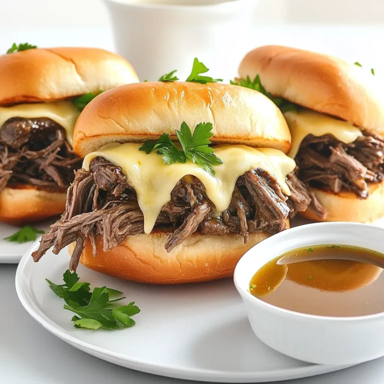 - 2 lbs beef chuck roast - 1 onion, thinly sliced - 4 cloves garlic, minced The main stars of this dish are the beef chuck roast, onion, and garlic. The beef chuck roast is great for slow cooking. It becomes tender and juicy. The onion adds sweetness, while the garlic gives a nice kick. - 2 cups beef broth - 2 tablespoons Worcestershire sauce - 1 teaspoon dried thyme - 1 teaspoon dried rosemary These flavor enhancers are key to a rich taste. The beef broth keeps the meat moist. Worcestershire sauce adds depth. Thyme and rosemary give it a lovely herb flavor. Don’t forget to add salt and pepper to taste. - 4 hoagie rolls - 8 slices provolone cheese - Fresh parsley, chopped (for garnish) The hoagie rolls cradle the beef and cheese perfectly. Provolone cheese melts beautifully over the meat. Fresh parsley adds a pop of color and freshness. Together, they create a balanced and tasty sandwich. - Seasoning the roast First, take the beef chuck roast and season it well with salt and pepper. Make sure to coat all sides. This step is key for great flavor. - Searing the roast Next, heat a large skillet over medium-high heat. Add the roast and sear it for about 3-4 minutes on each side. Look for a nice brown color. Searing locks in juices and adds rich taste. - Combining ingredients in the slow cooker In your slow cooker, add the sliced onion and minced garlic. Pour in the beef broth and Worcestershire sauce. Sprinkle the dried thyme and rosemary over the mixture. Stir it well to combine everything. - Cooking time and temperature options Now, place the seared roast into the slow cooker. Make sure it is mostly submerged in the broth. Cover the slow cooker and choose your cooking time. You can cook it on low for 8 hours or high for 4 hours. Both options will make the beef tender. - Shredding the beef After cooking, carefully remove the roast from the slow cooker. Use two forks to shred the beef into bite-sized pieces. Return the shredded beef to the slow cooker to soak up more broth. This adds even more flavor. - Baking the hoagie rolls with cheese Preheat your oven to 375°F (190°C). Cut the hoagie rolls in half and place them on a baking sheet. Layer the shredded beef onto each roll. Top with provolone cheese. Bake them in the oven for about 5-7 minutes until the cheese melts and bubbles. Serve these sandwiches with a small bowl of beef broth for dipping. Seasoning is key. It brings out the beef's natural taste. I always use salt and pepper first. Generous amounts make a big difference. Searing the roast is another step I love. This creates a nice crust. It adds rich, deep flavor to your dish. I sear each side for about 3-4 minutes. This step is worth the time. You can choose between high and low settings on your slow cooker. Low gives you tender beef after 8 hours. High cooks it in about 4 hours. I prefer low for the best taste and texture. To ensure beef tenderness, you need the right cut. Chuck roast is perfect. It breaks down well during cooking, making it soft and easy to shred. Pair your sandwiches with tasty sides. I like crispy fries or a fresh salad. A cold drink like iced tea or soda works well too. For a nice touch, plate your sandwiches with a small bowl of broth. This adds a fun dipping element. Garnishing with fresh parsley brightens up the plate, making it look great. {{image_2}} You can change the meat if you want. Try using pork or chicken instead of beef. These meats will give you a new taste that’s just as delicious. You can also switch up the cheese. Provolone is great, but you can use Swiss or mozzarella. Both melt well and add a different flavor to your sandwich. Adding spices can take your French dip to the next level. Try a bit of smoked paprika for warmth or crushed red pepper for some heat. Fresh herbs, like basil or parsley, can also brighten the flavor. You can mix in vegetables too. Sliced bell peppers or mushrooms can add texture and taste. For a tangy kick, consider adding a spoonful of Dijon mustard or some horseradish to the broth. You can make French dip sliders for a fun twist. Just use small rolls instead of hoagies. Fill them with the shredded beef and cheese, then bake until melted. Another idea is to make a French dip casserole. Layer the beef, cheese, and bread in a baking dish. Pour some broth over it and bake until everything is warm and bubbly. It’s a cozy meal that’s perfect for sharing! To store leftovers, first let the beef cool. Place it in an airtight container. Add the broth and any extra juice from the slow cooker. Seal the container tightly. You can keep the sandwiches separate if you prefer. In the fridge, your leftovers will stay fresh for up to 3 days. For freezing, start by shredding the beef and letting it cool completely. Place the shredded beef and broth in freezer-safe bags. Squeeze out the air and seal them well. Label each bag with the date. You can freeze it for up to 3 months. When you are ready to eat, take a bag out of the freezer. Thaw it in the fridge overnight. To reheat, use the stovetop or microwave. Make sure it heats to a safe temperature. If you want, you can toast the hoagie rolls again with cheese before serving. Enjoy! Can I use a different cut of beef? Yes, you can use other cuts like brisket or round. Chuck roast is great for its tenderness. It falls apart nicely when cooked. If you choose a leaner cut, monitor cooking time closely. It may dry out faster. How can I make this recipe gluten-free? To make this dish gluten-free, swap the hoagie rolls. Use gluten-free rolls or lettuce wraps. Check that your beef broth and Worcestershire sauce are gluten-free. Many brands offer gluten-free options, so read the labels. How long can I keep leftovers? You can keep leftovers in the fridge for up to three days. Store them in an airtight container. If you want to keep them longer, you can freeze them for up to three months. Can I prepare this ahead of time? Yes, you can prepare the beef a day ahead. Cook it in the slow cooker and store it in the fridge. Just reheat it on the stove or in the slow cooker before serving. What to serve with French dip sandwiches? Pair these sandwiches with crispy fries or a fresh salad. You can also serve them with chips or a warm bowl of soup. These sides balance the meal nicely. How do I reheat the sandwiches? To reheat, place the sandwich in the oven at 375°F (190°C) for about 5 minutes. You can also use a microwave for a quick option. Just make sure to keep the beef moist. Use a little broth if needed. This blog covers a delicious French dip sandwich recipe. You learned about key ingredients, like beef chuck roast, onions, and Worcestershire sauce. I shared easy step-by-step instructions for cooking the beef and assembling the sandwiches. You also found tips for flavor, storage, and even variations to try. In closing, this recipe is simple and perfect for any gathering. Enjoy the great taste and share it with others!