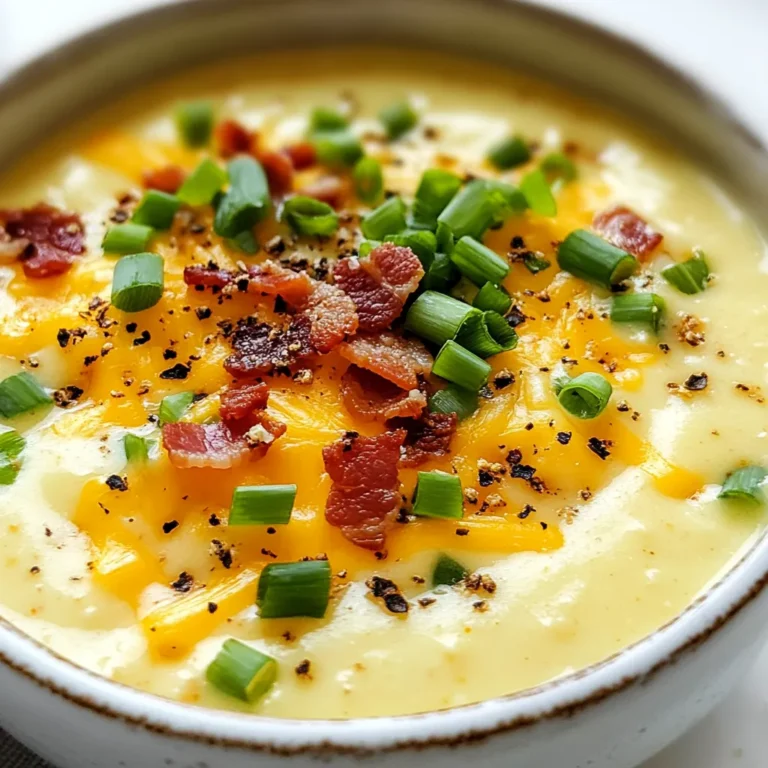 To make Keto Loaded Cauliflower Soup, you will need these main ingredients: - 1 medium head of cauliflower, chopped into florets - 4 cups chicken or vegetable broth - 1 cup heavy cream - 1 cup shredded sharp cheddar cheese - 1/2 cup cream cheese, softened - 1/4 cup green onions, sliced (plus extra for garnish) - 1/2 teaspoon garlic powder - 1/2 teaspoon onion powder - Salt and pepper to taste - 2 tablespoons olive oil or unsalted butter You can add more flavor with these optional ingredients: - 4 strips of turkey bacon, cooked until crispy and crumbled - Substitute with cooked chicken or leave it out for a vegetarian version. - For a dairy-free soup, use coconut cream instead of heavy cream and cream cheese. - Swap sharp cheddar cheese for mozzarella or gouda if you prefer. Each serving of this soup has about: - Calories: 380 - Protein: 12g - Total Fat: 33g - Carbohydrates: 6g - Fiber: 3g - Net Carbs: 3g This soup is a great choice for a keto diet, as it is low in carbs and high in fat, perfect for staying in ketosis. Enjoy this creamy, comforting dish while keeping your meals healthy! {{ingredient_image_1}} Start with the cauliflower. Chop one medium head into small pieces. This helps it cook faster. In a large pot, heat two tablespoons of olive oil or unsalted butter over medium heat. Add the chopped cauliflower and sauté it for about five to seven minutes. You want it to be slightly tender but not mushy. Next, pour in four cups of chicken or vegetable broth. Bring this to a boil, then reduce the heat. Let it simmer for ten to fifteen minutes until the cauliflower is fully tender. Once the cauliflower is soft, it’s time to blend. You can use an immersion blender right in the pot. This keeps it easy and mess-free. If you don't have one, carefully transfer the soup to a blender in batches. Just be careful with the hot liquid. Blend until the soup is smooth and creamy. This step is key to getting that rich texture we all love. After blending, return the soup to the pot. Stir in one cup of heavy cream, half a cup of softened cream cheese, and one cup of shredded sharp cheddar cheese. Add a quarter cup of sliced green onions, half a teaspoon of garlic powder, half a teaspoon of onion powder, and salt and pepper to taste. Mix everything well until the cheeses melt and the soup is creamy. Heat it gently for about five minutes, stirring occasionally. This final step ensures all the flavors blend perfectly. Serve hot with extra green onions and crumbled turkey bacon on top, if you like. To make your soup really smooth, follow a few simple steps. Start by cooking the cauliflower well until it's very tender. This helps when you blend it. Use an immersion blender right in the pot. This tool makes it easy and less messy. If you use a regular blender, do it in small batches. Always be careful with hot soup. Blend until it looks like cream. You want no lumps. Seasoning can make or break your soup. Start with the basics: salt and pepper. Taste the soup as you cook. If it needs more flavor, add a little garlic powder or onion powder. You can also try smoked paprika for a nice kick. If you love herbs, fresh thyme or parsley work well. Remember, you can always add more, but you can't take it out. Keto Loaded Cauliflower Soup goes well with many sides. A fresh salad with vinaigrette makes a nice match. You can also pair it with low-carb bread or crackers for dipping. If you want to add protein, grilled chicken or shrimp are great options. For a fun touch, top your soup with crumbled turkey bacon and extra green onions. This adds crunch and flavor. Serve it hot and enjoy! Pro Tips Use Fresh Cauliflower: For the best flavor and texture, select a fresh head of cauliflower without any brown spots or blemishes. Adjust the Consistency: If you prefer a thicker soup, add less broth or puree for longer until you reach your desired thickness. Cheese Variations: Feel free to mix different types of cheese, such as gouda or mozzarella, for unique flavor combinations. Make it Ahead: This soup keeps well in the fridge for up to 3 days and can be frozen for up to a month. Just reheat gently before serving! {{image_2}} You can make this soup dairy-free with a few changes. Use coconut cream instead of heavy cream. For the cream cheese, try using cashew cream or a dairy-free cream cheese. These swaps keep the soup rich and creamy without dairy. You can add more veggies for extra flavor and nutrients. Try adding spinach or kale for greens. Carrots can also add sweetness and color. If you want more protein, include shredded chicken or diced tofu. These additions make the soup heartier and more filling. Want to change the flavor? Add spices like cumin or smoked paprika. They bring warmth and depth to the soup. For a kick, consider adding red pepper flakes or cayenne pepper. You can also mix in fresh herbs like thyme or parsley for a fresh taste. These variations keep your soup exciting every time you make it! Store any leftover soup in an airtight container. Let the soup cool before sealing it. Place the container in the fridge. It will last for about 3-4 days. Make sure to label the container with the date. This way, you will know how fresh it is. When you want to enjoy the leftover soup, reheat it on the stove. Pour the soup into a pot. Heat it over medium-low heat. Stir it often to keep it from sticking. If the soup is too thick, add a splash of broth or cream. This keeps it creamy and smooth. You can also use the microwave. Heat it in short bursts. Stir in between to ensure even warming. If you want to save the soup for later, freezing is a great option. Use freezer-safe containers or bags. Leave some space at the top for expansion. This soup can last up to 3 months in the freezer. When you're ready to eat, thaw it overnight in the fridge. Reheat it on the stove or microwave. Enjoy the creamy goodness even after a long time! Keto Loaded Cauliflower Soup is low in carbs. Each serving has around 5 grams of net carbs. This is great for anyone on a keto diet. The cauliflower keeps the carbs low while adding fiber. Using heavy cream and cheese also helps maintain a creamy texture without adding too many carbs. Always check labels for exact counts. Yes, you can make this soup vegetarian! Just swap the chicken broth for vegetable broth. This change keeps the flavor rich and satisfying. You can also skip the turkey bacon or replace it with a plant-based bacon. This will make your soup fully vegetarian while still being tasty and filling. You can easily spice up your soup! Start by adding red pepper flakes or cayenne pepper. These spices will add heat without changing the soup’s base. You can also toss in some diced jalapeños for a fresh kick. For more flavor, try adding herbs like thyme or rosemary. These will add depth to each bite. This blog post covered everything you need to know about making Keto Loaded Cauliflower Soup. We looked at the main ingredients and optional substitutes, plus tips for blending and cooking. I shared tricks for smooth soup and great meal pairings. You learned how to store leftovers and answered common questions about diet options. In summary, this recipe is flexible and fun. Enjoy making it your own and savor each bowl!