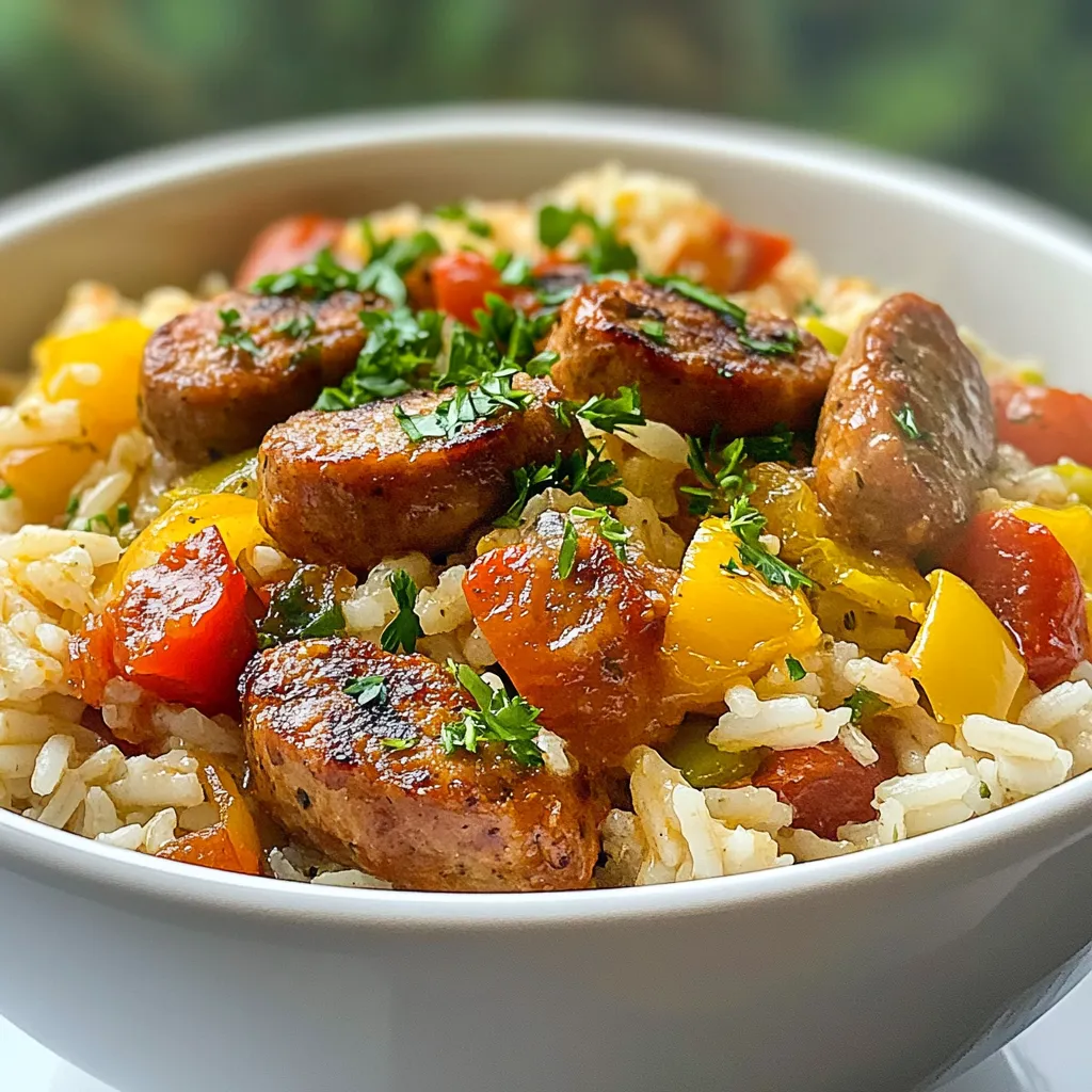 - 1 lb chicken sausage, sliced - 1 cup long-grain rice, rinsed - 1 medium onion, diced - 2 cloves garlic, minced - 1 bell pepper (red or green), diced - 1 can (14.5 oz) diced tomatoes with juice - 2 cups chicken broth - 1 teaspoon smoked paprika - 1 teaspoon dried thyme - ½ teaspoon cayenne pepper (adjust to taste) - Salt and pepper to taste - 1 cup frozen peas - 2 tablespoons olive oil - Fresh parsley for garnish If you can’t find chicken sausage, try turkey or pork sausage. Both add great flavor. You can swap the long-grain rice for brown rice, but it will need more water and time. For a veggie twist, use chopped mushrooms or zucchini instead of sausage. If you don’t have diced tomatoes, fresh tomatoes work too. You can use vegetable broth for a vegetarian option. Look for chicken sausage that feels firm and has a bright color. When choosing rice, pick brands that have no broken grains. For onions and bell peppers, choose ones with smooth skin and no bruises. Fresh garlic should be firm and dry. When you buy tomatoes, choose those that smell sweet and feel slightly soft. Fresh parsley should be bright green and crisp. {{ingredient_image_1}} 1. Start by heating 2 tablespoons of olive oil in a large pot over medium heat. This oil adds flavor and helps cook the sausage well. 2. Next, add 1 pound of sliced chicken sausage and brown it for about 5 to 7 minutes. This browning gives it a nice color and flavor. Once done, take the sausage out and set it aside. 3. In the same pot, toss in 1 diced onion and 1 diced bell pepper. Sauté these for about 4 to 5 minutes until they soften. This step builds a tasty base for your dish. 4. Now, stir in 2 minced garlic cloves and cook for 1 more minute. Garlic adds a wonderful aroma that will fill your kitchen. 5. Add 1 cup of rinsed long-grain rice to the pot. Toast the rice for 2 to 3 minutes, stirring constantly. This helps to enhance its flavor. 6. Pour in 1 can of diced tomatoes with juice, 2 cups of chicken broth, 1 teaspoon of smoked paprika, 1 teaspoon of dried thyme, and ½ teaspoon of cayenne pepper. Season with salt and pepper to taste. Stir everything well to combine the flavors. 7. Bring the mixture to a boil. Once boiling, reduce the heat to low. Cover the pot and let it simmer for about 15 minutes. This low heat cooks the rice evenly. 8. After 15 minutes, mix in the browned sausage and 1 cup of frozen peas. Gently fold everything together, then cover the pot again. Cook for an additional 5 to 10 minutes until the rice is tender and the liquid is absorbed. 9. When done, remove the pot from heat and let it sit for 5 minutes. This resting period helps the rice firm up. 10. Finally, fluff the rice with a fork and garnish with fresh chopped parsley before serving. This adds a nice pop of color and freshness. - Heating Oil: Make sure the pot is hot enough before adding the oil. This helps the sausage brown nicely. - Browning Sausage: Don’t overcrowd the pot. Cook in batches if needed to get even browning. - Sautéing Vegetables: Stir often to prevent any burning and ensure even cooking. - Toasting Rice: Keep an eye on it; you want it to be slightly golden but not burnt. - Simmering: Always cover the pot to keep the steam in, which cooks the rice better. - Resting Time: This step is key for fluffier rice. Don't skip it! - Always wash your hands before and after handling raw sausage to avoid cross-contamination. - Use separate cutting boards for meat and vegetables. This keeps everything safe and clean. - Cook the sausage to an internal temperature of 165°F (75°C) for safety. - Store any unused sausage in the fridge to keep it fresh. To create the best One Pot Sausage and Rice, start with high-quality chicken sausage. Slice it thick for a hearty bite. Brown the sausage well; this adds flavor. Use a large pot or deep skillet for even cooking. When you sauté the onion and bell pepper, let them soften fully. This step builds a tasty base for your dish. Rinse the rice before adding it to remove extra starch. Toast it briefly to enhance its flavor. Mix in the chicken broth and spices for a rich taste. Cover the pot and simmer it gently to cook the rice evenly. Lastly, let the dish rest before serving. This helps the flavors meld beautifully. One common mistake is not browning the sausage enough. This can dull the dish's flavor. Another error is skipping the rinsing of the rice. It can lead to sticky rice. Avoid overcooking the dish; it should be tender, not mushy. Stirring too often can also break the rice grains. Make sure to check the liquid level. If it looks dry, add a little more broth. Finally, don't forget the garnish. Fresh parsley adds color and brightness to your meal. You'll need a large pot or deep skillet for this recipe. A wooden spoon works best for stirring. Use measuring cups for accurate rice and broth amounts. A sharp knife helps slice the sausage and chop veggies easily. A cutting board is essential for safety. For serving, a large spoon will help dish out the rice nicely. Consider having a ladle handy if you want to serve it in bowls. A fork is great for fluffing the rice before serving. With these tools, you’ll cook with ease and confidence. Pro Tips Use Quality Sausage: Opt for high-quality chicken sausage for the best flavor. Look for those that are minimally processed and contain natural ingredients. Rinse the Rice: Rinsing the rice removes excess starch, preventing it from becoming gummy during cooking. This ensures a fluffier texture in the final dish. Adjust Spice Levels: Customize the heat by adjusting the cayenne pepper according to your preference. Start with a little and add more if you like it spicier. Let it Rest: Allow the dish to sit for 5 minutes after cooking before fluffing the rice. This helps the flavors meld and allows the rice to finish absorbing any remaining moisture. {{image_2}} You can swap out chicken sausage for many other proteins. Try pork sausage for a richer flavor. Turkey sausage offers a leaner option. If you like spice, look for andouille sausage. It brings a nice kick to the dish. You can also use smoked sausage for a deep, smoky taste. Each option changes the dish's character while keeping it simple. To make this dish vegetarian or vegan, replace the sausage with plant-based options. You can use veggie sausage or even mushrooms for texture. Chickpeas add protein and heartiness. Use vegetable broth instead of chicken broth for added flavor. This way, you keep all the amazing flavors while making it plant-based. You can easily adjust the flavors in this recipe. Try adding cumin and coriander for an earthy touch. For a fresh note, add more herbs like basil or oregano. Adding spinach or zucchini can boost nutrition and flavor. If you want a kick, toss in some chili flakes or jalapeños. Experiment with your favorite spices to make this dish your own! To keep your One Pot Sausage and Rice fresh, place leftovers in an airtight container. Make sure the dish cools down to room temperature first. Store it in the fridge for up to four days. This helps keep the flavors intact while preventing spoilage. When you're ready to enjoy leftovers, you can reheat them on the stove or in the microwave. For the stove, add a splash of chicken broth to the pot. Heat over low until warm, stirring often. For the microwave, cover the dish and heat for 1-2 minutes, stirring halfway through. You can freeze One Pot Sausage and Rice for later. Use a freezer-safe container and leave some space for expansion. It will stay fresh for about three months. To thaw, move it to the fridge overnight. Reheat it on the stove or microwave once thawed. Yes, you can use brown rice. Brown rice takes longer to cook. You will need to adjust the liquid and cook time. Use 2 ½ cups of chicken broth and simmer for about 40-45 minutes. Keep an eye on it to avoid burning. To spice it up, add more cayenne pepper or a pinch of chili flakes. For a milder dish, cut back on cayenne and use sweet bell peppers. You can also try adding a splash of hot sauce at the end. This dish pairs well with a fresh salad or some crusty bread. Roasted vegetables also make a great side. If you want something light, serve it with steamed broccoli or green beans. Yes, you can prepare it ahead of time. Cook it fully, then cool it down. Store it in the fridge for up to three days. Just reheat it gently before serving. Absolutely! This recipe works great for meal prep. You can portion it into containers for easy lunches or dinners. Just make sure to store it properly in the fridge or freezer to maintain freshness. This blog post covered the key parts of making one-pot sausage and rice. We discussed important ingredients, cooking steps, and tips for success. You learned about variations to keep meals interesting and how to store leftovers for later use. Using these tips will help you create a tasty dish that suits your style. Try the recipe and explore your options. Enjoy the simple joy of cooking!