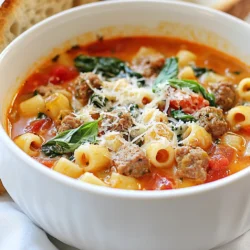 To make this tasty soup, gather these ingredients: - 1 tablespoon olive oil - 1 small onion, diced - 2 cloves garlic, minced - 1 pound Italian sausage, casing removed - 4 cups chicken broth - 1 (14.5 oz) can diced tomatoes with herbs - 1 cup ditalini pasta - 2 cups fresh spinach, roughly chopped - 1 teaspoon dried oregano - 1/2 teaspoon red pepper flakes (optional) - Salt and pepper to taste - 1/2 cup grated Parmesan cheese, plus extra for serving - Fresh basil leaves for garnish You can tweak this soup for a new taste. Here are some optional items: - Add carrots or celery for crunch. - Use kale instead of spinach for a heartier bite. - Substitute turkey sausage for a lighter choice. - Toss in cannellini beans for extra protein. To whip up this soup, you will need: - A large pot for cooking - A wooden spoon for stirring - A sharp knife for chopping - A cutting board for prep - Measuring cups and spoons for accuracy With these ingredients and tools, you're ready to create a bowl of comfort with my Parmesan Ditalini Soup with Sausage. Enjoy the process and the delightful aroma that fills your kitchen! {{ingredient_image_1}} 1. Start by gathering your ingredients. You will need: - 1 tablespoon olive oil - 1 small onion, diced - 2 cloves garlic, minced - 1 pound Italian sausage, casing removed - 4 cups chicken broth - 1 (14.5 oz) can diced tomatoes with herbs - 1 cup ditalini pasta - 2 cups fresh spinach, roughly chopped - 1 teaspoon dried oregano - 1/2 teaspoon red pepper flakes (optional) - Salt and pepper to taste - 1/2 cup grated Parmesan cheese, plus extra for serving - Fresh basil leaves for garnish 2. Dice the onion into small pieces. Mince two garlic cloves. 1. In a large pot, heat the olive oil over medium heat. 2. Add the diced onion and sauté for 3-4 minutes until it becomes soft. 3. Stir in the minced garlic and cook for 1 more minute until it smells great. 4. Add the Italian sausage to the pot. Break it apart with a wooden spoon. Cook it until it is browned, about 6-8 minutes. 5. Pour in the chicken broth and add the diced tomatoes with their juice. Bring this to a simmer. 6. Add the ditalini pasta and oregano. Cook according to the package instructions until the pasta is al dente, usually around 8-10 minutes. 7. In the last 2 minutes of cooking, stir in the chopped spinach until it wilts. 1. Season the soup with red pepper flakes, salt, and pepper to taste. 2. Stir in the grated Parmesan cheese until it melts and blends well. 3. Serve the soup hot. Garnish with extra Parmesan cheese and fresh basil leaves. This soup is hearty and simple, perfect for any day! Enjoy! To boost the taste of your Parmesan Ditalini Soup, use fresh herbs. Fresh basil adds a bright note. You can also try adding thyme or parsley for depth. If you want a kick, go for more red pepper flakes. A squeeze of lemon juice at the end brightens everything up. Always taste as you go, adding salt and pepper to get it just right. Serve your soup in warm bowls. Top it with extra Parmesan cheese for richness. Add fresh basil leaves for color and flavor. Pair the soup with crusty bread for a complete meal. It’s perfect for dipping! You can also serve a side salad to add crunch to your meal. One common mistake is overcooking the pasta. It should be al dente, so check it a minute early. Another mistake is not seasoning the soup. Taste it often and adjust the salt and pepper. Lastly, don’t skip the cheese. It adds creaminess and depth. Always stir in the cheese at the end for the best flavor. Pro Tips Use Fresh Ingredients: Whenever possible, opt for fresh spinach and high-quality Italian sausage to enhance the overall flavor of your soup. Customize the Spice Level: Adjust the amount of red pepper flakes according to your heat preference. You can also add a dash of hot sauce for an extra kick. Make it Ahead: This soup tastes even better the next day! Prepare it in advance and store it in the refrigerator for up to 3 days. Serve with Crusty Bread: Pair the soup with a hearty loaf of crusty bread for a comforting and satisfying meal. {{image_2}} You can easily make a vegetarian version of this soup. Instead of Italian sausage, use a mix of hearty vegetables. Try mushrooms, zucchini, and bell peppers for great flavor. You can also add plant-based sausage if you want a meat-like taste. Replace chicken broth with vegetable broth for a rich base. Add extra spinach for more greens. This version is just as satisfying and full of flavor. To make the soup gluten-free, choose gluten-free ditalini pasta. Many brands offer excellent alternatives made from rice or corn. Be sure to check the broth too. Some chicken broths contain gluten, so look for certified gluten-free options. The rest of the recipe remains the same, ensuring you still enjoy the hearty taste. If you want to switch up the protein, try ground turkey or chicken. Both will give a lighter flavor while keeping the soup filling. You can also use beans like cannellini or chickpeas for a plant-based protein boost. Each option adds its own twist to the soup while keeping it delicious and hearty. Store leftover Parmesan ditalini soup in an airtight container. Let the soup cool first. Once cooled, place it in the fridge. It will stay fresh for 3 to 4 days. Make sure to label the container with the date. This helps you keep track of how long it has been stored. To reheat the soup, pour it into a pot. Heat it over medium heat. Stir often to prevent it from sticking. You can also microwave the soup in a safe bowl. Heat it in 30-second intervals. Stir after each interval until it is hot. If it looks thick, add a bit of water or broth to thin it out. You can freeze Parmesan ditalini soup for up to 3 months. Use a freezer-safe container or a heavy-duty freezer bag. Leave some space at the top, as liquids expand when frozen. To thaw, move it to the fridge overnight. You can reheat it once it is fully thawed. Always check for the best flavor and texture after freezing. Ditalini pasta is a small, tube-shaped pasta. It is perfect for soups because it holds broth well. The name "ditalini" means "little thimbles" in Italian. This shape adds fun texture to your soup. You can find it in most grocery stores. If you can’t find ditalini, you can use any small pasta, like elbow macaroni. Yes, you can use different types of sausage. Italian sausage is spicy and flavorful, but you can swap it for chicken or turkey sausage. If you prefer a milder taste, use sweet sausage. For a kick, try spicy sausage. Just make sure to cook it until it is browned and fully cooked. To make this soup creamier, you can add a splash of heavy cream. Stir it in just before serving. Another option is to blend a small portion of the soup. This will create a creamy texture while keeping some chunky bits. You can also use more cheese. Add extra Parmesan cheese to enhance the creaminess and flavor. This post covered ingredient lists, step-by-step instructions, and helpful tips for your dish. You learned about variations, storage tips, and answers to common questions. Remember to adjust for taste and dietary needs. Cooking is fun, so don’t stress. Experiment with flavors and enjoy the process. Keeping these points in mind will make your meals better each time. Cooking should be creative and enjoyable, so dig in and savor every bite!
