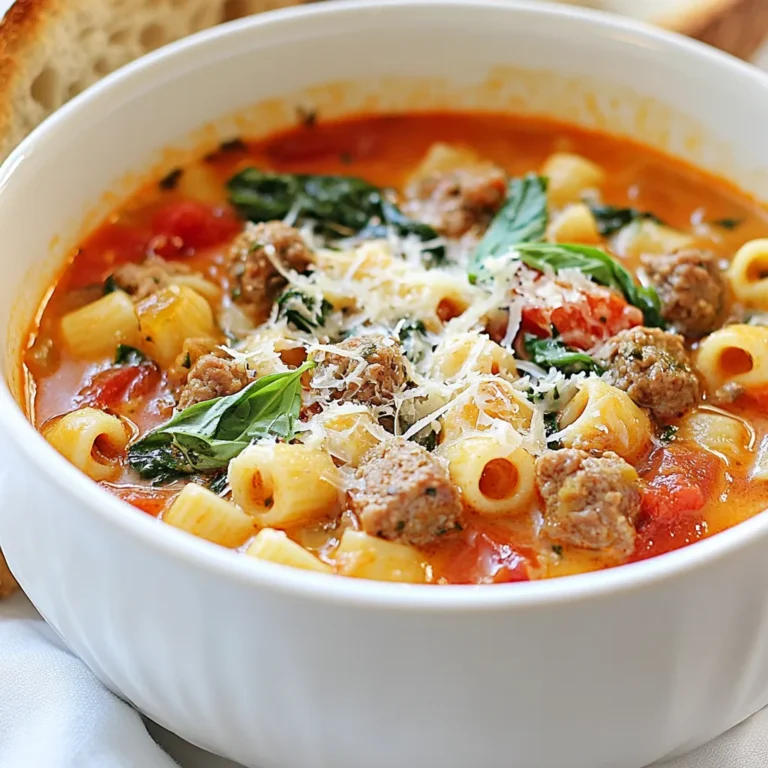 To make this tasty soup, gather these ingredients: - 1 tablespoon olive oil - 1 small onion, diced - 2 cloves garlic, minced - 1 pound Italian sausage, casing removed - 4 cups chicken broth - 1 (14.5 oz) can diced tomatoes with herbs - 1 cup ditalini pasta - 2 cups fresh spinach, roughly chopped - 1 teaspoon dried oregano - 1/2 teaspoon red pepper flakes (optional) - Salt and pepper to taste - 1/2 cup grated Parmesan cheese, plus extra for serving - Fresh basil leaves for garnish You can tweak this soup for a new taste. Here are some optional items: - Add carrots or celery for crunch. - Use kale instead of spinach for a heartier bite. - Substitute turkey sausage for a lighter choice. - Toss in cannellini beans for extra protein. To whip up this soup, you will need: - A large pot for cooking - A wooden spoon for stirring - A sharp knife for chopping - A cutting board for prep - Measuring cups and spoons for accuracy With these ingredients and tools, you're ready to create a bowl of comfort with my Parmesan Ditalini Soup with Sausage. Enjoy the process and the delightful aroma that fills your kitchen! {{ingredient_image_1}} 1. Start by gathering your ingredients. You will need: - 1 tablespoon olive oil - 1 small onion, diced - 2 cloves garlic, minced - 1 pound Italian sausage, casing removed - 4 cups chicken broth - 1 (14.5 oz) can diced tomatoes with herbs - 1 cup ditalini pasta - 2 cups fresh spinach, roughly chopped - 1 teaspoon dried oregano - 1/2 teaspoon red pepper flakes (optional) - Salt and pepper to taste - 1/2 cup grated Parmesan cheese, plus extra for serving - Fresh basil leaves for garnish 2. Dice the onion into small pieces. Mince two garlic cloves. 1. In a large pot, heat the olive oil over medium heat. 2. Add the diced onion and sauté for 3-4 minutes until it becomes soft. 3. Stir in the minced garlic and cook for 1 more minute until it smells great. 4. Add the Italian sausage to the pot. Break it apart with a wooden spoon. Cook it until it is browned, about 6-8 minutes. 5. Pour in the chicken broth and add the diced tomatoes with their juice. Bring this to a simmer. 6. Add the ditalini pasta and oregano. Cook according to the package instructions until the pasta is al dente, usually around 8-10 minutes. 7. In the last 2 minutes of cooking, stir in the chopped spinach until it wilts. 1. Season the soup with red pepper flakes, salt, and pepper to taste. 2. Stir in the grated Parmesan cheese until it melts and blends well. 3. Serve the soup hot. Garnish with extra Parmesan cheese and fresh basil leaves. This soup is hearty and simple, perfect for any day! Enjoy! To boost the taste of your Parmesan Ditalini Soup, use fresh herbs. Fresh basil adds a bright note. You can also try adding thyme or parsley for depth. If you want a kick, go for more red pepper flakes. A squeeze of lemon juice at the end brightens everything up. Always taste as you go, adding salt and pepper to get it just right. Serve your soup in warm bowls. Top it with extra Parmesan cheese for richness. Add fresh basil leaves for color and flavor. Pair the soup with crusty bread for a complete meal. It’s perfect for dipping! You can also serve a side salad to add crunch to your meal. One common mistake is overcooking the pasta. It should be al dente, so check it a minute early. Another mistake is not seasoning the soup. Taste it often and adjust the salt and pepper. Lastly, don’t skip the cheese. It adds creaminess and depth. Always stir in the cheese at the end for the best flavor. Pro Tips Use Fresh Ingredients: Whenever possible, opt for fresh spinach and high-quality Italian sausage to enhance the overall flavor of your soup. Customize the Spice Level: Adjust the amount of red pepper flakes according to your heat preference. You can also add a dash of hot sauce for an extra kick. Make it Ahead: This soup tastes even better the next day! Prepare it in advance and store it in the refrigerator for up to 3 days. Serve with Crusty Bread: Pair the soup with a hearty loaf of crusty bread for a comforting and satisfying meal. {{image_2}} You can easily make a vegetarian version of this soup. Instead of Italian sausage, use a mix of hearty vegetables. Try mushrooms, zucchini, and bell peppers for great flavor. You can also add plant-based sausage if you want a meat-like taste. Replace chicken broth with vegetable broth for a rich base. Add extra spinach for more greens. This version is just as satisfying and full of flavor. To make the soup gluten-free, choose gluten-free ditalini pasta. Many brands offer excellent alternatives made from rice or corn. Be sure to check the broth too. Some chicken broths contain gluten, so look for certified gluten-free options. The rest of the recipe remains the same, ensuring you still enjoy the hearty taste. If you want to switch up the protein, try ground turkey or chicken. Both will give a lighter flavor while keeping the soup filling. You can also use beans like cannellini or chickpeas for a plant-based protein boost. Each option adds its own twist to the soup while keeping it delicious and hearty. Store leftover Parmesan ditalini soup in an airtight container. Let the soup cool first. Once cooled, place it in the fridge. It will stay fresh for 3 to 4 days. Make sure to label the container with the date. This helps you keep track of how long it has been stored. To reheat the soup, pour it into a pot. Heat it over medium heat. Stir often to prevent it from sticking. You can also microwave the soup in a safe bowl. Heat it in 30-second intervals. Stir after each interval until it is hot. If it looks thick, add a bit of water or broth to thin it out. You can freeze Parmesan ditalini soup for up to 3 months. Use a freezer-safe container or a heavy-duty freezer bag. Leave some space at the top, as liquids expand when frozen. To thaw, move it to the fridge overnight. You can reheat it once it is fully thawed. Always check for the best flavor and texture after freezing. Ditalini pasta is a small, tube-shaped pasta. It is perfect for soups because it holds broth well. The name "ditalini" means "little thimbles" in Italian. This shape adds fun texture to your soup. You can find it in most grocery stores. If you can’t find ditalini, you can use any small pasta, like elbow macaroni. Yes, you can use different types of sausage. Italian sausage is spicy and flavorful, but you can swap it for chicken or turkey sausage. If you prefer a milder taste, use sweet sausage. For a kick, try spicy sausage. Just make sure to cook it until it is browned and fully cooked. To make this soup creamier, you can add a splash of heavy cream. Stir it in just before serving. Another option is to blend a small portion of the soup. This will create a creamy texture while keeping some chunky bits. You can also use more cheese. Add extra Parmesan cheese to enhance the creaminess and flavor. This post covered ingredient lists, step-by-step instructions, and helpful tips for your dish. You learned about variations, storage tips, and answers to common questions. Remember to adjust for taste and dietary needs. Cooking is fun, so don’t stress. Experiment with flavors and enjoy the process. Keeping these points in mind will make your meals better each time. Cooking should be creative and enjoyable, so dig in and savor every bite!