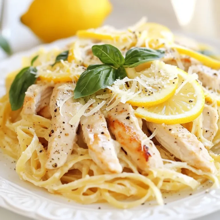 - 2 boneless, skinless chicken breasts, sliced into strips - 8 oz linguine or spaghetti pasta - 3 tablespoons olive oil - 3 cloves garlic, minced - Zest of 1 lemon - 1/4 cup fresh lemon juice - 1/2 cup heavy cream - 1/2 cup grated Parmesan cheese - Salt and pepper to taste - Fresh basil leaves, for garnish When measuring, use a dry measuring cup for pasta. For liquids like lemon juice and cream, use a liquid measuring cup. This helps ensure accuracy. Use a kitchen scale for the chicken to get the right amount. Choose fresh ingredients for the best flavor. Look for chicken breasts that are firm and pink. The pasta should be high quality, like durum wheat. For the lemon, pick ones that feel heavy for their size. Fresh herbs like basil should be vibrant and green. Always check the expiration date on dairy products. {{ingredient_image_1}} First, boil a large pot of salted water. Add 8 ounces of linguine or spaghetti. Cook the pasta until it is al dente, usually around 8-10 minutes. Drain the pasta and set it aside. Don’t forget to save 1/2 cup of the pasta water. This water will help later. While the pasta cooks, heat 2 tablespoons of olive oil in a large skillet over medium heat. Slice 2 boneless, skinless chicken breasts into strips. Season them with salt and pepper. Add the chicken to the skillet and cook for 5-7 minutes. Make sure the chicken is browned and cooked through. Once done, take the chicken out and set it aside. In the same skillet, add another tablespoon of olive oil. Toss in 3 minced garlic cloves and sauté for 1 minute. Be careful not to burn the garlic, as it can turn bitter. Next, add the zest of 1 lemon and 1/4 cup of fresh lemon juice. Let it bubble for a minute to mix the flavors. Lower the heat and stir in 1/2 cup of heavy cream and 1/2 cup of grated Parmesan cheese. Mix until the cheese melts and the sauce is creamy. If the sauce is too thick, add some reserved pasta water until you like the consistency. Now, add the cooked chicken and drained pasta to the skillet. Toss everything together, so the pasta and chicken are well coated in the lemon sauce. Taste and adjust the salt and pepper if needed. This step brings all the flavors together. Plate the pasta while it’s warm. Garnish each plate with fresh basil leaves for a pop of color and flavor. This dish looks vibrant and tastes fantastic. Enjoy your Lemon Chicken Pasta! To boost the flavors in lemon chicken pasta, think about fresh herbs. Fresh basil adds a great touch. You can also use parsley for a nice color and taste. A pinch of red pepper flakes gives it a slight kick. For a richer flavor, consider adding a splash of white wine when you cook the garlic. Wine can bring a depth that works well with lemon. One common mistake is overcooking the chicken. Always check it at 5 to 7 minutes. If it turns dry, the dish loses its charm. Another mistake is forgetting to reserve pasta water. This water helps make the sauce creamy. Also, don’t skip the lemon zest. It adds a bright flavor that makes this dish special. Cook the pasta in salted water for the best taste. The salt helps flavor the pasta itself. When cooking the chicken, don’t overcrowd the pan. This keeps the heat high and browns the chicken evenly. For the sauce, stir gently. This helps the cream and cheese blend smoothly. Lastly, toss everything together in the skillet. This ensures the pasta and chicken soak up all the delicious lemon sauce. Pro Tips Use Fresh Ingredients: Fresh lemon juice and zest make a significant difference in flavor compared to bottled options. Reserve Pasta Water: Always save some pasta cooking water; it helps adjust the sauce's consistency and adds starch for a creamier texture. Don’t Overcook Chicken: To maintain juiciness, cook chicken until it’s just done; it will continue cooking slightly after being removed from the heat. Experiment with Herbs: Feel free to add other fresh herbs like parsley or dill for an extra burst of flavor and freshness. {{image_2}} To make this dish vegetarian, swap the chicken for sautéed mushrooms or zucchini. Both options add great texture and flavor. You can also use chickpeas for added protein. For the pasta, stick to the original choice or try whole wheat for extra fiber. The lemon sauce pairs well with these veggies. If you need a gluten-free option, choose gluten-free pasta made from rice or corn. These types cook well and taste great. Just make sure to check the sauce ingredients for gluten. Use gluten-free flour to thicken the sauce if needed. This way, you can still enjoy a creamy lemon pasta without worry. You can boost the flavor with some fun add-ins. Consider tossing in sun-dried tomatoes or roasted red peppers for a tangy punch. Fresh spinach adds color and nutrients, while capers lend a briny note. For spice lovers, a pinch of red pepper flakes brings warmth. Feel free to mix and match these options to create your perfect dish! You can store leftover lemon chicken pasta in an airtight container. Make sure it cools down first. Place it in the fridge for up to three days. If you want to keep it longer, consider freezing it. To reheat, use a skillet over low heat. Add a splash of water or broth to avoid drying it out. Stir often until warm. You can also use the microwave. Heat in short bursts, stirring in between. This way, it heats evenly. If you freeze lemon chicken pasta, do so without the fresh basil. Basil does not freeze well. Place the pasta in a freezer-safe container or bag. It can last up to three months. When ready to eat, thaw it in the fridge overnight before reheating. The best pasta for lemon chicken pasta is linguine or spaghetti. Both types hold the creamy sauce well. They also complement the chicken and lemon flavors nicely. You can choose either based on your preference. If you want a heartier option, try fettuccine. Yes, you can make this dish in advance. Cook the pasta and chicken first, then store them separately. Keep the lemon sauce in an airtight container. When ready to eat, reheat everything on low heat. Add a splash of water to thin the sauce if needed. Lemon chicken pasta can be a healthy choice. It has lean chicken and fresh lemon juice. The dish does include heavy cream and cheese, which add calories. You can make it lighter by using less cream or whole milk. Balance it with a side salad for more nutrients. Yes, you can replace heavy cream with lighter options. Use half-and-half or whole milk for a lower fat content. You can also try Greek yogurt for creaminess without the extra calories. Just mix it in slowly to avoid curdling when heating. In this blog post, we explored how to create a delicious lemon chicken pasta with clear steps. I shared ingredient details, step-by-step cooking methods, and helpful tips. You learned how to enhance flavors and avoid common mistakes. I also covered variations for different diets and storage tips for leftovers. Overall, this dish is versatile and easy to make. With the right ingredients and technique, you can enjoy a great meal. Happy cooking!