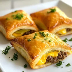 To make tasty cheeseburger pocket bites, gather these main ingredients: - 1 package of refrigerated crescent roll dough - 1 pound ground beef - 1 teaspoon onion powder - 1 teaspoon garlic powder - Salt and pepper to taste - 1 cup shredded cheddar cheese - 1/4 cup dill pickles, diced - 1 tablespoon mustard - 1 tablespoon ketchup - 1 egg (for egg wash) These ingredients work together to create a delicious and satisfying snack. You can personalize your cheeseburger pocket bites with these options: - Chopped onions or bell peppers for extra crunch - Bacon bits for smoky flavor - Sliced jalapeños for heat - Different types of cheese, like pepper jack or mozzarella - Fresh herbs, like parsley or chives, for freshness Feel free to mix and match to suit your taste. If you have specific dietary needs, here are some swaps: - Use ground turkey or chicken instead of beef for a leaner option - Choose dairy-free cheese for a lactose-free version - Use whole wheat crescent roll dough for a healthier crust - Replace pickles with avocado for a creamy texture These substitutions keep the recipe enjoyable for everyone. {{ingredient_image_1}} 1. First, preheat your oven to 375°F (190°C). This helps cook the bites evenly. 2. Next, grab a skillet and cook the ground beef over medium heat. Stir until it browns. Drain any fat that forms in the pan. 3. Now, add onion powder, garlic powder, salt, and pepper to the beef. Stir well and cook for one more minute. This blends all the flavors nicely. 4. Turn off the heat and mix in the cheddar cheese, diced pickles, mustard, and ketchup. Let this mixture cool a bit. 5. Roll out the crescent roll dough on a floured surface. Pinch the seams to form one big sheet. Cut it into 4x4-inch squares. 6. Take a tablespoon of the beef mixture and place it in the center of each square. 7. Fold the corners over the filling to create a pocket. Press the edges tightly to seal. 8. In a small bowl, beat the egg. Brush this egg wash over the tops of your pocket bites. This gives them a nice golden color. 9. Place your filled pockets on a baking sheet lined with parchment paper. 10. Bake these bites for 12-15 minutes until they turn golden brown. 11. Allow them to cool a little before serving. - Look for the beef to be completely brown with no pink bits. - The dough should be rolled out evenly with no tears or holes. - When sealing the pockets, ensure they are tightly closed to avoid leaks. - The egg wash should create a shiny, golden finish when baked. - Use pre-diced pickles to cut down on prep time. - Cook the beef while you prepare the dough; multitasking saves time. - Make the filling ahead of time and store it in the fridge for quick assembly. - Use a pizza cutter to quickly slice the crescent dough into squares. To get a nice, golden crust on your cheeseburger pocket bites, follow these tips: - Use fresh crescent roll dough for the best texture. - Pinch the seams tightly to avoid leaks. - Brush the tops with egg wash for a shiny finish. - Bake on parchment paper to prevent sticking. - Keep an eye on the oven. Every oven heats differently! To make your pocket bites extra tasty, try these ideas: - Add a splash of Worcestershire sauce to the beef mix for depth. - Mix in some chopped onions or bell peppers for crunch. - Serve with a side of spicy ketchup or creamy ranch. - Garnish with fresh herbs like parsley for color. - Offer toppings like diced onions or jalapeños on the side. Avoid these common pitfalls to ensure your pocket bites turn out great: - Don’t overfill the pockets; too much filling can cause spills. - Make sure the beef is cooled before sealing the dough. - Skip the egg wash at your own risk; it helps with browning. - Don’t skip the resting time after baking; this helps them set. - Remember, baking time varies, so check often to prevent burning. Pro Tips Chill the Dough: Keep your crescent roll dough in the refrigerator until you're ready to use it. This will make it easier to handle and shape into pockets. Customize the Filling: Feel free to add other ingredients to your beef mixture, such as sautéed onions, bell peppers, or even bacon for an extra flavor boost. Seal Tightly: Ensure that the edges of your pocket bites are sealed well to prevent any filling from leaking during baking. Serve Fresh: These pocket bites are best served warm right out of the oven. If you're making them ahead of time, reheat in the oven for the best texture. {{image_2}} You can switch up the filling in many ways. Try adding cooked bacon bits for a smoky taste. Chopped onions or bell peppers can add crunch and extra flavor. For spice lovers, add jalapeños for a kick. You can also use different kinds of cheese, like pepper jack or Swiss. Mixing in some barbecue sauce can give a sweet twist. These simple changes make each bite exciting. For a healthier option, replace the ground beef with black beans or lentils. Both offer great protein without meat. You can also use quinoa as a base for a hearty filling. Add diced veggies like carrots, mushrooms, or spinach for more nutrients. To keep it cheesy, use low-fat cheese or a dairy-free alternative. These options keep the flavor while being lighter on calories. Dipping sauces can elevate your pocket bites. Try making a spicy ranch sauce by mixing ranch dressing with hot sauce. A creamy garlic sauce is another great choice, made from mayonnaise and minced garlic. For a tangy dip, mix ketchup with a splash of pickle juice. You can also serve them with a sweet chili sauce for a fun twist. These sauces add more flavor and fun to your meal. To keep your cheeseburger pocket bites fresh, let them cool completely. Place them in an airtight container. You can store them in the fridge for up to three days. Make sure to separate layers with parchment paper to avoid sticking. When it's time to enjoy your leftovers, preheat your oven to 350°F (175°C). Place the pocket bites on a baking sheet. Heat for about 10-12 minutes. This method keeps the crust crispy. Avoid using the microwave, as it can make the dough soggy. If you want to save some bites for later, freezing is a great option. First, let them cool completely. Wrap each pocket bite in plastic wrap. Then, place them in a freezer-safe bag. You can freeze them for up to three months. To eat, thaw in the fridge overnight and reheat in the oven. Cheeseburger pocket bites are mini pastries filled with seasoned ground beef and cheese. You wrap the filling in crescent roll dough, making them fun and easy to eat. They are perfect for parties, snacks, or a quick meal. The mixture includes cheddar cheese, pickles, mustard, and ketchup, which gives them a classic cheeseburger flavor. You can prepare cheeseburger pocket bites ahead of time. First, make the beef mixture and let it cool. Then, fill the dough with the mixture and seal the pockets. Instead of baking them, place the unbaked bites on a baking sheet. Cover them with plastic wrap and refrigerate for up to 24 hours. When ready to serve, bake straight from the fridge. You may need to add a few extra minutes to the baking time, so watch for that golden brown color. Yes, you can mix up the cheese and meat in cheeseburger pocket bites. For cheese, try mozzarella or pepper jack for a spicy kick. You can also use ground turkey or chicken instead of beef for a lighter option. Feel free to get creative and add your favorite toppings or spices to suit your taste! Cheeseburger Pocket Bites are fun and easy to make. We covered ingredients, customization, and cooking steps. Remember, choosing the right fillings makes a big flavor difference. Follow the tips to avoid common mistakes and achieve that golden crust. You can also explore variations like healthier options or unique dips. Now, you have all the tools to create delicious pocket bites. Enjoy the process!