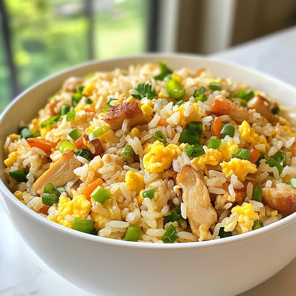 - 2 cups cooked jasmine rice (day-old preferred) - 1 pound chicken breast, diced - 1 cup mixed vegetables (peas, carrots, corn) - 2 tablespoons soy sauce - 2 tablespoons sesame oil - Salt and pepper to taste - 2 green onions, sliced - 2 eggs, beaten - 3 cloves garlic, minced - 1 teaspoon ginger, minced - Fresh cilantro for garnish The main ingredients for Blackstone chicken fried rice are simple and easy to find. Day-old jasmine rice works best. It stays firm and doesn’t clump together. For protein, use diced chicken breast. This meat cooks quickly and adds great flavor. Mixed vegetables bring color and nutrients. Peas, carrots, and corn are perfect choices. For seasoning, soy sauce and sesame oil add depth. These ingredients balance the dish. Don’t forget salt and pepper to taste. They enhance all the flavors. Lastly, the additional ingredients finish off your meal. Sliced green onions add a fresh crunch. Beaten eggs bring richness. Minced garlic and ginger give an aromatic kick. Fresh cilantro makes for a lovely garnish. This combination creates a tasty and vibrant dish. {{ingredient_image_1}} First, heat your Blackstone griddle to medium-high. This step is key for even cooking. Next, add 1 tablespoon of sesame oil to one side of the griddle. The oil helps to prevent sticking and adds great flavor. Now, season the diced chicken breast with salt and pepper. Once the griddle is hot, add the chicken to the oil. Cook it for about 5 to 7 minutes. You want it to be fully cooked and nicely browned. After cooking, remove the chicken and set it aside. On the same side of the griddle, pour in the beaten eggs. Scramble them until fully cooked. Once done, mix the eggs with the cooked chicken. This adds protein and richness to your fried rice. On the other side of the griddle, add the remaining tablespoon of sesame oil. Toss in the minced garlic and ginger. Sauté them for about 30 seconds until fragrant. Next, add the mixed vegetables. Cook them for another 2 to 3 minutes until heated through. Now, stir in the day-old jasmine rice. Break up any clumps as you mix. Pour the soy sauce over the rice. This adds that classic fried rice flavor. Finally, mix in the chicken and scrambled eggs thoroughly. Toss in the sliced green onions for a fresh crunch. Check your seasonings and adjust with more salt or pepper if needed. Cook everything together for an additional 2 minutes. This helps all the flavors meld perfectly. When making fried rice, day-old rice is best. It has dried out a bit, which helps it fry evenly. Fresh rice can turn mushy when cooked. I suggest using jasmine rice for its nice aroma and flavor. Long-grain rice also works well since it stays separate during cooking. For cooking on a Blackstone griddle, heat is key. Set the griddle to medium-high heat for even cooking. This helps get a nice sear on the chicken and veggies. Avoid overcrowding the griddle. This lets everything cook properly and not steam. Want to boost flavor? Add some extra spices like chili flakes or a splash of hot sauce. You can also try adding teriyaki or oyster sauce for a twist. For a fresh touch, toss in bell peppers or snap peas. They add crunch and color to your meal. Pro Tips Use Day-Old Rice: Day-old jasmine rice works best for fried rice as it is drier and prevents clumping, resulting in a better texture. High Heat for Stir-Frying: Ensure your griddle is at medium-high heat to achieve that perfect sear on the chicken and vegetables, enhancing flavor. Customize Your Veggies: Feel free to add any vegetables you have on hand, such as bell peppers or broccoli, for more color and nutrition. Garnish for Flavor: Don't skip the fresh cilantro and green onions; they add a burst of freshness that elevates the dish significantly. {{image_2}} You can switch up the protein in this dish. Instead of chicken, try shrimp, beef, or tofu. Each option gives a unique taste. Shrimp cooks fast and adds a sweet flavor. Beef offers a hearty bite. Tofu is great for a plant-based meal. Just make sure to adjust cooking times. Feel free to change the veggies too. Bell peppers or broccoli work well. Bell peppers add a crunch and sweetness. Broccoli brings a nice texture and color. You can also use snap peas or zucchini for variety. Mix and match to suit your taste! If you like heat, add chili sauce or fresh peppers. Sriracha is a popular choice. It gives a nice kick without overpowering the dish. You can also try diced jalapeños for a fresh spice. Just start with a little and taste as you go. This way, you can find the level of heat you enjoy! To keep your chicken fried rice fresh, store it in an airtight container. This helps keep the flavors locked in. Make sure to cool the rice to room temperature before sealing it. This way, it won’t trap steam and become soggy. Fried rice can stay fresh in the fridge for about three to four days. Just remember to label the container with the date so you know when to use it. You can reheat the fried rice on a Blackstone griddle or in the microwave. For the griddle, heat it on medium. Add a little sesame oil to prevent sticking. Spread the rice evenly on the griddle and stir occasionally until hot. If using the microwave, place the rice in a microwave-safe bowl. Cover it with a damp paper towel to keep it moist. Heat in short bursts of one to two minutes, stirring in between, until hot. Freezing fried rice is easy and great for meal prep. First, let it cool completely. Then, divide it into portions. Use freezer-safe bags or containers, leaving some space for expansion. Label each bag with the date. Fried rice can last in the freezer for up to three months. When you're ready to eat, just thaw it in the fridge overnight before reheating. You can use fresh rice, but day-old rice is better. Day-old rice is drier. It helps the grains stay separate. Fresh rice tends to be sticky. This can make your fried rice mushy. If you use fresh rice, spread it out to cool first. If you don’t have a Blackstone griddle, you can use a regular pan. A large skillet works well too. Just make sure it has high sides. This will help keep the rice from spilling out. You may need to adjust the heat. Keep an eye on it to avoid burning. Blackstone chicken fried rice can be a healthy meal. It has lean chicken and veggies. You control the amount of oil and soy sauce. Use less oil for a lighter dish. Add more vegetables for extra nutrients. It can fit into a balanced diet easily. To make this recipe vegetarian, skip the chicken. You can use tofu or tempeh instead. Just cube it and cook like chicken. Add extra vegetables too. Peppers, mushrooms, or snap peas work great. You still get a tasty meal without meat. Fried rice pairs well with many side dishes. Try spring rolls for a crunchy snack. A simple salad adds freshness. You can also serve dumplings for a fun touch. Stir-fried veggies make a great side too. Each option complements the fried rice well. This blog shared a quick and easy recipe for Blackstone chicken fried rice. You learned about key ingredients like jasmine rice, chicken, and mixed veggies. I outlined the step-by-step cooking process and helpful tips for perfect results. You also discovered ways to customize the dish and store leftovers. In the end, this fried rice can fit any meal. With a few simple changes, you can enjoy a delicious meal anytime. Now, take these ideas and make your Blackstone fried rice a hit!