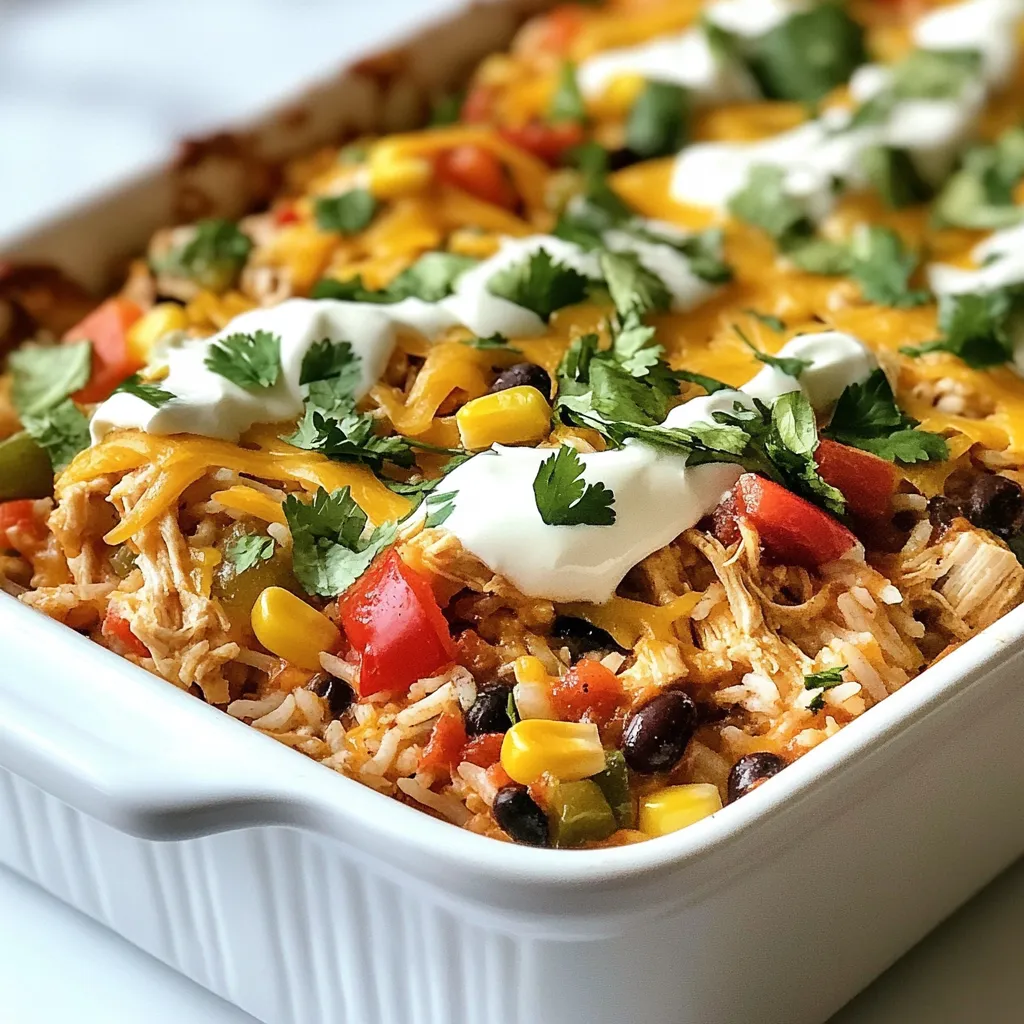 For a tasty Fajita Chicken Casserole, you'll need some simple ingredients. Here’s what you’ll gather: - 2 cups cooked chicken, shredded - 1 cup bell peppers (red, green, and yellow), sliced - 1 medium onion, sliced - 2 cups cooked brown rice - 1 can (15 oz) black beans, rinsed and drained - 1 cup corn (fresh or frozen) - 1 cup salsa - 1 teaspoon cumin - 1 teaspoon chili powder - 1/2 teaspoon garlic powder - 1/2 teaspoon onion powder - 1 cup shredded cheddar cheese - 1 cup sour cream - 2 tablespoons olive oil - Fresh cilantro for garnish This mix of flavors gives you a great taste profile. The chicken adds protein, while the beans and rice provide a hearty base. The peppers and onions bring crunch and color. Salsa adds zest, and the spices give it a nice kick. Don’t forget the cheese and sour cream for creamy goodness! This recipe is all about balance and fun. {{ingredient_image_1}} 1. Preheat the oven to 350°F (175°C). This sets the stage for baking. 2. Sauté vegetables: In a large skillet, heat 2 tablespoons of olive oil over medium heat. Add 1 cup of sliced bell peppers and 1 medium sliced onion. Cook for about 5-7 minutes. You want them soft and colorful. 1. Combine all core ingredients: In a large bowl, mix 2 cups of shredded cooked chicken, the sautéed veggies, 2 cups of cooked brown rice, 1 can of rinsed black beans, and 1 cup of corn. Add 1 cup of salsa, 1 teaspoon of cumin, 1 teaspoon of chili powder, 1/2 teaspoon of garlic powder, and 1/2 teaspoon of onion powder. Stir until everything is well mixed. 2. Preparing the baking dish: Take a greased 9x13 inch baking dish. Pour the mixture into it and spread it evenly across the bottom. 1. Spread sour cream and cheese: On top of the casserole, spread 1 cup of sour cream. Next, sprinkle 1 cup of shredded cheddar cheese evenly over the sour cream. 2. Baking time and tips: Place the dish in the oven and bake for about 25-30 minutes. Look for the cheese to be bubbly and slightly golden. After baking, let it cool for about 5 minutes. This makes serving easier. Enjoy your tasty Fajita Chicken Casserole! - Ensuring even cooking: Cut your bell peppers and onions into similar sizes. This helps them cook evenly. Use medium heat when sautéing. Stir often to avoid burning. - Tips for better flavor: Use fresh spices like cumin and chili powder. They add depth. Consider marinating chicken in salsa for extra flavor before cooking. A squeeze of lime juice can brighten up the dish. - Ideal side dishes: Serve with a simple green salad. It adds freshness. Tortilla chips with guacamole or salsa are great too. They offer a nice crunch. - Pairing with beverages: A light beer or a fruity mocktail complements this dish well. Try a sparkling water with lime for a refreshing choice. - Alternatives for chicken: You can use shredded beef or turkey. Tofu or tempeh works well for a vegetarian option. - Substituting beans and veggies: Swap black beans for pinto beans if you prefer. You can also add more veggies like zucchini or spinach for extra nutrition. Pro Tips Use Leftover Chicken: This recipe is perfect for using up leftover roasted or grilled chicken for added flavor. Customize Your Veggies: Feel free to add or substitute other vegetables like zucchini or mushrooms based on your preference. Make It Spicy: If you like it spicy, consider adding jalapeños or a dash of hot sauce to the mixture. Cheese Variations: Experiment with different types of cheese such as pepper jack or Monterey Jack for a unique flavor twist. {{image_2}} To make this delicious casserole gluten-free, you can use quinoa or another gluten-free grain. Quinoa adds a nutty flavor and boosts the protein. Just cook the quinoa according to the package. Then, mix it in with your other ingredients. This swap keeps the dish tasty and safe for those with gluten issues. If you love heat, try adding jalapeños or hot sauce to your casserole. Jalapeños give a fresh kick, while hot sauce can add depth. You can mix them in with the other ingredients or top the dish right before serving. Adjust the amount to match your spice tolerance. For a vegetarian twist, replace the chicken with tofu or extra veggies. Firm tofu works best. Press and cube it before adding it to the mix. You can also use more bell peppers, zucchini, or mushrooms. This option keeps the dish filling and flavorful for everyone. To keep your Fajita Chicken Casserole fresh, store leftovers in an airtight container. Make sure the dish cools down first. Place it in the fridge for up to three days. This helps maintain its taste and texture. If you want to enjoy it later, freezing is a great option. To freeze, first let the casserole cool completely. Cut it into individual portions for easy reheating. Wrap each portion tightly in plastic wrap, then place it in a freezer-safe bag. This prevents freezer burn. You can keep it in the freezer for up to three months. When you are ready, just remove it from the freezer and thaw it in the fridge overnight. For reheating, the oven is best to keep it moist. Preheat your oven to 350°F (175°C). Place the casserole in an oven-safe dish. Cover it with foil to keep the moisture in. Heat for about 20-25 minutes or until hot. You can also reheat portions in the microwave. Cover with a damp paper towel to avoid drying out. Heat in short bursts, checking often, until warm. Enjoy your meal just like it was fresh! Making Fajita Chicken Casserole takes about 45 minutes in total. You need 15 minutes for prep and 30 minutes for cooking. This timing is quick for a delicious meal. Yes, you can prep this casserole ahead of time. Chop the veggies and shred the chicken. Mix all ingredients in your baking dish. Cover and store in the fridge. You can bake it later when ready. This saves time on busy nights. Fajita Chicken Casserole pairs well with many sides. Consider serving it with: - Fresh salad - Cilantro lime rice - Tortilla chips - Guacamole - Sour cream on top These add great flavor and texture to your meal. Enjoy the fun mix of tastes! This blog post covered a flavorful Fajita Chicken Casserole recipe. You learned about the ingredients, preparation steps, and baking tips. We also explored ways to customize the dish, from gluten-free options to spicy twists. Proper storage and reheating methods ensure that your leftovers stay tasty. Remember, this recipe is simple to make and can fit any meal plan. Enjoy creating your casserole and impressing your family and friends with this dish!