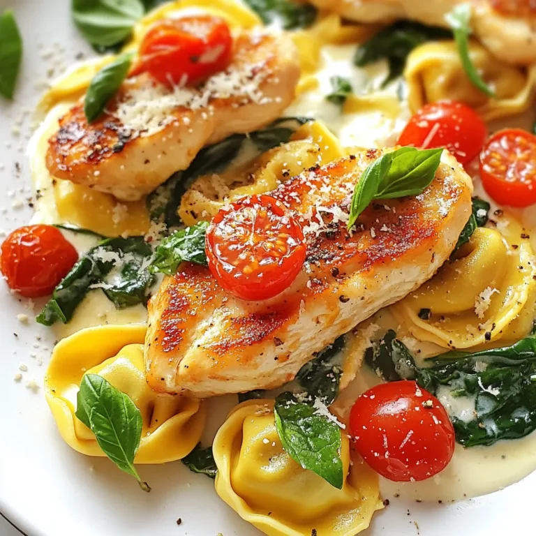 To make Marry Me Chicken Tortellini, you need fresh and flavorful ingredients. Here’s what you will need: - 2 boneless, skinless chicken breasts - 1 teaspoon garlic powder - 1 teaspoon Italian seasoning - Salt and pepper to taste - 2 tablespoons olive oil - 1 cup cherry tomatoes, halved - 1 cup heavy cream - ½ cup chicken broth - 1 cup spinach, chopped - 1 package (9 oz) cheese tortellini - ½ cup grated Parmesan cheese - Fresh basil leaves for garnish These ingredients combine to create a rich and creamy dish. The chicken gives protein, while the tortellini adds heartiness. You might already have some of these pantry staples. Here’s a quick list: - Olive oil - Garlic powder - Italian seasoning - Salt - Pepper - Chicken broth These items are essential for flavor. They help create that comforting taste you crave after a long day. Garnishes make your dish look and taste even better. Here are some great options: - Fresh basil leaves Basil adds a bright, fresh flavor. It also makes your plate look pretty! You can chop it or leave the leaves whole for a pop of color. Use these ingredients and tips to make your Marry Me Chicken Tortellini shine. Each element plays a key role in crafting a meal that feels special, even on a busy weeknight. {{ingredient_image_1}} To start, take the two boneless, skinless chicken breasts. Season them well with garlic powder, Italian seasoning, salt, and pepper. This step adds great flavor. Heat two tablespoons of olive oil in a large skillet over medium heat. Once it’s hot, add the chicken. Cook each side for about 5-6 minutes. You want the chicken to be golden brown and fully cooked. After cooking, remove the chicken from the skillet and set it aside. In the same skillet, add one cup of halved cherry tomatoes. Cook them for about 2-3 minutes, until they start to soften. Next, pour in one cup of heavy cream and half a cup of chicken broth. Stir the mixture well and bring it to a gentle simmer. This will create a rich, creamy sauce. Add one cup of chopped spinach and let it cook down for about 2 minutes. The spinach will wilt nicely in the sauce. While the sauce simmers, cook one package of cheese tortellini according to the package instructions. Once cooked, drain the tortellini and add it to the skillet with the creamy sauce. Slice the cooked chicken breasts and place them on top of the tortellini. Sprinkle half a cup of grated Parmesan cheese over everything. Stir gently to combine all the flavors. Serve hot and garnish with fresh basil leaves. This adds a lovely aroma and a pop of color to your dish. Enjoy your meal! To make the chicken tender and juicy, start with quality meat. Choose boneless, skinless chicken breasts. Season them well with garlic powder, Italian seasoning, salt, and pepper. This brings out the flavor. Heat olive oil in a skillet over medium heat. Once hot, add the chicken. Cook for 5-6 minutes on each side. You want them golden brown and fully cooked. This step is key to having great meat in your dish. For a rich and creamy sauce, you need heavy cream. Pour the cream into the skillet after cooking the tomatoes. Mix it well with chicken broth. This creates a smooth base. Don’t forget to add chopped spinach next. It adds color and nutrition. Stir the mixture until it simmers gently. This way, the sauce thickens and becomes creamy. Add grated Parmesan cheese at the end. It melts into the sauce and enhances the flavor. To make this meal special, serve it in elegant bowls. Garnish each bowl with fresh basil leaves for a pop of green. You can also sprinkle more Parmesan cheese on top. Pair this dish with a light salad or garlic bread. A glass of white wine complements the flavors well. Light some candles for a cozy atmosphere. This dish is not just a meal; it’s an experience. Enjoy every bite! Pro Tips Use Fresh Ingredients: For the best flavor, opt for fresh spinach and ripe cherry tomatoes to elevate your dish. Perfectly Cooked Chicken: Ensure your chicken is cooked to an internal temperature of 165°F (75°C) for safety and juiciness. Customize Your Cheese: Feel free to experiment with different cheeses like mozzarella or goat cheese for a unique twist. Garnishing Tip: Add a squeeze of lemon juice over the dish before serving for a refreshing zing that complements the flavors. {{image_2}} You can easily make a vegetarian version of Marry Me Chicken Tortellini. Swap the chicken for hearty mushrooms or zucchini. Use extra firm tofu for protein. Season it just like the chicken to keep that rich flavor. Add more veggies like bell peppers or carrots to enhance the dish. You still get that creamy sauce with the same delicious taste. If you need a gluten-free meal, choose gluten-free tortellini. Many brands offer tasty options made from rice or chickpeas. Make sure to check the label for gluten-free certification. You can also use gluten-free pasta, like penne or fusilli. The sauce remains creamy and packed with flavor. Cheese adds a lovely touch to this dish. Instead of Parmesan, you can try pecorino or asiago for a different flavor. If you want a creamy finish, use cream cheese or mascarpone. Mixing cheeses can elevate the taste and richness. Just sprinkle your choice on top for a cheesy finish. After you finish your meal, let the dish cool down. Place any leftovers in an airtight container. It will stay fresh in the fridge for up to three days. Make sure to store the chicken and tortellini together. This keeps the flavors intact. Always label the container with the date. This way, you know how long it's been there. If you want to save some for later, freezing is a great option. First, allow the dish to cool completely. Then, transfer it to a freezer-safe container. Make sure to leave some space at the top for expansion. You can freeze it for up to three months. When you’re ready to eat, just thaw it in the fridge overnight. To reheat, you can use the microwave or stovetop. If using the microwave, place your serving in a bowl. Cover it with a damp paper towel to keep it moist. Heat it for about two minutes, stirring halfway. If you prefer the stovetop, heat it in a skillet over low heat. Add a splash of chicken broth or cream to keep it creamy. Stir until it's hot and ready to enjoy again. Marry Me Chicken is a fun dish. It got its name because people say it’s so good, it can make someone want to propose! The dish mixes chicken with creamy sauce and pasta. It has roots in Italian cooking. However, it gained fame on social media. Now, many love to make it at home, especially with tortellini. Yes, you can use other pasta types. Any pasta shape works well. Try penne, fettuccine, or even spaghetti. Just cook it as the package says. Make sure to mix it well with the sauce. The key is to enjoy the creamy flavors, no matter the pasta. To spice things up, add red pepper flakes. Start with a pinch and taste. You can also use spicy sausage instead of chicken. Another option is to add jalapeños or hot sauce. Adjust the spice to fit your taste. Enjoy the heat with the creamy sauce! In this article, I covered how to make Marry Me Chicken Tortellini. We reviewed the main ingredients, like chicken and tortellini, and key pantry items. I shared tips for cooking chicken and creating a creamy sauce. You can enjoy variations for gluten-free or vegetarian diets. In the end, this dish brings warmth and love to the table. Whether for a romantic dinner or a cozy night in, it’s sure to impress. Enjoy making this flavorful meal your own!